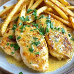 - 4 boneless chicken fillets - 1 cup heavy cream - 1 cup grated Parmesan cheese - 4 cloves garlic, minced - 2 tablespoons olive oil The main ingredients give this dish its rich and creamy flavor. Boneless chicken fillets are easy to cook and absorb the sauce well. Heavy cream and grated Parmesan cheese create a luscious, velvety sauce. Minced garlic adds a bold aroma, while olive oil helps with cooking and adds flavor. - 1 teaspoon dried oregano - 1 teaspoon salt - 1/2 teaspoon black pepper - 2 large potatoes, cut into fries - 1 tablespoon cornstarch - Fresh parsley, chopped (for garnish) The additional ingredients enhance the taste of your meal. Dried oregano adds an earthy note. Salt and black pepper season the chicken and fries perfectly. Large potatoes make for crispy fries, and cornstarch helps them turn golden. Fresh parsley gives a pop of color and freshness. For the full recipe, check out the complete guide. First, preheat your oven to 425°F (220°C). This high heat helps the fries get crispy. While it warms up, take two large potatoes and cut them into fry shapes. You want them thin, so they cook well. In a large bowl, toss the cut potatoes with olive oil, cornstarch, salt, and pepper. Make sure they are all coated well. Spread them out on a baking sheet in one layer. Bake for 25-30 minutes. Flip them halfway through to make sure they get golden and crispy. While the fries are baking, heat a skillet over medium heat. Add a drizzle of olive oil. Season four boneless chicken fillets with salt and pepper. Sear the chicken for about 5-6 minutes on each side. You want them golden brown and cooked through. Once done, remove the chicken from the skillet and set it aside. In the same skillet, add four cloves of minced garlic. Sauté this for 1-2 minutes until it smells great. Then, lower the heat and pour in one cup of heavy cream. Stir it as you go. Gradually add one cup of grated Parmesan cheese, dried oregano, salt, and pepper. Mix until the cheese melts and the sauce is creamy. Now, return the seared chicken fillets to the skillet. Spoon the creamy garlic Parmesan sauce over the chicken. Let it simmer for 2-3 minutes. This helps all the flavors mix well. To see all the steps in one place, refer to the Full Recipe. Enjoy your meal! To cook chicken fillets perfectly, aim for a temperature of 165°F (75°C). This ensures safety and great taste. For cooking time, about 5-6 minutes per side works well. If your fillets are thicker, add a few extra minutes. Thinner fillets cook faster. Always check for doneness by cutting into the thickest part. The meat should be white and juices clear. To add flair to your fries, try different seasonings. Garlic powder, paprika, or even parmesan cheese can elevate the taste. You can also mix herbs like rosemary or thyme for a fresh twist. For extra crispiness, soak your cut potatoes in cold water for 30 minutes. This removes excess starch. Dry them well before tossing with olive oil and cornstarch. Bake them in a single layer for the best crunch. If you want a spicier kick, add crushed red pepper flakes or hot sauce to the garlic sauce. For a milder flavor, skip the heat and focus on herbs. If you are looking for dairy-free options, use coconut cream or almond milk. For low-calorie choices, swap heavy cream with Greek yogurt. This keeps the sauce creamy without the extra calories. Explore the full recipe for more details on making this dish! {{image_2}} You can switch chicken for other proteins. Turkey fillets work well. They have a similar taste and cook quickly. If you prefer plant-based options, try tofu. It absorbs flavors well and provides a nice texture. You can also use seafood in this dish. Shrimp or scallops can be a delightful change. They cook fast and pair nicely with the creamy sauce. The creamy garlic Parmesan sauce is delicious, but you can mix things up. Try adding fresh herbs like basil or thyme for more flavor. Fresh herbs make the dish feel bright and lively. You can also experiment with different cheeses. For a sharper taste, use aged cheddar. For a milder flavor, try mozzarella. Each cheese brings a unique twist to the sauce. This dish pairs well with many sides. Crispy fries are a classic choice, but you can also serve it with rice or quinoa. These options soak up the sauce nicely. Adding a fresh salad enhances the meal. A simple green salad with a light vinaigrette works great. You can also serve warm crusty bread. It’s perfect for dipping into the creamy sauce. Try out these variations to make the dish your own. For more details, check out the Full Recipe. To keep your creamy garlic Parmesan chicken fillets fresh, start by cooling them down. Let them sit at room temperature for no more than two hours. Once cooled, place the chicken and fries in airtight containers. This helps prevent air and moisture from ruining the taste and texture. Store them in the fridge, where they will stay fresh for up to three days. When it's time to enjoy your leftovers, I recommend reheating chicken fillets in the oven. Preheat the oven to 350°F (175°C). Place the chicken in a baking dish and cover it with foil. This keeps the chicken moist. Heat for about 15-20 minutes, or until it's warmed through. For the fries, use the oven or an air fryer to keep them crispy. Spread the fries out on a baking sheet. Bake them at 400°F (200°C) for about 10-15 minutes. If you use an air fryer, set it to 350°F (175°C) for 5-8 minutes. This way, your fries will taste just as good as when they were freshly made. For the full recipe, check out the Creamy Garlic Parmesan Chicken Fillets with Fries. You can use half-and-half or whole milk for a lighter option. If you need a dairy-free choice, try coconut cream or cashew cream. These options can still give you a creamy texture. They will change the taste slightly, but they work well in this dish. Yes, you can prep a day before. Cook the chicken and make the sauce in advance. Store them in the fridge. Just heat them when you are ready to serve. You can also cut the potatoes ahead for fries. Soak them in water to keep them fresh. To keep the chicken juicy, do not overcook it. Use a meat thermometer to check the temperature. It should reach 165°F (75°C). Searing the chicken helps lock in moisture. Let it rest for a few minutes after cooking to keep it tender. Homemade fries are great for this meal. They are crispy and fresh. You can also use frozen fries for quick prep. Choose thick-cut or crinkle-cut fries for a nice crunch. Both options complement the creamy garlic Parmesan chicken well. For a twist, try sweet potato fries. They add a sweet flavor that works nicely with the dish. In this blog post, we explored how to create a tasty meal with chicken and fries. We covered the main ingredients, from chicken fillets to the creamy sauce. You learned step-by-step instructions for prepping and baking, along with tips for perfecting your dish. Remember to experiment with variations and serving ideas to suit your taste. Knowing how to store and reheat your leftovers will help you enjoy this meal later. Happy cooking! Enjoy your delicious dish with confidence!