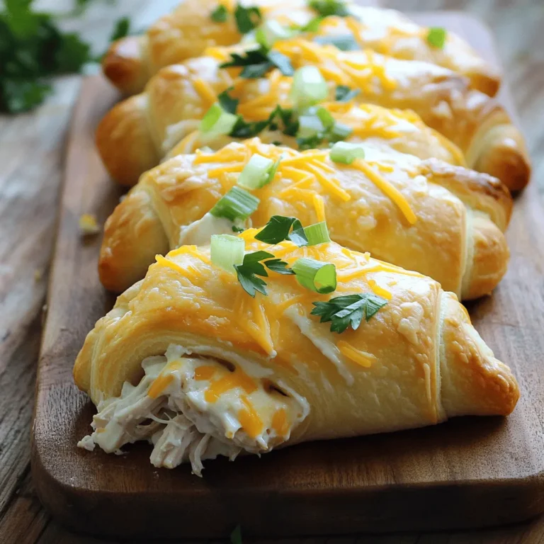- 2 cups shredded rotisserie chicken - 1 (8 oz) package cream cheese, softened - 1 cup ranch dressing The main ingredients for Crack Chicken Bake are simple yet flavorful. The rotisserie chicken saves time. It already has great flavor. Cream cheese adds a creamy texture. Ranch dressing brings a tangy taste. Together, they create a rich filling that you'll love. - 1 cup shredded cheddar cheese - 1 cup scallions, sliced (green parts only) - 1 tablespoon garlic powder - 1 teaspoon onion powder - 1 teaspoon smoked paprika - Salt and pepper to taste Adding flavor is key. Shredded cheddar cheese melts well and adds richness. Scallions give a fresh crunch. Garlic powder, onion powder, and smoked paprika boost the flavor profile. Don't forget salt and pepper to enhance everything. - 1 (16 oz) package refrigerated crescent roll dough - Fresh parsley, chopped (for garnish) The crescent roll dough is the base of this dish. It wraps around the filling nicely. It gets golden and flaky in the oven. Fresh parsley adds a pop of color and freshness when you serve it. For the full recipe, check the details above. First, grab a large mixing bowl. Add 2 cups of shredded rotisserie chicken. Next, toss in 1 package of softened cream cheese. Pour in 1 cup of ranch dressing. Mix these together until smooth. This step is key for a rich flavor. Now, it's time to spice things up! Add in 1 cup of shredded cheddar cheese, 1 cup of sliced scallions, 1 tablespoon of garlic powder, 1 teaspoon of onion powder, and 1 teaspoon of smoked paprika. Don't forget salt and pepper to taste. Mix everything well until it's fully blended. The filling should be creamy and flavorful. Next, let's work on the dough. Unroll your package of refrigerated crescent roll dough onto a clean surface. Separate it into individual triangles as shown on the package. This step is simple and quick. Take a tablespoon of your chicken filling and place it at the wide end of each dough triangle. Roll the dough around the filling, starting from the wide end and moving to the point. Pinch the edges tightly to seal them. This helps keep the filling inside during baking. Now, preheat your oven to 375°F (190°C). Take a greased baking sheet and place the rolled crescents on it. Make sure to leave space between each one for even cooking. Once all the crescents are on the tray, sprinkle the remaining cheddar cheese over the top. This adds a nice cheesy crust. Bake in the oven for 15-20 minutes. Look for a golden brown color to know they are done. When they are ready, take them out and let them cool for about 5 minutes. Garnish with fresh parsley before serving. For the full recipe, check the earlier section! To get the best flavor in your Crack Chicken Bake, use fresh ingredients. Start with rotisserie chicken. It's juicy and full of flavor. Mix it with room temperature cream cheese. This makes it easy to blend. If the cream cheese is cold, it won't mix well. Add ranch dressing for a creamy taste. Season with garlic powder and smoked paprika for depth. Always taste your mixture before you fill the dough. Adjust seasoning to your liking. When rolling out the crescent dough, work on a floured surface. This keeps the dough from sticking. Unroll it gently to avoid tearing. Place a tablespoon of your filling at the wide end of the triangle. Roll it up tightly, starting from the wide end. Pinch the edges to seal the filling inside. This step is key. If you don’t seal it well, the filling may leak out during baking. Keep an eye on your crescents as they bake. They should turn a nice golden brown. Set a timer for 15 minutes, then check. If they look pale, give them a few more minutes. Overbaking can dry them out, so watch closely. You want them soft and flaky, not hard. Once done, let them cool for five minutes. This helps the filling set and makes them easier to eat. For more tips, refer to the Full Recipe. {{image_2}} You can change the protein in Crack Chicken Bake. Instead of chicken, try turkey or ham. Both options work well and add a new taste. If you're looking for a lighter version, shredded tofu is a great swap too. You might want to switch the cream cheese. Greek yogurt can replace it for a tangy twist. Softened ricotta cheese works well too. It adds a creamy texture without being too heavy. Feel free to play with the seasonings in Crack Chicken Bake. Add some fresh herbs like thyme or basil for a bright flavor. You can also try a mix of Italian seasoning for a different vibe. If you enjoy heat, make a spicy version. Add jalapeños or crushed red pepper flakes to the filling. This brings a kick that warms the taste buds. Adjust the amount based on your spice level preference. Leftovers from Crack Chicken Bake can shine in new dishes. Chop the crescents and mix them into a salad. You can also add them to a wrap with fresh veggies for lunch. Pair your Crack Chicken Bake with simple side dishes. A fresh green salad or steamed broccoli balances the meal. You can also serve it with mashed potatoes for a cozy dinner. For more details on making this dish, check the Full Recipe. To keep your Crack Chicken Bake fresh, store leftovers in an airtight container. Refrigerate them within two hours of cooking. This keeps your dish safe and tasty. When stored properly, it can last for about 3 to 4 days in the fridge. If you want to keep it longer, freezing is a great option. To freeze, let it cool completely. Then, wrap it tightly in plastic wrap and place it in a freezer-safe bag. It can last for about 2 to 3 months in the freezer. When it's time to enjoy your leftovers, you have a few options. The oven is the best way to reheat Crack Chicken Bake. Preheat your oven to 350°F (175°C). Place the leftovers in a baking dish and cover with foil. Heat for about 15 to 20 minutes or until warm. If you're short on time, the microwave works too. Just place a serving on a microwave-safe plate and heat for 1 to 2 minutes. Make sure to check it, so it doesn't get too hot. In the fridge, your Crack Chicken Bake will last about 3 to 4 days. If you freeze it, you can keep it for 2 to 3 months. After that, the quality may decline. Be sure to label your containers with the date. This way, you know when to enjoy it at its best. It takes about 15 minutes to prep the dish. The cook time is 15-20 minutes. So, in just about 35 minutes, you can have this tasty meal ready to go. Yes, you can prep this dish ahead of time. Mix the filling and fill the crescent rolls. Then, cover and keep them in the fridge for up to a day. When you’re ready, bake them straight from the fridge. This makes dinner easy for busy nights. Crack Chicken Bake pairs well with many sides. Consider serving it with: - A fresh green salad - Roasted vegetables - Garlic bread - Mashed potatoes These sides balance the rich flavors of the bake. They also add color to your plate. Enjoy your meal! In this blog post, we explored how to make a delicious Crack Chicken Bake. We covered its main ingredients, like shredded chicken and cream cheese, and added flavor from spices and cheese. The step-by-step guide walks you through mixing, rolling, and baking the dish. With helpful tips, variations, and storage info, you can create, enjoy, and store this meal with ease. My final thought? This dish is perfect for sharing and will surely impress anyone who tries it. Dive in and enjoy your cooking!