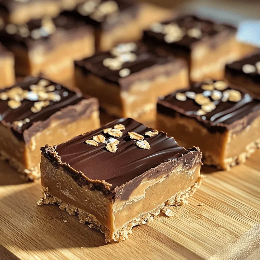 To make yummy no-bake peanut butter bars, you need a few key ingredients. Here is the list: - 1 cup creamy peanut butter - 1/2 cup honey or maple syrup - 1 1/2 cups rolled oats - 1/2 cup almond flour (or any nut flour) These ingredients create a rich, chewy base. The creamy peanut butter gives a great texture and taste. Honey or maple syrup adds sweetness, while rolled oats provide fiber. Almond flour adds a nice nutty flavor and helps bind everything together. You can add extra ingredients to boost the taste of your bars. Here are some options: - 1/4 cup unsweetened cocoa powder - 1/2 teaspoon vanilla extract - 1/3 cup dark chocolate chips (for drizzling) Cocoa powder gives a chocolatey kick. Vanilla extract adds a warm, sweet note. If you love chocolate, drizzle melted dark chocolate on top for a treat! These enhancements make your bars even more delightful. For the full recipe, check out [Full Recipe]. To start, grab a large mixing bowl. In this bowl, combine 1 cup of creamy peanut butter and 1/2 cup of honey (or maple syrup). Stir the mixture until it's smooth and well-blended. This step is crucial. It creates a sweet and nutty base for your bars. Next, add 1 1/2 cups of rolled oats and 1/2 cup of almond flour to the bowl. Stir these ingredients into the peanut butter mix until everything is combined. You want a thick dough that holds together well. If it feels too sticky, a little more almond flour can help. Now, it's time to shape your bars. Take an 8x8 inch baking dish and line it with parchment paper. Make sure to leave some overhang. This makes it easy to pull the bars out later. Transfer your peanut butter mixture into the dish. Use your hands or a spatula to press the mixture firmly into the dish. Aim for an even layer. Pressing down hard helps the bars hold their shape when you cut them later. For a special touch, you can melt 1/3 cup of dark chocolate chips. Use a microwave or a double boiler to melt the chocolate. Once it's smooth, drizzle it over your pressed mixture. This step is optional but adds a nice chocolate layer on top. After you finish drizzling, place the baking dish in the refrigerator. Let it chill for 1 to 2 hours. This allows the bars to set and firm up. Once they are ready, lift them out using the parchment paper. Cut them into bars or squares, and enjoy! You can find the full recipe [here](#). - Ensure smooth peanut butter consistency: Use creamy peanut butter. This makes mixing easier. If it's too thick, the bars can turn out dry. - Use parchment paper for easy removal: Line your baking dish with parchment paper. This helps lift the bars out easily once they set. - Overmixing the ingredients: Mix just until combined. Overmixing can make the bars tough and chewy. - Not pressing the mixture firmly enough: Press the mixture down hard in the dish. This helps the bars hold their shape when cut. - Substitute with different nut butters: Try almond or cashew butter. Each will give a unique taste and texture. - Add-ins like nuts or dried fruit: Toss in some chopped nuts or dried fruit. This adds extra flavor and crunch. For the complete recipe, check out the [Full Recipe]. {{image_2}} No-bake peanut butter bars are fun to customize. You can change them to fit your diet or taste. Here are some great ideas. Use gluten-free oats to make these bars safe for those who can't eat gluten. Most rolled oats are naturally gluten-free. Just check the label. You can also swap regular flour with nut or seed flours. Almond flour works great, but you can use sunflower seed flour for a nut-free option. This keeps your bars both tasty and gluten-free. If you want a vegan treat, replace honey with plant-based sweeteners. Maple syrup works well and keeps the sweetness. For chocolate, choose vegan chocolate chips. They melt nicely and add a rich flavor to your bars. These small changes make your bars fit a vegan lifestyle. Want to spice things up? Add a little cinnamon or nutmeg for warmth. These spices bring a new layer of flavor. You can also try flavored protein powders. Chocolate or vanilla powder can boost taste and nutrition. These additions keep your no-bake peanut butter bars exciting and different every time you make them. For even more ideas, check out the Full Recipe to explore and create your own version! To keep your no-bake peanut butter bars fresh, store them in an airtight container. This prevents air from getting in and keeps the bars from drying out. I like to use glass containers with tight lids. They are great for keeping food fresh. Place the container in the fridge. This helps maintain the bars' texture and taste. Avoid leaving them at room temperature for long. Heat can make them too soft to enjoy. In the fridge, these bars stay fresh for about a week. After that, they may begin to lose flavor and texture. If you want to keep them longer, freezing is a great option. You can freeze the bars for up to three months. Just wrap them well in plastic wrap or foil before placing them in a freezer bag. This protects them from freezer burn. When you're ready to eat, let them thaw in the fridge overnight. This way, they will be ready when you want a tasty treat. You can find the full recipe for these bars above. No-bake peanut butter bars need about 1 to 2 hours to set in the fridge. This chilling time is key for a good texture. If you let them sit longer, they will be firmer and easier to cut. I recommend checking them after an hour. If they are not firm enough, give them more time. Yes, you can swap peanut butter for other nut butters. Almond butter, cashew butter, or sunflower seed butter all work well. Each nut butter will change the taste a bit. Almond butter has a milder flavor. Cashew butter is creamier and sweeter. Sunflower seed butter is great for nut-free options and has a unique taste. Just keep in mind that the texture may change slightly. No-bake peanut butter bars can be a healthy treat. They are full of protein and healthy fats from peanut butter. The oats provide fiber, which is good for digestion. However, consider any allergies. Some may be allergic to peanuts or nuts. If you need a nut-free version, use sunflower seed butter. Overall, these bars can fit into a balanced diet when enjoyed in moderation. No-bake peanut butter bars are simple and delicious. We covered important ingredients, like peanut butter and oats. I shared step-by-step instructions for making your bars and tips to avoid common mistakes. You can also customize flavors and store them properly. These bars are perfect for a quick snack. They taste great and have healthy benefits. Enjoy your cooking and feel proud of your tasty creation!