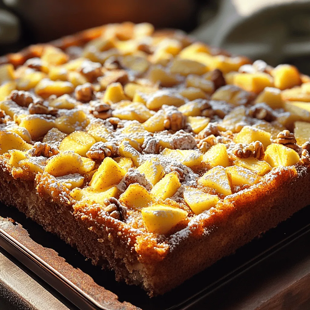 - 2 cups all-purpose flour - 1 ½ teaspoons baking powder - 1 teaspoon baking soda - 1 teaspoon ground cinnamon - ½ teaspoon salt - 1 cup granulated sugar - ½ cup brown sugar, packed - ½ cup unsalted butter, softened - 2 large eggs - 1 teaspoon vanilla extract - 1 cup buttermilk (or 1 cup milk mixed with 1 tablespoon vinegar) - 2 cups apples, peeled, cored, and diced - ½ cup chopped walnuts or pecans (optional) - ½ teaspoon nutmeg (optional) When making an apple cinnamon sheet cake, the right ingredients matter a lot. Each item plays a key role in making the cake soft and tasty. For the flour, stick with all-purpose flour. It gives the cake a nice rise. Baking powder and baking soda help the cake rise and stay fluffy. Ground cinnamon adds that warm, sweet spice flavor we all love. The sugars—granulated and brown—sweeten the cake while adding moisture. Unsalted butter makes it rich and creamy. Using eggs helps bind everything together. Vanilla extract adds a lovely aroma and taste. Buttermilk keeps the cake moist. Diced apples bring in sweetness and texture, while nuts add a nice crunch. - Substitutions for common allergens - Options for lower sugar or healthier choices If you have allergies, here are some swaps. Use gluten-free flour instead of all-purpose flour. For dairy-free, swap butter with coconut oil and buttermilk with almond milk mixed with vinegar. To cut sugar, use less granulated sugar or a sugar substitute like applesauce. This cake can still taste great without all the sugar. Adjust your ingredients to fit your health goals without losing flavor. For the full recipe, please refer to the detailed steps mentioned earlier. 1. Preheat your oven to 350°F (175°C). This ensures even baking. 2. Grease and flour a 9x13 inch baking pan. This helps the cake release easily. 3. In a medium bowl, whisk together: - 2 cups all-purpose flour - 1 ½ teaspoons baking powder - 1 teaspoon baking soda - 1 teaspoon ground cinnamon - ½ teaspoon salt Set this mixture aside. 4. In a large mixing bowl, cream together: - 1 cup granulated sugar - ½ cup brown sugar, packed - ½ cup unsalted butter, softened Mix until it looks light and fluffy. 5. Beat in: - 2 large eggs, one at a time - 1 teaspoon vanilla extract Mix well after each addition. 6. Gradually add the dry ingredients to the wet mixture. Alternate with: - 1 cup buttermilk (or 1 cup milk mixed with 1 tablespoon vinegar) Start and end with the flour mixture. Mix until just combined. 7. Gently fold in: - 2 cups apples, peeled, cored, and diced - ½ cup chopped walnuts or pecans (optional) Make sure the apples are evenly spread in the batter. 8. Pour the batter into the prepared baking pan. Spread it evenly. 9. Bake for 30-35 minutes. Check if a toothpick comes out clean. 10. Let the cake cool in the pan for 10 minutes. Transfer it to a wire rack to cool completely. For a special touch, dust the cooled cake with powdered sugar or drizzle icing made from powdered sugar and milk. Enjoy! For the complete details, check the Full Recipe. To get the perfect texture in your apple cinnamon sheet cake, follow these tips: - Use room temperature ingredients. This helps to blend the batter well. - Gently mix the dry ingredients into the wet ingredients. Overmixing can make the cake tough. - Bake at 350°F (175°C) for 30-35 minutes. Check with a toothpick; it should come out clean. When serving, you have fun topping options: - Dust the cooled cake with powdered sugar for a sweet finish. - Drizzle a simple icing made from powdered sugar and milk for extra flavor. For gatherings, cut the cake into squares. Serve with a scoop of vanilla ice cream for a treat! To evenly distribute apples, cut them into small, even pieces. This ensures each bite has apple goodness. Prevent overmixing by folding in the apples gently. You want them mixed but not crushed! This keeps the cake light and fluffy. {{image_2}} You can mix up the flavor of your Apple Cinnamon Sheet Cake in fun ways. Adding spices like nutmeg or clove can give it a warm, cozy feel. These spices add depth to the cake and make it even more inviting. I love using them, especially in fall! You can also try different types of apples. Granny Smith apples give a tart bite, while Honeycrisp adds sweetness. Fuji apples are juicy and sweet, making them a great choice too. Each apple type brings its own flavor, which can change your cake's taste. Experiment to find your favorite! If you need gluten-free options, you can use a gluten-free flour blend. Many brands make it easy to swap all-purpose flour. Just make sure to check the blend for added binders. For vegan options, replace eggs with flaxseed meal or applesauce. Use plant-based butter instead of regular butter. Almond milk or coconut milk can work well in place of buttermilk. These substitutions let everyone enjoy this cake! Decorating your cake can make it special for events. A simple dusting of powdered sugar looks elegant. You can also drizzle a simple icing made from powdered sugar and milk over the top. For creative serving, cut portions into squares and serve with whipped cream. You could also top each slice with a small scoop of vanilla ice cream. This adds a lovely touch. Your guests will be impressed! To keep your apple cinnamon sheet cake fresh, store it at room temperature. Use an airtight container to protect it from air and moisture. If you plan to eat it within a few days, this method works well. For longer storage, consider refrigerating it. Place the cake in a covered container to prevent it from drying out. You can freeze the cake to enjoy later. First, let the cake cool completely. Cut it into slices or freeze it whole. Wrap the cake tightly in plastic wrap and then in aluminum foil. This helps prevent freezer burn. To thaw, simply place it in the fridge overnight or let it sit at room temperature for a couple of hours. To reheat your apple cinnamon sheet cake, use the oven for best results. Preheat your oven to 350°F (175°C). Place the cake on a baking sheet and cover it with foil. Heat for about 10-15 minutes. This keeps the cake moist and prevents it from drying out. Enjoy your warm slice with a scoop of ice cream or a drizzle of icing! Can I use different fruits in this recipe? Yes, you can! While apples shine in this cake, you can swap them for pears or peaches. Both fruits add a sweet touch. Just make sure to peel and chop them like you would with apples. This keeps the texture nice and even. How do I know when the cake is done? Check the cake at 30 minutes. Stick a toothpick into the center. If it comes out clean, your cake is ready. If not, bake for a few more minutes. The top should also look golden brown and spring back when gently pressed. Why did my cake sink in the middle? A sinkhole often means the batter is too wet or overmixed. Ensure you measure your ingredients carefully. Mix just until combined. Also, check your oven's temperature with an oven thermometer. An oven that is too cool can also cause this. What should I do if my cake is too dry? If your cake turns out dry, it may have baked too long. To fix this, serve it with a drizzle of icing or a scoop of ice cream. You can also add a bit of apple sauce to the batter next time for more moisture. The Full Recipe for Apple Cinnamon Sheet Cake is easy and fun! This cake serves twelve people. Each slice brings a delightful mix of spice and fruit. It’s great for gatherings or cozy family nights. In terms of nutrition, each serving has about 250 calories, which makes it a sweet treat worth enjoying in moderation. The cake also provides some fiber thanks to the apples, making it a bit healthier. You now have a complete guide to making an amazing Apple Cinnamon Sheet Cake. We covered all the essential ingredients, step-by-step instructions, and useful tips. You learned about variations and how to store this delicious treat. With these insights, you can enjoy baking and sharing this cake. Remember, baking is about fun and creativity. Try different flavors and enjoy the process. Your cake will surely impress everyone at your gatherings. Happy baking!