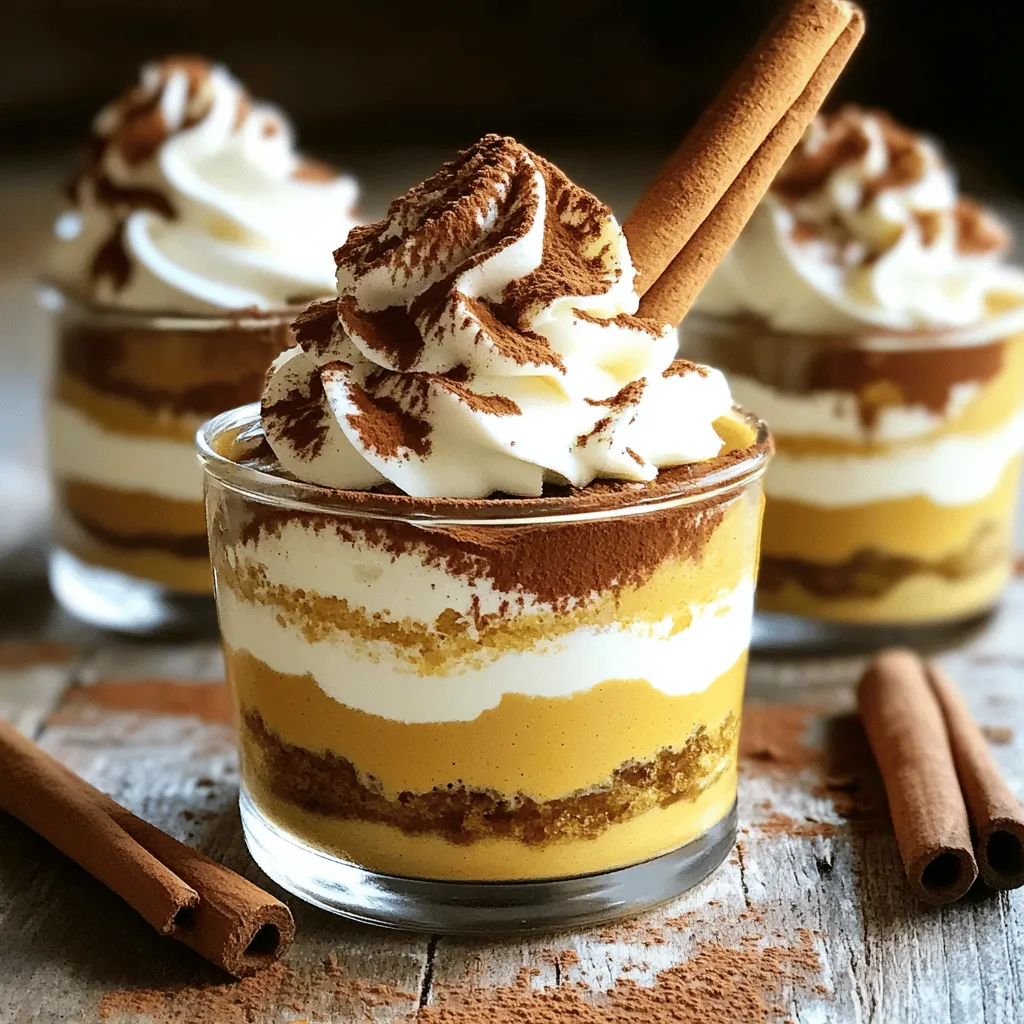 To make Pumpkin Spice Latte Tiramisu Cups, you need the following ingredients: - 1 cup brewed strong coffee (cooled) - 1/2 cup pumpkin puree - 1/2 cup mascarpone cheese - 1 cup heavy whipping cream - 1/3 cup powdered sugar - 1 teaspoon vanilla extract - 1 teaspoon pumpkin spice mix - 12 ladyfinger cookies - Cocoa powder, for dusting - Whipped cream and cinnamon sticks, for garnish - Coffee: Use any strong brewed coffee you enjoy. You can use decaf if you prefer. - Pumpkin Puree: Canned pumpkin puree works well. You can also make your own by roasting fresh pumpkin. - Mascarpone Cheese: If you can't find mascarpone, cream cheese can be a good substitute. Just mix it with a bit of cream for a smoother texture. - Heavy Whipping Cream: This is key for a light filling. You can use coconut cream for a dairy-free option. - Powdered Sugar: You can replace it with granulated sugar, but it will change the texture a bit. - Vanilla Extract: Try using almond extract for a different flavor kick. - Pumpkin Spice Mix: If you don’t have this, mix cinnamon, nutmeg, and allspice for a similar taste. - Always choose fresh ingredients for the best flavor. Fresh pumpkin puree makes a huge difference. - When buying mascarpone, look for brands that are creamy and smooth. This affects your final texture. - For the best coffee flavor, use high-quality coffee beans. Freshly brewed coffee enhances the taste. - The ladyfinger cookies should be crisp. If they're stale, they will not absorb the coffee well. - Use real whipped cream for the topping. It adds a rich flavor that canned whipped cream can’t match. These ingredients create a delicious treat that captures the cozy essence of fall. For the full recipe, check out the details provided earlier. To start, brew one cup of strong coffee. Let it cool down completely. Pour the cooled coffee into a shallow dish. Add one tablespoon of pumpkin spice mix and stir well. This mixture gives your tiramisu cups a warm, fall flavor. In a mixing bowl, combine half a cup of pumpkin puree and half a cup of mascarpone cheese. Add one-third cup of powdered sugar and one teaspoon of vanilla extract. Beat these ingredients together until they are smooth and creamy. This mixture is the heart of your dessert, rich and tasty. In another bowl, pour one cup of heavy cream. Whip it until soft peaks form. Then, add the remaining powdered sugar gradually. Keep whipping until stiff peaks are reached. This step adds lightness to your pumpkin mixture. Take your soaked ladyfingers and dip them quickly into the coffee mixture. They should be wet but not soggy. Place a layer of these ladyfingers at the bottom of each serving cup. Next, spoon a layer of the pumpkin mascarpone mixture over the ladyfingers. Repeat these layers until the cups are full. Cover each cup with plastic wrap and refrigerate for at least four hours. This chill time helps the flavors blend nicely. When ready to serve, dust the tops with cocoa powder. Add a dollop of whipped cream and a cinnamon stick for a nice touch. Enjoy these delightful cups of fall! For detailed measurements and a complete guide, check out the Full Recipe. Layering is key to a great Pumpkin Spice Latte Tiramisu Cup. Start with the ladyfingers. You want them soaked but not soggy. Dip them quickly in your coffee mixture. This keeps them firm and tasty. Place the first layer in your serving cup. Add a generous layer of the pumpkin cream next. Repeat this process until your cups are full. Aim for three layers for the best effect. Each bite should have a mix of coffee and pumpkin flavor. To boost flavor, use strong coffee. Brew it fresh and let it cool. The stronger the coffee, the better it pairs with pumpkin. You can also add a pinch of nutmeg to the pumpkin cream. This adds warmth and depth. If you like a sweeter dessert, adjust the sugar levels in the cream. Just remember to taste as you mix. This ensures your tiramisu has just the right flavor. One common mistake is over-soaking the ladyfingers. If they become too soggy, they lose their structure. Always dip quickly, as mentioned earlier. Another mistake is not chilling long enough. Letting the cups chill for at least 4 hours helps the flavors meld. This waiting time is worth it for the best taste. Lastly, don’t skip the cocoa dusting. It adds a rich finish and enhances the visual appeal of your cups. Follow these tips, and you’ll create a delightful dessert that captures the spirit of fall. For the full recipe, check the earlier section. {{image_2}} You can switch things up with different flavors. How about using chai spice instead of pumpkin spice? It adds a warm, cozy touch. You can also try using chocolate coffee for a mocha twist. This makes each bite rich and delicious. For a fruity spin, mix in some apple pie spice. It brings a fresh fall flavor to your dessert. If you need to make swaps, don’t worry! Use almond milk instead of regular milk for a dairy-free option. You can replace mascarpone with a dairy-free cream cheese. This keeps the texture smooth while catering to dietary needs. For a lighter version, try using Greek yogurt in place of heavy cream. It will still taste great! When serving these cups, presentation is key. Use clear cups to show off those lovely layers. Top each cup with a drizzle of caramel sauce for extra sweetness. You can also sprinkle chopped nuts on top for added crunch. If you want to impress, serve with a slice of pumpkin bread on the side. This adds a nice touch to your autumn gathering. For the full recipe, check out the Pumpkin Spice Latte Tiramisu Cups. Enjoy! To keep your Pumpkin Spice Latte Tiramisu Cups fresh, store them in the fridge. Use an airtight container to prevent moisture loss. These cups taste best within three days. Always cover them with plastic wrap if you don't have a container. This keeps them moist and delicious. You can freeze these tiramisu cups, but it may change the texture. To freeze, wrap each cup tightly in plastic wrap. Then, place them in a freezer-safe bag. They can last up to a month in the freezer. When you’re ready to enjoy, let them thaw in the fridge overnight. These tiramisu cups are best served cold and do not need reheating. If you want to reinvent them, you can transform leftovers into a parfait. Layer the leftover pumpkin cream and ladyfingers in a bowl. Add fresh whipped cream on top for a new dessert twist. For more ideas, check the Full Recipe for inspiration. Yes, you can make these cups a day ahead. This gives the flavors time to blend. Just store them in the fridge. Cover each cup with plastic wrap to keep them fresh. These tiramisu cups last for about three days in the fridge. After that, the texture may change. If you have leftovers, enjoy them within that time frame for the best taste. Absolutely! You can swap in any strong coffee you like. Espresso works great, too. For milk, feel free to use almond, oat, or soy milk. Just make sure the coffee is strong enough to hold the flavors. If you can't find mascarpone cheese, cream cheese works well. You can blend it with a bit of heavy cream for a smoother texture. Ricotta cheese is another good option, but it may have a grainier feel. We covered a lot about making Pumpkin Spice Latte Tiramisu Cups. We explored key ingredients, detailed steps, and useful tips. You learned how to enhance flavors and avoid mistakes. Variations let you adapt this treat to your taste. Storage advice ensures your dessert stays fresh. Use this guide to create a memorable dessert. Enjoy the process and share your creations with others. Happy cooking!