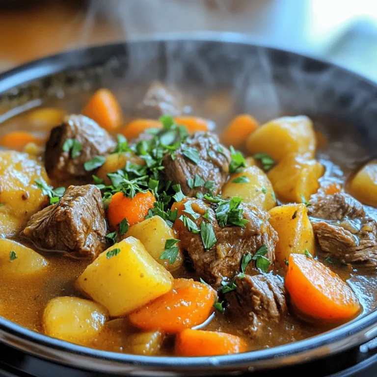 - 2 pounds beef chuck, cut into 1-inch cubes - 1 tablespoon olive oil - 1 large onion, chopped - 2 cloves garlic, minced - 4 medium carrots, sliced - 3 medium potatoes, diced - 2 cups beef broth - 1 tablespoon tomato paste - 1 teaspoon dried thyme - 1 teaspoon dried rosemary - 1 bay leaf - Salt and pepper to taste These main ingredients create a hearty stew. I love using beef chuck because it becomes tender and flavorful. The onion and garlic add depth, while the carrots and potatoes provide sweetness and texture. The beef broth brings everything together, making it rich and satisfying. - 2 tablespoons cornstarch (optional, for thickening) - Fresh parsley, chopped (for garnish) I often use cornstarch to make the stew thicker. It gives a nice, creamy feel. Fresh parsley not only adds color but also a fresh taste. You can skip these if you prefer a lighter stew. If you want the full recipe, be sure to check it out! First, I turn on the Instant Pot and select “Sauté.” I add 1 tablespoon of olive oil. Once it heats, I add 2 pounds of beef chuck cut into 1-inch cubes. I sear the beef until it is browned on all sides. This takes about 5 to 7 minutes. After browning, I carefully remove the beef and set it aside in a bowl. Next, I keep the Instant Pot on. I add 1 large chopped onion and 2 cloves of minced garlic. I sauté them for about 2 to 3 minutes. They should become fragrant and translucent. Then, I deglaze the pot by adding a splash of the beef broth. I use a wooden spoon to scrape up any tasty bits stuck to the bottom. Now, I return the beef to the pot. I add the following ingredients: - 4 medium sliced carrots - 3 medium diced potatoes - 2 cups beef broth - 1 tablespoon tomato paste - 1 teaspoon dried thyme - 1 teaspoon dried rosemary - 1 bay leaf - Salt and pepper to taste I stir everything together until well mixed. Then, I close the lid of the Instant Pot and set the steam release valve to “Sealing.” I select the “Manual” function and set it to cook for 35 minutes on high pressure. Once the time is up, I let the Instant Pot naturally release pressure for 10 minutes. After that, I quickly release any remaining pressure by switching the valve to “Venting.” If I want a thicker stew, I mix 2 tablespoons of cornstarch with 2 tablespoons of cold water to make a slurry. I stir this slurry into the warm stew. Then, I set the pot to “Sauté” mode for an additional 5 minutes, stirring often. This helps thicken the stew nicely. For the full recipe, check out the [Full Recipe]. Browning the beef properly is key. It adds rich flavor and color. Heat your Instant Pot, add oil, and sear the beef cubes until brown. This step takes about 5-7 minutes. Don't rush it. If you skip this, you'll miss out on great taste. I recommend using homemade broth for the best flavor. Store-bought broth can work, but it often lacks depth. If you can, simmer beef bones and veggies for hours. This creates a tasty base for your stew. If you want a thicker stew, use cornstarch. Mix it with cold water to make a slurry. Stir this into the stew while it is warm. Set the pot to "Sauté" mode and cook it for 5 minutes. This helps the stew thicken nicely. If your stew is too thick, add a bit of broth or water. Stir well until you reach your desired consistency. Remember, it’s easier to add than to take away! To boost the flavor, consider adding herbs like bay leaves, thyme, or rosemary. Fresh herbs can also work well. They add brightness to the dish. Balancing flavors is important too. A splash of vinegar or lemon juice can brighten up your stew. It helps cut through the richness. Adjust seasonings to fit your taste. Enjoy the process of making it your own! {{image_2}} You can use different cuts of beef for your stew. Beef chuck is popular, but sirloin, brisket, or round are great too. Each cut gives a unique taste and texture. If you want a lighter option, try chicken or turkey. Both will absorb the stew's flavors well. Pork also works nicely, offering a twist on the classic beef stew. Adding seasonal vegetables makes your stew even better. Think about using squash in the fall or green beans in the summer. You can also toss in peas for sweetness. Want more protein? Add legumes or beans like lentils or chickpeas. They make the stew hearty and filling while boosting nutrition. Pair your stew with rice, crusty bread, or noodles. Each option complements the rich flavors of the stew. For a fun twist, try serving it over mashed potatoes. Garnish with fresh parsley for color and flavor. A sprinkle of cheese can add a creamy finish. If you like heat, a dash of hot sauce can spice things up nicely. For the full recipe, check out the section above. To store leftovers, let the stew cool first. Then, transfer it to an airtight container. This keeps it fresh. Use glass or plastic containers that seal well. They help lock in flavor and moisture. To freeze the stew, first let it cool completely. Then, pour it into freezer-safe bags or containers. Remove as much air as possible to prevent freezer burn. When you want to eat it, thaw the stew overnight in the fridge. Reheat it on the stovetop or in the microwave until hot. In the fridge, the stew lasts about 3 to 4 days. If you freeze it, it can last up to 3 months. Always check for signs of spoilage before eating. Enjoy your hearty Instant Pot beef stew! For the full recipe, see above. It takes about 1 hour total, including prep and cooking time. You need 15 minutes to prep the ingredients. The cooking time in the Instant Pot is 35 minutes. After cooking, allow 10 minutes for natural pressure release. This means you can enjoy a hearty meal in no time! Yes, you can use frozen beef. Just increase the cooking time by about 10 minutes. If the beef is in large chunks, it may take longer to cook. Make sure to check that it reaches the right temperature. This method saves you time if you forget to thaw the meat. If your stew tastes too salty, add more veggies or potatoes. They soak up some salt. You can also add a splash of vinegar or lemon juice. This helps balance the flavor. If it's still too salty, add water or broth to dilute it. Yes, you can make it ahead of time. Cook the stew, then let it cool. Store it in airtight containers. It stays good in the fridge for 3-4 days. You can also freeze it for up to 3 months. Reheat before serving, and enjoy! Absolutely! Use cornstarch instead of flour for thickening. Make sure to check that your beef broth is gluten-free. This way, you can enjoy a rich flavor without gluten. You won’t miss the traditional thickening methods at all! For a full recipe, check out the Hearty Instant Pot Beef Stew. In this blog post, we explored how to make a delicious Instant Pot beef stew. We covered main ingredients like beef and vegetables, plus optional items to enhance flavor. I shared step-by-step instructions for cooking, thickening, and storing your stew. Remember, you can adjust flavors and ingredients to fit your taste. Making beef stew is easy and can be done ahead of time. Enjoy your cooking journey and experiment with different variations to make it your own!