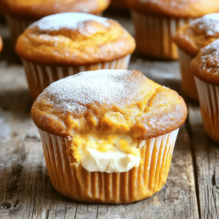- 1 ½ cups all-purpose flour - 1 teaspoon baking powder - 1 teaspoon baking soda - ½ teaspoon salt - 1 teaspoon ground cinnamon - ½ teaspoon ground nutmeg - ¼ teaspoon ground ginger - ½ cup sugar - ½ cup brown sugar, packed - 1 cup canned pumpkin puree - ½ cup vegetable oil - 2 large eggs - 1 teaspoon vanilla extract - 8 oz cream cheese, softened - ¼ cup powdered sugar - 1 teaspoon vanilla extract This list of ingredients is key to making your Starbucks copycat pumpkin cream cheese muffins. Each component plays a vital role in flavor and texture. The dry ingredients create a solid base. Flour gives structure, while baking powder and baking soda help the muffins rise. Spices like cinnamon, nutmeg, and ginger add warmth and depth. For the wet ingredients, sugar and brown sugar sweeten the muffins and keep them moist. Pumpkin puree is the star, bringing in rich flavor and moisture. Vegetable oil adds extra tenderness, while eggs bind everything together and give the muffins a nice lift. Finally, vanilla extract rounds out the flavors beautifully. The cream cheese filling is a delightful surprise. It adds a rich, creamy center that contrasts with the fluffy pumpkin muffin. The combination of classic and cream cheese flavors will remind you of fall treats from your favorite cafe. Using this [Full Recipe], you can create a batch that rivals Starbucks. Enjoy baking and let your kitchen fill with the warm scents of fall! Set your oven to 350°F (175°C). While it heats, prepare your muffin tin by lining it with paper liners. This makes for easy removal later. In a mixing bowl, combine the softened cream cheese, powdered sugar, and vanilla extract. Mix until smooth and creamy. Set it aside for later use. In a large bowl, whisk together the all-purpose flour, baking powder, baking soda, salt, cinnamon, nutmeg, and ginger. In another bowl, mix the sugar, brown sugar, pumpkin puree, vegetable oil, eggs, and vanilla extract. Stir until smooth. Gradually add this wet mix to the dry ingredients. Stir gently until just combined. It’s fine if you see a few lumps—don’t overmix. Spoon a small amount of the pumpkin batter into each muffin cup, filling them about one-third full. Next, add about a tablespoon of the cream cheese filling into the center of each cup. Cover with more pumpkin batter until the cups are about three-quarters full. Bake in the preheated oven for 18-22 minutes. A toothpick should come out clean when inserted into the center. Enjoy making these muffins! For the full recipe, check the earlier section. To get fluffy muffins, you must avoid overmixing. When you mix the wet and dry ingredients, do it gently. Stir until just combined. It’s okay if there are small lumps. Overmixing makes the muffins tough. You want light and airy muffins, not dense bricks. Letting the muffins cool is very important. After baking, take them out of the oven. Let them sit in the pan for five minutes. Then, move them to a wire rack. If you serve them hot, they may fall apart. Cooling helps them hold their shape and flavor. To make your muffins look nice, think about garnishing. A light dusting of powdered sugar adds charm. You can also serve them with a dollop of whipped cream cheese on top. This makes them look extra special. A good presentation makes your muffins even more tempting! {{image_2}} You can change the taste of these muffins by adding fun extras. Chocolate chips or nuts work great! Just fold in about ½ cup of chocolate chips or chopped nuts into the batter. This gives your muffins a rich texture and makes each bite exciting. You can use walnuts or pecans for a nice crunch. If you need gluten-free muffins, use a gluten-free flour mix. Look for one that has a good blend of flours and starches. It will help keep the muffins light and fluffy. For vegan options, replace the eggs with ¼ cup of unsweetened applesauce for each egg. You can also swap the cream cheese for a plant-based cream cheese. This way, everyone can enjoy these tasty muffins! To bring more fall flavors into your muffins, try adding other spices. Cloves or allspice can add a nice warmth. You can also top your muffins with chopped pecans or a sprinkle of cinnamon sugar for a festive look. This small change makes the muffins feel extra special for any fall gathering. To keep your Starbucks copycat pumpkin cream cheese muffins fresh, store them in an airtight container. This helps lock in moisture and flavor. Place a paper towel at the bottom of the container to absorb any extra moisture. You can keep them at room temperature for up to three days. If you want them to last longer, consider refrigerating them. They will stay fresh for about a week in the fridge. Freezing muffins is a great way to enjoy them later. First, let them cool completely. Then, wrap each muffin in plastic wrap. Place wrapped muffins in a zip-top bag or an airtight container. Label the bag with the date. Frozen muffins can last for up to three months. When you're ready to eat one, just take it out and let it thaw on the counter for a few hours. To reheat your muffins, use the oven for the best results. Preheat your oven to 350°F (175°C). Place the muffins on a baking sheet and heat for about 10 minutes. This method keeps the muffins moist. If you’re in a hurry, you can use the microwave. Heat one muffin on a plate for about 15-20 seconds. Be careful not to overheat, or it may dry out. Enjoy your warm muffin just like it was fresh from the oven! To make these muffins, follow these steps: 1. Preheat your oven to 350°F (175°C) and line a muffin tin with paper liners. 2. Prepare the cream cheese filling by mixing softened cream cheese, powdered sugar, and vanilla until smooth. 3. In a large bowl, whisk together the dry ingredients: flour, baking powder, baking soda, salt, cinnamon, nutmeg, and ginger. 4. In another bowl, mix the wet ingredients: sugar, brown sugar, pumpkin puree, vegetable oil, eggs, and vanilla. 5. Combine the wet and dry mixtures gently. Do not overmix; it's fine to have a few lumps. 6. Fill each muffin cup one-third full with pumpkin batter. 7. Add a tablespoon of cream cheese filling to the center of each cup. Cover with more batter until three-quarters full. 8. Bake for 18-22 minutes. Use a toothpick to check for doneness. 9. Cool for 5 minutes in the pan, then transfer to a wire rack. For more details, check the Full Recipe. Yes, you can use fresh pumpkin. Fresh pumpkin gives a different taste. It can be sweeter or more watery than canned puree. If using fresh, cook and puree it until smooth. Make sure to drain excess water for the best texture. Canned pumpkin is more consistent and saves time. Both options work well, so choose what you prefer! To check if the muffins are done, insert a toothpick into the center. If it comes out clean or with a few crumbs, they are ready. If it has wet batter, bake for a few more minutes. Keep an eye on them; overbaking can make them dry. Enjoy the warm smell while they bake! This blog post covered all you need to know about making delicious pumpkin cream cheese muffins. We explored the ingredients, step-by-step instructions, and valuable tips to help you succeed. Remember to mix carefully for the best texture and let the muffins cool for great taste. You can also try adding extra flavors or adjust for dietary needs. With simple storage and reheating tips, your muffins will stay fresh. Enjoy baking and share these tasty treats with friends!