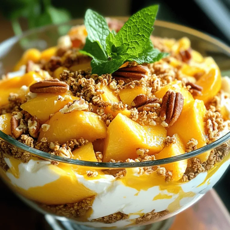 For this delightful salad, you need the following ingredients: - 2 cups fresh peaches, diced - 1 cup cream cheese, softened - ½ cup Greek yogurt (plain or vanilla) - ½ cup powdered sugar - 1 teaspoon vanilla extract - 1 teaspoon cinnamon - 1 cup granola (butter pecan or cinnamon flavor works best) - ½ cup chopped pecans (optional) - Fresh mint leaves for garnish Each ingredient plays a key role in creating the perfect blend of flavors and textures. The fresh peaches bring sweetness and juiciness, while the cream cheese and Greek yogurt provide a creamy base. The powdered sugar adds sweetness, and the cinnamon gives warmth. Granola adds crunch, and pecans offer a nice nutty flavor. You can easily swap out some ingredients if needed. Here are a few options: - Cream Cheese: Use mascarpone cheese or ricotta for a different texture. - Greek Yogurt: Substitute with sour cream or a dairy-free yogurt. - Granola: Try crushed graham crackers if you want a softer crunch. - Peaches: Use other fruits like nectarines or plums for a twist. These substitutions can help you tailor the salad to your taste or dietary needs. This Peach Cobbler Cheesecake Salad is not only tasty but also has a good balance of nutrients. Here’s a quick look at the nutritional content per serving: - Calories: 250 - Protein: 6g - Fat: 10g - Carbohydrates: 38g - Fiber: 2g - Sugars: 20g Knowing the nutritional values helps you enjoy this treat guilt-free. You can find the full recipe linked in this section, making it easy to recreate this yummy dish at home. To start, grab a large mixing bowl. Place 1 cup of softened cream cheese in the bowl. Add ½ cup of Greek yogurt. I like using plain or vanilla yogurt for extra flavor. Use a hand mixer to beat them together. Mix until it is smooth and creamy. Gradually add in ½ cup of powdered sugar. Keep mixing until it blends well. Next, add 1 teaspoon of vanilla extract and 1 teaspoon of cinnamon. Mix again until everything is combined. Finally, gently fold in 2 cups of diced fresh peaches. Be careful not to break the peaches. Now, it’s time to layer the salad. Take serving bowls or a large trifle dish. Start with a layer of the peach cheesecake mixture. Spread it evenly across the bottom. Then, add a layer of granola. I recommend using butter pecan or cinnamon flavor for the best taste. Continue layering until you reach the top. Finish with a layer of granola. If you like, sprinkle ½ cup of chopped pecans on top for extra crunch. Chill the salad in the refrigerator for at least 30 minutes. This step helps the flavors blend beautifully. When you’re ready to serve, garnish with fresh mint leaves. They add a nice pop of color. For more fun, you can serve it in individual cups. This makes it easy for guests to enjoy. If you want more details, check the Full Recipe. One common mistake is overmixing the cream cheese and yogurt. This can make it too runny. Mix gently until smooth, but don’t beat it too much. Another mistake is using unripe peaches. They should be sweet and juicy for the best taste. Also, be careful not to chop the peaches too small. You want nice, chunky bites in your salad. Lastly, don’t skip chilling the salad. It needs time for the flavors to blend. To get the best flavor, use ripe peaches. They should shine in the dish. Adding cinnamon is key. It brings warmth and depth to the salad. You can also mix in a splash of lemon juice. This adds brightness and balances the sweetness. For texture, include granola that has a buttery or cinnamon flavor. It adds crunch and enhances the peach cobbler vibe. Serve the salad in clear bowls or a trifle dish. This shows off the beautiful layers. You can garnish with mint leaves for a fresh look. A drizzle of honey on top can add a sweet touch. For a fun twist, try adding a scoop of ice cream on the side. It makes the dessert feel special. You can find the Full Recipe to create this delightful dish. {{image_2}} You can swap peaches for other fruits. Try using ripe nectarines for a sweet twist. Plums also work well and add a nice tartness. If you love berries, mix in strawberries or blueberries. They add a lovely color and taste. Each fruit brings its unique flavor to the Peach Cobbler Cheesecake Salad. You can play with different spices and extracts. Instead of just cinnamon, add nutmeg for warmth. A dash of ginger gives a nice kick. For a fun twist, use almond extract instead of vanilla. This will change the flavor and give it a new depth. You can even add a hint of lemon zest for brightness. To make this salad gluten-free, choose gluten-free granola. Many brands offer tasty options. For a dairy-free version, use a dairy-free cream cheese. You can also replace Greek yogurt with a dairy-free yogurt. Make sure it's plain or vanilla for the best taste. These simple swaps let everyone enjoy this delicious treat. For the full recipe, check out the detailed instructions included earlier. To keep your Peach Cobbler Cheesecake Salad fresh, use an airtight container. Make sure the container seals tightly. This helps prevent moisture loss and keeps your salad creamy. If you have leftovers, try to layer them carefully. The granola can get soggy if it sits in the mixture too long. Store it separately if you can. This keeps the crunch intact. You don't need to reheat this salad. It tastes best cold. If you do like it warm, heat it gently in the microwave. Use low power and heat it for a short time. Stir it to check if it is warm enough. But remember, warm Peach Cobbler Cheesecake Salad is not the same as cold. The creamy texture shines when it's chilled. When stored properly, your salad lasts about 3 days in the fridge. After that, the peaches may start to lose their firmness. The granola will also get mushy. If you want to enjoy it longer, think about freezing it. But keep in mind that freezing changes the texture. For the best experience, enjoy it fresh within a few days. Check the Full Recipe if you want to make it again! Yes, you can make this salad ahead of time. I recommend preparing it a few hours before serving. This helps the flavors mix well. Just chill it in the fridge. It tastes even better after sitting for a bit! If you don’t have Greek yogurt, you can use regular yogurt. You can also try sour cream for a different taste. Cream cheese can work too, but it will change the texture. Choose what fits your taste best! Yes, you can use canned peaches instead of fresh. Just make sure they are in juice, not syrup. Drain them well to avoid excess liquid. Canned peaches will still give you that sweet peach flavor in your salad. This blog post outlined how to make a delicious Peach Cobbler Cheesecake Salad. You learned about the key ingredients, step-by-step instructions, and helpful tips to avoid mistakes. We covered variations to suit your taste and how to store it for later. Enjoy making this easy dessert. It’s a great treat for any occasion. Your family and friends will love it. Now, get ready to impress everyone with your tasty creation!