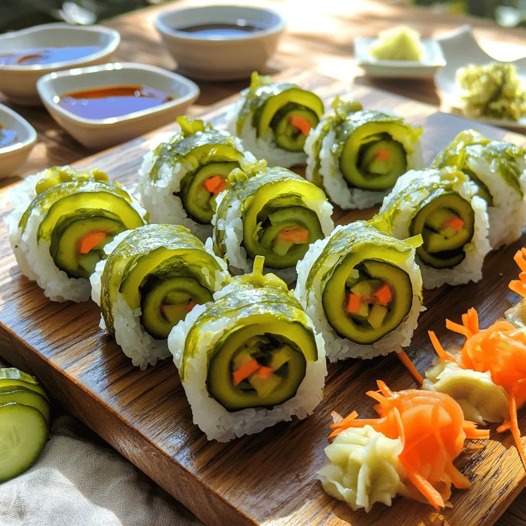 To make tasty pickle sushi rolls, you need some key items. Here is what you will need: - 1 cup sushi rice - 1 1/4 cups water - 2 tablespoons rice vinegar - 1 tablespoon sugar - 1/2 teaspoon salt - 4-5 large pickles (dill or bread-and-butter) - 4 sheets of nori (seaweed) - 1 medium carrot, julienned - 1 cucumber, julienned You can add some fun twists by using optional ingredients. Here are a few ideas: - Cream cheese (for extra creaminess) - Wasabi and soy sauce (for serving) If you lack an ingredient, don’t worry! You can easily swap some items. For instance: - Use brown rice instead of sushi rice for a healthier option. - Try other veggies like bell peppers or avocados for extra crunch. - If you want a spicy kick, add sriracha to the cream cheese. This recipe is flexible and allows you to be creative in the kitchen. The full recipe will guide you to make these fun rolls! To make great sushi rice, start by rinsing 1 cup of sushi rice under cold water. This step is crucial. Rinsing removes the extra starch. When the water runs clear, you know it’s ready. Next, combine the rinsed rice with 1 1/4 cups of water in a pot. Bring it to a boil, then lower the heat. Cover the pot and let it simmer for 18 to 20 minutes. The rice should be tender and the water absorbed. After cooking, let it cool for a bit before using. While the rice cooks, you can make the sushi vinegar. In a small bowl, mix together 2 tablespoons of rice vinegar, 1 tablespoon of sugar, and 1/2 teaspoon of salt. Stir until everything dissolves. This mixture will give your rice that nice flavor. Once the rice is cool, pour the vinegar mixture over it. Use a wooden paddle to gently fold it in. Allow the rice to cool to room temperature. Now comes the fun part: rolling! Start by preparing your fillings. Slice 4-5 large pickles, 1 medium carrot, and 1 cucumber into thin strips. If you like cream cheese, spread a thin layer on each sheet of nori. Place a sheet of nori on your bamboo mat or a clean surface. Wet your hands to keep the rice from sticking. Grab about 1/2 cup of sushi rice and spread it evenly over the nori, leaving 1 inch at the top. Next, lay your pickle strips, carrot, and cucumber across the rice. Lift the bamboo mat and roll away from you. Tuck in the filling tightly as you go. Roll all the way to the edge, wetting the top edge to seal it. Use a sharp knife to slice the roll into bite-sized pieces. Dip the knife in water between cuts for clean slices. Repeat this until all ingredients are used. For extra flair, arrange the slices on a platter with extra pickles. Serve with wasabi and soy sauce. Enjoy your unique pickle sushi rolls! To make great sushi rice, start with high-quality sushi rice. Rinse it under cold water until the water runs clear. This step removes excess starch. Then, cook it with the right water ratio. Use 1 cup of rice to 1.25 cups of water. Bring the water to a boil, then reduce heat and cover. Let it simmer for about 18-20 minutes. After cooking, let it cool slightly. Mix in the sushi vinegar mixture gently. This adds flavor and helps the rice stick. For the fillings, choose your pickles first. You can use dill or bread-and-butter pickles. Slice them into thin strips. Next, take a medium carrot and julienne it. You want long, thin pieces that fit well in the roll. Finally, julienne a cucumber the same way. If you want creaminess, spread a thin layer of cream cheese on the nori. Preparing these fillings ahead of time makes rolling easier. When rolling sushi, keep your hands wet to avoid sticking. Place one sheet of nori on your bamboo mat. Spread about half a cup of rice evenly on the nori. Leave an inch at the top edge. Lay your fillings across the center. Start rolling the mat away from you. Tuck the filling in tight. Use a little water to seal the edge of the nori. After rolling, use a sharp knife to slice the roll. Dip the knife in water between cuts for clean slices. For the full recipe, check the details above. {{image_2}} When making pickle sushi rolls, pickles are key. You can choose different types to change the taste. Dill pickles add a crunchy and tangy flavor. Bread-and-butter pickles bring a sweet twist. You can even try spicy pickles for a kick. I love experimenting with these options. Each type gives a unique taste to the rolls. You can make your pickle sushi rolls heartier by adding proteins. Cooked shrimp, crab, or chicken work great. For a plant-based option, try tofu or edamame. Adding vegetables can also enhance the flavor. Carrots, cucumbers, and bell peppers add color and crunch. The mix of textures and flavors makes each bite fun and tasty. Sauces can elevate your pickle sushi rolls to a new level. Soy sauce is a classic choice, but don’t stop there. Try a spicy mayo for a rich and creamy dip. A tangy ponzu sauce adds brightness. For a sweet touch, pair with a honey mustard sauce. You can even mix sauces to create your own signature flavor. To store leftover sushi rolls, wrap them tightly in plastic wrap. This keeps them fresh. Place the wrapped rolls in an airtight container. They can stay in the fridge for up to 24 hours. Try to eat them soon for the best taste and texture. Keep sushi rolls away from strong smells in the fridge. Sushi can absorb odors easily. Use a clean, dry container to avoid moisture. If you have extra rice, store it separately. Avoid freezing sushi rolls, as they may lose their texture. Sushi is best enjoyed cold, but you can reheat it. If you want warm sushi, use a microwave. Heat it for a few seconds, just enough to take the chill off. Avoid overheating; this can make the rice tough. For the best experience, serve fresh from the fridge. You can check the full recipe for more details on making and storing! Pickle sushi rolls are fun twists on classic sushi. They use pickles as the star filling. You roll sushi rice and nori around crunchy pickles. You can also add veggies like carrots and cucumbers. This dish blends flavors and textures, making every bite exciting. It’s a great way to try sushi if you want something different. The tangy pickles bring a unique taste that surprises many eaters. You can easily make sushi rolls without a bamboo mat. Just use a clean surface, like a cutting board. Lay down your nori and spread the sushi rice on top. Then, add your fillings. To roll, gently lift one edge of the nori. Tuck the filling in as you roll it tightly. Use your hands to shape it as you go. Wet the edge of the nori to seal the roll. It may take some practice, but you can do it! Yes, you can prepare pickle sushi rolls in advance. However, they taste best when fresh. If you want to prep early, roll them up and keep them in the fridge. Wrap them in plastic wrap to keep them from drying out. Just remember to eat them within a day or two. If you wait too long, the rice may get hard, and the nori might lose its crunch. Pickle sushi rolls go well with various drinks. For a light option, try green tea. It balances the flavors nicely. If you prefer something stronger, sake is a great choice. The warmth of sake complements the tang of the pickles. You could also serve sparkling water with lemon. This adds a refreshing touch to your meal. Experiment and find what you enjoy! You’ve learned how to create tasty pickle sushi rolls. We covered key ingredients and how to customize them. You now know the steps for making sushi rice, rolling, and adding unique flavors. Remember, practice makes perfect when rolling, and don’t hesitate to try new fillings. Store leftovers properly, and enjoy your sushi fresh. These rolls are fun, easy, and add a twist to your meals. Experiment, share, and enjoy each bite!