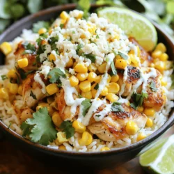 - 1 cup jasmine rice - 2 cups water or chicken broth - 1 pound boneless, skinless chicken thighs, diced - 1 tablespoon olive oil - 1 teaspoon smoked paprika - 1 teaspoon garlic powder - 1 teaspoon cumin - Salt and pepper to taste - 2 cups corn kernels (fresh, frozen, or canned) - 1/2 cup cotija cheese, crumbled - 1/4 cup fresh cilantro, chopped - 1/4 cup mayonnaise - 1 tablespoon lime juice - Optional garnishes: lime wedges, extra cilantro, and hot sauce - To measure jasmine rice, use a dry measuring cup. One cup of rice needs two cups of water or broth. Adjust these amounts for more servings. - When choosing corn, fresh corn is sweet and juicy. Frozen corn is quick and easy. Canned corn works well too. Just drain it before use. - If you want alternatives to jasmine rice, try basmati rice or quinoa. Both cook well and taste great. - For a dairy-free option, use a vegan cheese or skip the cheese altogether. Nutritional yeast adds a cheesy flavor without dairy. Make sure to check out the Full Recipe for all the step-by-step details! 1. Start by boiling 2 cups of water or chicken broth in a medium saucepan. 2. Once it boils, add 1 cup of jasmine rice. 3. Lower the heat to a gentle simmer. 4. Cover the pot and cook for 15-18 minutes. 5. When done, fluff the rice with a fork and set it aside. 1. Heat 1 tablespoon of olive oil in a large skillet over medium-high heat. 2. Dice 1 pound of boneless, skinless chicken thighs into bite-sized pieces. 3. Season the chicken with 1 teaspoon each of smoked paprika, garlic powder, cumin, salt, and pepper. 4. Add the chicken to the hot skillet. Cook for about 5-7 minutes. 5. Stir often until the chicken turns golden brown and is fully cooked. 1. Grab your serving bowls and start layering. 2. First, add a scoop of jasmine rice to each bowl. 3. Next, add the cooked chicken on top of the rice. 4. Then, generously spoon the corn over the chicken. 5. Drizzle the lime mayonnaise over everything. 6. Finally, sprinkle crumbled cotija cheese and chopped cilantro on top. You can find the full recipe for more details. Enjoy the mix of flavors and textures! To make your chicken taste great, use a mix of spices. I love smoked paprika, garlic powder, and cumin. These add depth and warmth. Make sure to season the chicken well with salt and pepper too. This helps bring out the best in your dish. For the corn, add a pinch of salt while cooking. This enhances the natural sweetness. You can also squeeze a bit of lime juice over it. This adds brightness and makes the corn pop with flavor. Garnishing makes your dish look special. I like to sprinkle crumbled cotija cheese on top. It adds a nice texture and flavor contrast. Fresh cilantro is another great choice. It adds a burst of color and freshness. Use lime wedges as a side. They give a vibrant touch. You can also drizzle some lime mayonnaise over the top. This creamy sauce ties all the flavors together beautifully. Meal prep can save you time. Chop the chicken and corn ahead. You can even cook rice in advance. Store it in the fridge to use later. Cook the rice and chicken at the same time. While the rice cooks, use that time to sauté the chicken. This way, everything is ready to serve at the same time. Enjoy your Street Corn Chicken Rice Bowl with these tips for a quick and tasty meal! For the complete preparation, check out the [Full Recipe]. {{image_2}} You can make this bowl spicy by adding jalapeños or hot sauce. I like to slice fresh jalapeños and sprinkle them over the top. If you prefer, you can mix in some hot sauce into the lime mayonnaise. This gives a nice kick to the dish. Adjust the spice level to fit your taste. For a vegetarian twist, swap out the chicken with tofu or mushrooms. Tofu is great because it absorbs flavors well. Simply press and cube the tofu, then sauté it just like the chicken. For mushrooms, use a mix of your favorites, like cremini or portobello. Sauté until they are golden and tender. Both options keep the bowl hearty and satisfying. You can also change the base grain if you want something different. Quinoa is a great choice. It’s packed with protein and cooks quickly. Another option is cauliflower rice, which is low in carbs. Just pulse cauliflower in a food processor until it resembles rice, then sauté it briefly. Both alternatives make this dish lighter yet still full of flavor. For more details, check out the Full Recipe for the Street Corn Chicken Rice Bowl. To keep your Street Corn Chicken Rice Bowl fresh, use airtight containers. Glass containers work great because they don’t stain or hold odors. If you use plastic, make sure it is BPA-free. Always let the dish cool down before sealing it. This helps prevent moisture build-up inside the container. Store the leftovers in the fridge. They will stay good for about three to four days. When you are ready to enjoy your leftovers, you have a few options. The microwave is quick and easy. Place your rice bowl in a microwave-safe dish. Cover it with a damp paper towel to keep moisture in. Heat for about one to two minutes, stirring halfway through. If you want to reheat on the stove, add a splash of water in a pan. This helps keep the chicken and rice moist. Stir until everything is heated through and hot. If you want to save your Street Corn Chicken Rice Bowl for later, freezing is a great choice. Start by letting the dish cool completely. Then, portion it into freezer-safe bags or containers. Remove as much air as possible to prevent freezer burn. Label each bag with the date. When you want to eat it, take it out and thaw it in the fridge overnight. To reheat, follow the same steps as before. This way, you can enjoy a tasty meal anytime. A Street Corn Chicken Rice Bowl is a tasty meal inspired by Mexican street corn. It combines juicy chicken thighs, fluffy jasmine rice, and sweet corn. You top it with creamy sauce and cheese for extra flavor. This dish is colorful and full of good textures. Each bite is a mix of savory and sweet, making it a perfect meal for lunch or dinner. To make this recipe gluten-free, swap the soy sauce for a gluten-free version. Always check labels on sauces or seasonings. Use gluten-free mayo for the creamy sauce. You can also choose rice that is certified gluten-free. These simple swaps keep the dish tasty while avoiding gluten. Yes, you can make this recipe ahead of time. Cook the rice and chicken early and store them separately. Keep the sauce and toppings in small containers. When you are ready to eat, just heat everything up. This saves time on busy days and keeps your meals ready to go. This dish is not just tasty; it is also nutritious. Each serving contains about 450 calories. You get protein from the chicken, carbs from the rice, and vitamins from the corn and cilantro. The cotija cheese adds calcium, making it a balanced meal. Enjoy this flavorful delight while getting great nutrition! This article covered everything you need to make a delicious street corn chicken bowl. We explored the key ingredients, measuring tips, and substitutes. You also learned the step-by-step process for cooking, along with helpful tips for flavor and presentation. With variations and storage info, you can customize and enjoy this dish any time. Remember, with simple steps, you can create a tasty meal that fits your needs. Enjoy your cooking adventure!