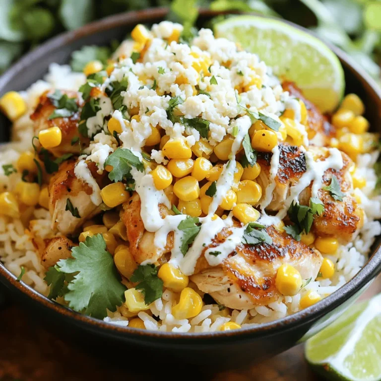 - 1 cup jasmine rice - 2 cups water or chicken broth - 1 pound boneless, skinless chicken thighs, diced - 1 tablespoon olive oil - 1 teaspoon smoked paprika - 1 teaspoon garlic powder - 1 teaspoon cumin - Salt and pepper to taste - 2 cups corn kernels (fresh, frozen, or canned) - 1/2 cup cotija cheese, crumbled - 1/4 cup fresh cilantro, chopped - 1/4 cup mayonnaise - 1 tablespoon lime juice - Optional garnishes: lime wedges, extra cilantro, and hot sauce - To measure jasmine rice, use a dry measuring cup. One cup of rice needs two cups of water or broth. Adjust these amounts for more servings. - When choosing corn, fresh corn is sweet and juicy. Frozen corn is quick and easy. Canned corn works well too. Just drain it before use. - If you want alternatives to jasmine rice, try basmati rice or quinoa. Both cook well and taste great. - For a dairy-free option, use a vegan cheese or skip the cheese altogether. Nutritional yeast adds a cheesy flavor without dairy. Make sure to check out the Full Recipe for all the step-by-step details! 1. Start by boiling 2 cups of water or chicken broth in a medium saucepan. 2. Once it boils, add 1 cup of jasmine rice. 3. Lower the heat to a gentle simmer. 4. Cover the pot and cook for 15-18 minutes. 5. When done, fluff the rice with a fork and set it aside. 1. Heat 1 tablespoon of olive oil in a large skillet over medium-high heat. 2. Dice 1 pound of boneless, skinless chicken thighs into bite-sized pieces. 3. Season the chicken with 1 teaspoon each of smoked paprika, garlic powder, cumin, salt, and pepper. 4. Add the chicken to the hot skillet. Cook for about 5-7 minutes. 5. Stir often until the chicken turns golden brown and is fully cooked. 1. Grab your serving bowls and start layering. 2. First, add a scoop of jasmine rice to each bowl. 3. Next, add the cooked chicken on top of the rice. 4. Then, generously spoon the corn over the chicken. 5. Drizzle the lime mayonnaise over everything. 6. Finally, sprinkle crumbled cotija cheese and chopped cilantro on top. You can find the full recipe for more details. Enjoy the mix of flavors and textures! To make your chicken taste great, use a mix of spices. I love smoked paprika, garlic powder, and cumin. These add depth and warmth. Make sure to season the chicken well with salt and pepper too. This helps bring out the best in your dish. For the corn, add a pinch of salt while cooking. This enhances the natural sweetness. You can also squeeze a bit of lime juice over it. This adds brightness and makes the corn pop with flavor. Garnishing makes your dish look special. I like to sprinkle crumbled cotija cheese on top. It adds a nice texture and flavor contrast. Fresh cilantro is another great choice. It adds a burst of color and freshness. Use lime wedges as a side. They give a vibrant touch. You can also drizzle some lime mayonnaise over the top. This creamy sauce ties all the flavors together beautifully. Meal prep can save you time. Chop the chicken and corn ahead. You can even cook rice in advance. Store it in the fridge to use later. Cook the rice and chicken at the same time. While the rice cooks, use that time to sauté the chicken. This way, everything is ready to serve at the same time. Enjoy your Street Corn Chicken Rice Bowl with these tips for a quick and tasty meal! For the complete preparation, check out the [Full Recipe]. {{image_2}} You can make this bowl spicy by adding jalapeños or hot sauce. I like to slice fresh jalapeños and sprinkle them over the top. If you prefer, you can mix in some hot sauce into the lime mayonnaise. This gives a nice kick to the dish. Adjust the spice level to fit your taste. For a vegetarian twist, swap out the chicken with tofu or mushrooms. Tofu is great because it absorbs flavors well. Simply press and cube the tofu, then sauté it just like the chicken. For mushrooms, use a mix of your favorites, like cremini or portobello. Sauté until they are golden and tender. Both options keep the bowl hearty and satisfying. You can also change the base grain if you want something different. Quinoa is a great choice. It’s packed with protein and cooks quickly. Another option is cauliflower rice, which is low in carbs. Just pulse cauliflower in a food processor until it resembles rice, then sauté it briefly. Both alternatives make this dish lighter yet still full of flavor. For more details, check out the Full Recipe for the Street Corn Chicken Rice Bowl. To keep your Street Corn Chicken Rice Bowl fresh, use airtight containers. Glass containers work great because they don’t stain or hold odors. If you use plastic, make sure it is BPA-free. Always let the dish cool down before sealing it. This helps prevent moisture build-up inside the container. Store the leftovers in the fridge. They will stay good for about three to four days. When you are ready to enjoy your leftovers, you have a few options. The microwave is quick and easy. Place your rice bowl in a microwave-safe dish. Cover it with a damp paper towel to keep moisture in. Heat for about one to two minutes, stirring halfway through. If you want to reheat on the stove, add a splash of water in a pan. This helps keep the chicken and rice moist. Stir until everything is heated through and hot. If you want to save your Street Corn Chicken Rice Bowl for later, freezing is a great choice. Start by letting the dish cool completely. Then, portion it into freezer-safe bags or containers. Remove as much air as possible to prevent freezer burn. Label each bag with the date. When you want to eat it, take it out and thaw it in the fridge overnight. To reheat, follow the same steps as before. This way, you can enjoy a tasty meal anytime. A Street Corn Chicken Rice Bowl is a tasty meal inspired by Mexican street corn. It combines juicy chicken thighs, fluffy jasmine rice, and sweet corn. You top it with creamy sauce and cheese for extra flavor. This dish is colorful and full of good textures. Each bite is a mix of savory and sweet, making it a perfect meal for lunch or dinner. To make this recipe gluten-free, swap the soy sauce for a gluten-free version. Always check labels on sauces or seasonings. Use gluten-free mayo for the creamy sauce. You can also choose rice that is certified gluten-free. These simple swaps keep the dish tasty while avoiding gluten. Yes, you can make this recipe ahead of time. Cook the rice and chicken early and store them separately. Keep the sauce and toppings in small containers. When you are ready to eat, just heat everything up. This saves time on busy days and keeps your meals ready to go. This dish is not just tasty; it is also nutritious. Each serving contains about 450 calories. You get protein from the chicken, carbs from the rice, and vitamins from the corn and cilantro. The cotija cheese adds calcium, making it a balanced meal. Enjoy this flavorful delight while getting great nutrition! This article covered everything you need to make a delicious street corn chicken bowl. We explored the key ingredients, measuring tips, and substitutes. You also learned the step-by-step process for cooking, along with helpful tips for flavor and presentation. With variations and storage info, you can customize and enjoy this dish any time. Remember, with simple steps, you can create a tasty meal that fits your needs. Enjoy your cooking adventure!