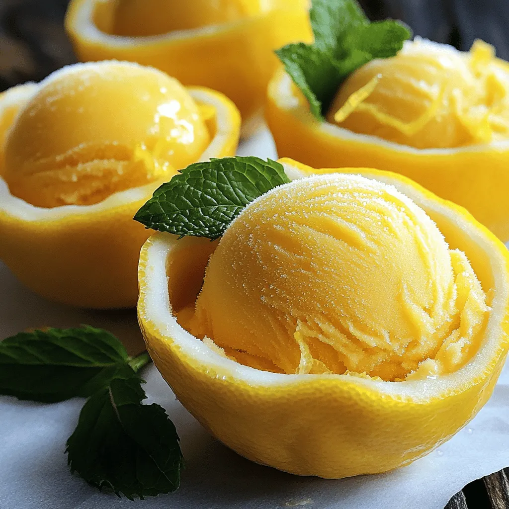 To make lemon sorbet in lemon shells, you need a few simple items: - 4 large lemons (for the shells) - 1 cup water - 1 cup granulated sugar - 1 cup freshly squeezed lemon juice (about 4-5 lemons) - 1 tablespoon lemon zest - A pinch of salt - Fresh mint leaves for garnish (optional) For the lemon shells, you will prepare the lemons by slicing off the tops and scooping out the pulp. This leaves you with a sturdy shell to hold the sorbet. Be careful not to poke holes in the shells; they should be firm enough to hold the sorbet. If you don’t have enough lemons or want to mix it up, you can use other citrus fruits. Oranges or limes also work great. Just adjust the sugar and juice amounts to match the sweetness of the fruit you choose. You can also try using a sugar alternative if you want a healthier version. These ingredients work together to create a bright and zesty treat. When you pick your lemons, look for ones that are firm and heavy for their size. This means they are juicy. Fresh ingredients will give you the best flavor. If you want to learn more, check out the Full Recipe for all the steps! To make the lemon shells, first, slice off the tops of the lemons. Use a small spoon or melon baller to scoop out the insides. Be careful to leave a thin shell. This will hold the sorbet nicely. To keep the shells intact, work slowly and gently. If you press too hard, the shell may break. After scooping, squeeze the pulp to get juice. Strain the juice to remove seeds. Save this juice for the sorbet. You want to use every bit of flavor! Start by making a simple syrup. In a small saucepan, mix one cup of water and one cup of sugar. Heat it on medium. Stir until the sugar dissolves completely. Once it simmers, remove it from heat. Let it cool down. Next, combine the cooled syrup with the lemon juice, lemon zest, and a pinch of salt in a bowl. Mix well until everything blends. This mix is the base for your sorbet. Chilling this mixture is key. Cover it with plastic wrap and refrigerate for about an hour. The colder it is, the better the sorbet will turn out. Now, it’s time to churn the sorbet. If you have an ice cream maker, pour in the chilled mixture. Follow the machine’s instructions until it becomes a soft-serve texture. If you lack an ice cream maker, don’t worry! Just pour the mixture into a shallow dish. Freeze it, stirring every 30 minutes. This will take about 3-4 hours. You’ll know the sorbet is ready when it’s smooth and fluffy. You want a light and airy texture for the best experience. Once it’s done, scoop the sorbet into your prepared lemon shells. Pack it in gently but firmly. Then, place the filled lemon shells in the freezer for about 30 minutes. This will help them firm up nicely. For the full recipe, check out the detailed instructions provided earlier. Making lemon sorbet can be easy, but a few tips help. Here are some common mistakes to avoid: - Over-chilling the mixture: If it's too cold, it won't churn well. - Not measuring sugar properly: Too little sugar makes it icy, while too much makes it too sweet. To enhance the flavor, consider adding a splash of limoncello or a hint of vanilla extract. Both bring out the citrus taste nicely. You can also add a few fresh basil leaves for a twist. For a smooth texture, make sure to chill the mixture well before churning. After churning, don’t skip the freezing step. This helps the sorbet firm up nicely. Presenting lemon sorbet in lemon shells adds fun to your dessert. Start by placing the filled shells on a colorful plate. You can also add some crushed ice beneath for a frosty look. Pair lemon sorbet with fresh berries or a light cake. Both options balance the tartness well. For garnishing, fresh mint leaves not only look nice but also add a pop of color. You can also use thin lemon slices or edible flowers for a fancy touch. For the full recipe, check the details provided earlier. Enjoy your refreshing summer treat! {{image_2}} You can easily change the flavor of your lemon sorbet. Try adding other citrus fruits like lime or orange. This gives a fresh twist to the classic lemon taste. You can also mix in herbs like basil or mint. Fresh herbs add a unique flavor and a new depth to your sorbet. If you want a vegan option, swap the simple syrup with agave syrup. This keeps it light and sweet without using refined sugar. Serving your lemon sorbet in lemon shells is fun, but you can try other vessels too. Small glass cups or hollowed-out oranges work well. They add color and style to your dessert table. For garnishes, think about fun options like colorful edible flowers or candied citrus slices. These make the dish eye-catching and festive. You can also change the presentation based on the season. In winter, serve warm spices like cinnamon on top. In summer, fresh berries add a bright touch. To keep leftover sorbet fresh, store it in an airtight container. This helps to avoid ice crystals. If you have extra lemon shells, wrap them tightly in plastic wrap. This keeps them from drying out. For freezing, the sorbet should be in a good container. I suggest using a shallow dish. It helps the sorbet freeze evenly. After filling the shells, place them in the freezer. Aim for 30 minutes to firm up before serving. Homemade lemon sorbet typically lasts about one week in the freezer. After this time, it may lose its taste and texture. If you see ice crystals or a grainy texture, it’s time to toss it. To prolong freshness, always store the sorbet in an airtight container. You can also cover the surface with parchment paper before sealing. This extra layer helps keep the air out and keeps your sorbet tasting great. How to achieve the best texture in homemade sorbet? To get a smooth texture, chill your mixture well before churning. The colder the mix, the better it freezes. If using an ice cream maker, follow the instructions carefully. Stirring regularly while freezing can help too. This keeps ice crystals small and makes the sorbet creamy. Can I make sorbet without an ice cream maker? Yes, you can! Pour the mixture into a shallow dish and freeze it. Every 30 minutes, stir it well to break up ice crystals. Repeat this for about 3-4 hours until the sorbet is firm but scoopable. It's easy and works great! What are potential allergen concerns with this recipe? This recipe mainly uses lemons, water, and sugar. These are safe for most people. However, check for any allergies to citrus fruits. Always be cautious with cross-contamination if you have food allergies. Can I substitute sugar for a sugar alternative? Yes, you can use sugar alternatives like agave syrup or honey. Just adjust the amount based on the sweetness level of the substitute. Keep in mind that some may affect the texture, so taste as you go. What can I use instead of lemon for this recipe? If you want to try something new, use lime or orange juice instead. Adjust the sugar to taste, as different fruits have different sweetness levels. This can give you a fun twist on the classic sorbet. How can I make this recipe diabetic-friendly? Use a sugar substitute that is safe for diabetics, like stevia or monk fruit. Ensure you check the sweetener's label for proper measurements. This will help keep the sorbet tasty while lowering the sugar content. Lemon sorbet is a fun and easy treat to make. We covered the key ingredients, how to prepare lemon shells, and step-by-step instructions for the perfect sorbet. I shared tips to improve your sorbet's flavor and texture, plus creative presentation ideas. Remember, practice makes perfect, and experimenting is part of the joy. Enjoy this refreshing dessert for any occasion!