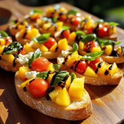 Fresh Peach Bruschetta is a simple and tasty summer treat. Let’s gather what we need to make this dish shine. - 4 ripe peaches, diced - 1 cup cherry tomatoes, diced - 1/4 cup fresh basil, chopped - 1 tablespoon balsamic glaze - 1 tablespoon olive oil - 1 clove garlic, minced - 1 French baguette, sliced - Salt and pepper to taste - Optional toppings: Goat cheese or ricotta You want your peaches to be ripe and sweet. This makes the dish bright and fresh. The cherry tomatoes add a nice pop of color and flavor. Fresh basil brings a lovely smell to the mix. Garlic gives it a little kick. As for the bread, a French baguette works best. It toasts up nice and gets crunchy. If you want, you can add goat cheese or ricotta on top. This adds creaminess and makes each bite even better. When you have all these fresh ingredients ready, you set the stage for a delicious appetizer. For the full recipe, check out the detailed steps and tips that follow. - Preheat your oven to 400°F (200°C). - In a medium bowl, combine diced peaches, cherry tomatoes, chopped basil, minced garlic, balsamic glaze, and olive oil. Stir gently to mix. Season with salt and pepper to taste. - Arrange sliced baguette on a baking sheet. Drizzle a little olive oil on top. - Toast the bread in the oven for about 5-7 minutes until golden brown and slightly crispy. - Remove the toasted bread from the oven and let it cool slightly. - Spoon the peach and tomato mixture generously onto each slice of the toasted baguette. - If you want, add a dollop of goat cheese or ricotta on top for extra creaminess. This recipe makes a fresh and tasty dish. You can find the full recipe above. Enjoy making your fresh peach bruschetta! To make great peach bruschetta, you need the best peaches. Look for ripe, firm, and fragrant peaches. Ripe peaches give the best flavor and texture. Firm peaches hold up well when you dice them. If you are unsure, smell the peach. A sweet scent means it is ready to eat. Peeling peaches can be tricky. To make it easier, you can blanch them. Boil water and dip each peach for about 30 seconds. Then, place them in ice water. The skin will slip off easily. This trick saves time and keeps your hands clean. Soggy bruschetta is a common problem. To prevent this, toast the bread well. A good toast will keep the bread crisp. Preheat your oven to 400°F (200°C) for the best results. Arrange the sliced baguette on a baking sheet. Drizzle olive oil on top for flavor and crunch. Toast the bread for about 5-7 minutes. Keep an eye on it. You want a golden brown color, not burnt. Remove it when it just looks perfect. This step makes your bruschetta delicious. Pairing your bruschetta with the right drinks can elevate the meal. A chilled white wine works well. You can also try sparkling water with lemon. These drinks balance the sweetness of the peaches. For presentation, you can be creative. Sprinkle some extra basil on top. Add a drizzle of balsamic glaze for a visual pop. If you use goat cheese or ricotta, it adds a creamy touch. These small details make your bruschetta look amazing and taste even better. For the full recipe, refer to the section above. {{image_2}} You can switch up the peaches with other fruits. Try using nectarines or plums for a fun twist. They offer a similar sweetness and texture. You can also add diced avocados for creaminess. This will make each bite rich and smooth. Herbs can really change the taste. I like to add fresh mint or cilantro. These herbs add a refreshing zing. If you want a kick, try adding jalapeños. They bring heat and excitement to your bruschetta. Not a fan of baguette? You can use crostini or pita chips instead. Both options add crunch and flavor. If you need a gluten-free choice, look for gluten-free bread. It works just as well and keeps your meal enjoyable. For a full recipe, check out the Fresh Peach Bruschetta recipe section above. To keep your bruschetta fresh, store it in an airtight container. Place it in the fridge right away. This method keeps the flavors nice. You should consume leftovers within two days for the best taste. After that, the bread may get soggy. To reheat baguette slices, preheat your oven to 350°F (175°C). Place the slices on a baking sheet. Heat them for about 5 minutes. This method warms them up without losing their crispiness. Avoid microwaving the bread, as it can become chewy and tough. You can prepare the peach mixture ahead of time. Just store it in the fridge for up to one day. Make sure to keep it in a sealed container. When ready to serve, toast the baguette slices fresh. This keeps the flavors bright and the texture perfect. Yes, you can prepare parts ahead. Chop the peaches and tomatoes in advance. Keep them in the fridge for a day. Mix with basil and garlic just before serving. Toast the bread fresh for the best crunch. Yes, Fresh Peach Bruschetta can fit a vegan diet. Skip the goat cheese or ricotta. Instead, use avocado or a vegan cream cheese. This keeps the dish light and fresh. You can pair it with several tasty options. A light salad works well. A glass of white wine adds elegance. For a fun twist, serve with a fruit platter. This adds color and flavor to your meal. In this post, we covered how to make Fresh Peach Bruschetta. You learned about the fresh ingredients to gather and the step-by-step instructions to prepare this tasty dish. We also discussed helpful tips, variations to try, and storage tips for leftovers. This simple recipe is perfect for gatherings or a tasty snack. Using fresh fruits brings out great flavors. Enjoy your delicious bruschetta and impress your friends and family!