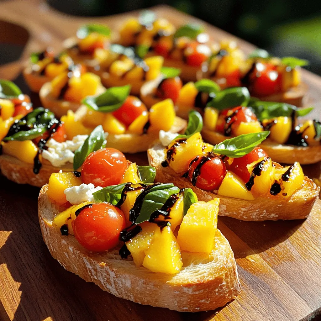 Fresh Peach Bruschetta is a simple and tasty summer treat. Let’s gather what we need to make this dish shine. - 4 ripe peaches, diced - 1 cup cherry tomatoes, diced - 1/4 cup fresh basil, chopped - 1 tablespoon balsamic glaze - 1 tablespoon olive oil - 1 clove garlic, minced - 1 French baguette, sliced - Salt and pepper to taste - Optional toppings: Goat cheese or ricotta You want your peaches to be ripe and sweet. This makes the dish bright and fresh. The cherry tomatoes add a nice pop of color and flavor. Fresh basil brings a lovely smell to the mix. Garlic gives it a little kick. As for the bread, a French baguette works best. It toasts up nice and gets crunchy. If you want, you can add goat cheese or ricotta on top. This adds creaminess and makes each bite even better. When you have all these fresh ingredients ready, you set the stage for a delicious appetizer. For the full recipe, check out the detailed steps and tips that follow. - Preheat your oven to 400°F (200°C). - In a medium bowl, combine diced peaches, cherry tomatoes, chopped basil, minced garlic, balsamic glaze, and olive oil. Stir gently to mix. Season with salt and pepper to taste. - Arrange sliced baguette on a baking sheet. Drizzle a little olive oil on top. - Toast the bread in the oven for about 5-7 minutes until golden brown and slightly crispy. - Remove the toasted bread from the oven and let it cool slightly. - Spoon the peach and tomato mixture generously onto each slice of the toasted baguette. - If you want, add a dollop of goat cheese or ricotta on top for extra creaminess. This recipe makes a fresh and tasty dish. You can find the full recipe above. Enjoy making your fresh peach bruschetta! To make great peach bruschetta, you need the best peaches. Look for ripe, firm, and fragrant peaches. Ripe peaches give the best flavor and texture. Firm peaches hold up well when you dice them. If you are unsure, smell the peach. A sweet scent means it is ready to eat. Peeling peaches can be tricky. To make it easier, you can blanch them. Boil water and dip each peach for about 30 seconds. Then, place them in ice water. The skin will slip off easily. This trick saves time and keeps your hands clean. Soggy bruschetta is a common problem. To prevent this, toast the bread well. A good toast will keep the bread crisp. Preheat your oven to 400°F (200°C) for the best results. Arrange the sliced baguette on a baking sheet. Drizzle olive oil on top for flavor and crunch. Toast the bread for about 5-7 minutes. Keep an eye on it. You want a golden brown color, not burnt. Remove it when it just looks perfect. This step makes your bruschetta delicious. Pairing your bruschetta with the right drinks can elevate the meal. A chilled white wine works well. You can also try sparkling water with lemon. These drinks balance the sweetness of the peaches. For presentation, you can be creative. Sprinkle some extra basil on top. Add a drizzle of balsamic glaze for a visual pop. If you use goat cheese or ricotta, it adds a creamy touch. These small details make your bruschetta look amazing and taste even better. For the full recipe, refer to the section above. {{image_2}} You can switch up the peaches with other fruits. Try using nectarines or plums for a fun twist. They offer a similar sweetness and texture. You can also add diced avocados for creaminess. This will make each bite rich and smooth. Herbs can really change the taste. I like to add fresh mint or cilantro. These herbs add a refreshing zing. If you want a kick, try adding jalapeños. They bring heat and excitement to your bruschetta. Not a fan of baguette? You can use crostini or pita chips instead. Both options add crunch and flavor. If you need a gluten-free choice, look for gluten-free bread. It works just as well and keeps your meal enjoyable. For a full recipe, check out the Fresh Peach Bruschetta recipe section above. To keep your bruschetta fresh, store it in an airtight container. Place it in the fridge right away. This method keeps the flavors nice. You should consume leftovers within two days for the best taste. After that, the bread may get soggy. To reheat baguette slices, preheat your oven to 350°F (175°C). Place the slices on a baking sheet. Heat them for about 5 minutes. This method warms them up without losing their crispiness. Avoid microwaving the bread, as it can become chewy and tough. You can prepare the peach mixture ahead of time. Just store it in the fridge for up to one day. Make sure to keep it in a sealed container. When ready to serve, toast the baguette slices fresh. This keeps the flavors bright and the texture perfect. Yes, you can prepare parts ahead. Chop the peaches and tomatoes in advance. Keep them in the fridge for a day. Mix with basil and garlic just before serving. Toast the bread fresh for the best crunch. Yes, Fresh Peach Bruschetta can fit a vegan diet. Skip the goat cheese or ricotta. Instead, use avocado or a vegan cream cheese. This keeps the dish light and fresh. You can pair it with several tasty options. A light salad works well. A glass of white wine adds elegance. For a fun twist, serve with a fruit platter. This adds color and flavor to your meal. In this post, we covered how to make Fresh Peach Bruschetta. You learned about the fresh ingredients to gather and the step-by-step instructions to prepare this tasty dish. We also discussed helpful tips, variations to try, and storage tips for leftovers. This simple recipe is perfect for gatherings or a tasty snack. Using fresh fruits brings out great flavors. Enjoy your delicious bruschetta and impress your friends and family!