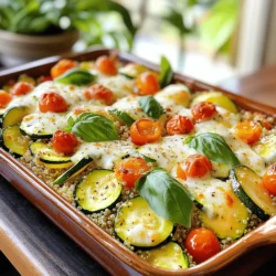 To make a tasty summer zucchini quinoa casserole, you need some key ingredients: - 1 cup quinoa, rinsed and drained - 2 medium zucchinis, diced - 1 cup cherry tomatoes, halved - 1 bell pepper (red or yellow), chopped - 1 small onion, diced - 3 cloves garlic, minced - 2 cups vegetable broth - 1 teaspoon dried oregano - 1 teaspoon dried basil - Salt and pepper to taste - 1 cup shredded mozzarella cheese (optional for topping) - 1 tablespoon olive oil - Fresh basil leaves for garnish These ingredients make a bright and fresh dish. Quinoa gives the casserole a nice, nutty flavor. Zucchini adds a soft texture, while tomatoes and bell peppers bring sweetness and color. You can tweak this recipe to fit your taste. Here are some ideas: - Swap quinoa for brown rice or couscous. - Use any cheese you like, such as feta or cheddar. - Add spinach or kale for more greens. - Include cooked beans for extra protein. These options make the casserole versatile. You can play with flavors and textures based on what you have at home. Each serving of this casserole packs a healthy punch. Here is the breakdown of nutrition: - Calories: Approximately 220 - Protein: 7g - Carbohydrates: 30g - Fat: 8g - Fiber: 5g This dish is light but filling. It provides good nutrients, making it a great meal for summer. Enjoy the fresh tastes while knowing you’re eating well. For the complete recipe, refer to the Full Recipe section. Start by gathering all your ingredients. This makes cooking smooth and easy. Rinse your quinoa under cold water. Dice the zucchinis and onion. Chop the bell pepper and halve the cherry tomatoes. Mince the garlic cloves. Measure out the vegetable broth and spices. Having everything ready saves you time later. Heat olive oil in a medium saucepan on medium heat. Add the diced onion and minced garlic. Sauté them until the onion turns soft and clear. This takes about 3 to 4 minutes. Next, add the diced zucchinis and bell pepper. Cook for 5 more minutes until they start to soften. Now, stir in the rinsed quinoa along with the halved cherry tomatoes. Pour in the vegetable broth. Add oregano, basil, salt, and pepper. Stir everything well to mix. Bring the mixture to a boil. After it boils, reduce the heat to low. Cover the pan and let it simmer for 15 minutes. The quinoa should be fluffy and soak up most of the broth. Once the mixture is done, transfer it to a lightly greased 9x13 inch casserole dish. If you want cheesy goodness, sprinkle mozzarella on top. Preheat your oven to 375°F (190°C) and bake the casserole for 20 to 25 minutes. It’s ready when it bubbles and the cheese is golden brown. After baking, take it out of the oven. Let it sit for about 5 to 10 minutes. This helps the flavors set. Before serving, garnish with fresh basil leaves. Enjoy your savory summer zucchini quinoa casserole dish! For a complete guide, check the Full Recipe. When making this casserole, avoid overcooking the veggies. They should be tender but still crisp. If you cook them too long, they become mushy. Also, be careful not to skip rinsing the quinoa. Rinsing removes bitter saponins that coat the grains. Finally, don't forget to taste your mix before baking. Adjust salt and pepper as needed. To boost flavor, try adding fresh herbs. Chopped parsley or thyme adds freshness. You can mix in lemon zest for a bright taste. For texture, consider adding nuts like pine nuts or walnuts. They give a nice crunch. Lastly, if you love spice, consider a pinch of red pepper flakes. Cooking quinoa correctly is key. Use a 2:1 ratio of liquid to quinoa. For this dish, vegetable broth works great. Bring it to a boil, then lower the heat and cover. Let it simmer for about 15 minutes. Once done, fluff it with a fork. This keeps the grains separate and light. For the full recipe, check the details above. {{image_2}} You can make this dish vegetarian or vegan easily. For a vegetarian twist, keep the cheese. If you want it vegan, skip the cheese or use a plant-based cheese. Nutritional yeast also adds a cheesy flavor without dairy. You can replace the broth with vegetable broth for a vegan option. These swaps keep the dish tasty and satisfying. Adding protein makes this casserole heartier. You can mix in cooked chicken for a meaty version. Shredded rotisserie chicken works great here. If you prefer a plant-based source, add black beans or chickpeas. These options boost protein while keeping the dish filling. Simply stir them in during the cooking step. Feel free to get creative with your veggies! Swap zucchinis for yellow squash or eggplant. Spinach or kale can also add a nice touch. You can even fold in some corn for sweetness. The key is to use what you have on hand. This dish is flexible and welcomes your favorite summer veggies. To keep your Summer Zucchini Quinoa Casserole fresh, cool it to room temperature. Then, place it in an airtight container. You can store leftovers in the fridge for up to four days. If you want to enjoy it later, freezing is a great option. When you are ready to eat your leftovers, reheating them is easy. Preheat your oven to 350°F (175°C). Place the casserole in an oven-safe dish. Cover it with foil to keep it moist. Heat for about 20-25 minutes until warm. You can also microwave it. Use a microwave-safe dish and cover it loosely. Heat in short bursts, stirring in between, until hot. If you want to freeze the casserole, do it before baking. Wrap the casserole tightly in plastic wrap, then in foil. This will help keep it fresh. You can freeze it for up to three months. To thaw, move the casserole to the fridge overnight. Then, bake it at 375°F (190°C) for 25-30 minutes until hot. Following these steps will ensure your dish stays flavorful and delicious. For the full recipe, check the Summer Zucchini Quinoa Casserole section. You can serve this casserole with a fresh salad. A simple green salad works well. Add a light vinaigrette for extra flavor. Grilled chicken or fish pairs nicely too. You might also enjoy crusty bread on the side. Yes, you can make this casserole ahead of time. Prepare it, then store it in the fridge. Cover it tightly to keep it fresh. Bake it when you're ready, adding a few extra minutes to cook time. This makes it easy for busy days. Cooking quinoa takes about 15 minutes. Rinse it well before cooking. Add it to boiling water or broth. Lower the heat and cover the pot. Once it's fluffy, it's done! This dish uses quinoa as a base, giving it great texture and nutrition. For the full recipe, see the previous section. This blog post covered everything you need for a perfect Summer Zucchini Quinoa Casserole. We discussed key ingredients, preparation steps, and cooking techniques. I shared tips to avoid common mistakes and enhance flavor. You also learned about variations, storage tips, and answers to frequently asked questions. In the end, this dish is a tasty, healthy choice for any meal. Give it a try and enjoy!