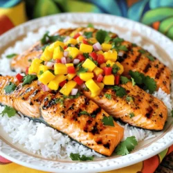 - 4 salmon fillets - 1 cup jasmine rice - 1 can (13.5 oz) coconut milk - 1 ripe mango, diced - 1/2 red onion, finely chopped - 1 red bell pepper, diced - 2 tablespoons olive oil - Juice of 1 lime - 1 jalapeño, finely chopped (optional) These ingredients make my grilled salmon shine! The salmon fillets are the star. They offer a rich and tender flavor. Jasmine rice adds a lovely base. It soaks up the coconut milk’s creaminess. The coconut milk gives the rice a sweet touch. Mango salsa brings a fresh kick. Ripe mangoes are sweet and juicy. They balance the salmon’s richness. Red onion adds a nice crunch. Red bell pepper brings color and sweetness. You can add jalapeño for heat, if you want. Do not forget the olive oil and lime juice! They help marinate the salmon. This adds flavor and keeps it moist. Each ingredient plays a key role in this dish. Together, they create a tropical paradise on your plate. For the full recipe, check out the details above. To start, we need to marinate the salmon. In a shallow dish, mix together the olive oil, lime juice, salt, and pepper. This marinade will add great flavor. Place the salmon fillets in the dish, making sure to coat them well. Let them soak in the marinade for about 15 minutes. This brief time helps enhance the taste without overpowering the fish. Next, let's make the coconut rice. First, rinse the jasmine rice under cold water. This step is key to removing excess starch. Rinse until the water runs clear. In a medium saucepan, combine the rinsed rice with coconut milk, water, and a pinch of salt. Bring this mixture to a boil over medium heat. Once boiling, reduce the heat to low. Cover the pot and let it simmer for about 15 minutes. The rice should be tender and the liquid absorbed. Once done, let it sit for 5 minutes before fluffing it with a fork. While the rice cooks, it's time to whip up the mango salsa. Take a medium bowl and mix together the diced mango, chopped red onion, diced red bell pepper, jalapeño (if you want some heat), chopped cilantro, lime juice, and a bit of salt. Stir it well and let it sit. Allowing the salsa to rest helps the flavors blend beautifully. Now, we get to grill the salmon. Preheat your grill to medium-high heat. Take the salmon out of the marinade and place it skin-side down on the grill. Cook for 4-5 minutes per side. You will know it’s done when it flakes easily with a fork. Keep an eye on it to avoid overcooking. For serving, place a generous scoop of coconut rice on each plate next to the grilled salmon. Top the salmon with a hearty portion of mango salsa. If you like, add some fresh lime wedges or a sprinkle of extra cilantro for a nice touch. Enjoy your delicious meal! For the complete recipe, check out the Full Recipe. - To get perfect grill marks, preheat your grill. This helps the salmon sear quickly. - Place the salmon skin-side down first. This protects the delicate fish. - Avoid overcooking. Grill for 4-5 minutes per side. The fish should flake easily. - Rinse the jasmine rice to remove excess starch. It keeps the rice fluffy. - Combine coconut milk and water for flavor. Use a pinch of salt for taste. - If rice is too wet, let it sit for a few minutes uncovered. It will absorb moisture. - For extra flavor, add diced jalapeño or fresh herbs like mint. - Try serving the salsa with grilled chicken or tacos for a tasty twist. - You can also use lime zest to brighten up the salsa. {{image_2}} - You can make this dish gluten-free by checking labels on all products. - For coconut milk, you can use almond milk or soy milk. This will change the flavor a bit. - Feel free to swap mango for other tropical fruits. Pineapple or papaya works great too. - For salmon, try using a teriyaki or garlic marinade. These add a nice twist. - If you don’t have a grill, you can bake or pan-sear the salmon. Bake at 400°F for about 15 minutes. - You can also use brown rice or basmati rice instead of jasmine. Adjust cooking times as needed. Explore the Full Recipe for more details and tips! After enjoying your grilled salmon with mango salsa and coconut rice, you may have leftovers. To store them properly, follow these steps: - Grilled Salmon: Place the salmon in an airtight container. It can stay fresh in the fridge for up to three days. - Coconut Rice: Store the rice in a separate airtight container. It also lasts about three days in the fridge. - Mango Salsa: Keep the salsa in a small container. It will taste best if used within two days. When ready to eat, reheat the salmon and rice in the microwave. Heat them in short bursts to avoid drying them out. Stir the rice and check the salmon often. Enjoy your leftovers! If you want to save your grilled salmon, coconut rice, or mango salsa for later, freezing is a great option: - Freezing Salmon: Wrap each salmon fillet tightly in plastic wrap. Place them in a freezer bag. They can last up to three months. - Freezing Coconut Rice: Let the rice cool completely. Then, pack it into freezer bags. Squeeze out as much air as possible. It will keep well for about three months. - Freezing Mango Salsa: Store salsa in a freezer-safe container. Leave some space at the top for expansion. It can be frozen for up to two months. When you’re ready to enjoy these again, thaw them in the fridge overnight. For reheating, warm the salmon and rice in the microwave. You can also use a skillet on low heat. Serve your salsa fresh for the best taste. To grill salmon, cook it for 4-5 minutes per side. The salmon should flake easily when done. For perfect results, aim for an internal temperature of 145°F. Always check the thickest part of the fillet. Yes, frozen salmon works well. Thaw it in the fridge overnight for best results. If you're in a hurry, place it in a sealed bag and run it under cold water. Pat it dry before marinating. This helps the flavors stick better. Grilled salmon pairs wonderfully with many sides. Consider serving it with: - Coconut rice - Steamed vegetables - Quinoa salad - Garlic bread - Mixed greens These sides complement the rich flavors of the salmon and mango salsa. For a fun twist, try adding a fruit salad for freshness. For the complete recipe, check out the Full Recipe section. This blog post details a delightful salmon dish with coconut rice and fresh mango salsa. We covered each step, from marinating the salmon to grilling it just right. You learned tips for perfect grilling and making fluffy rice. We also explored variations, storage options, and answered common questions. Enjoy these flavors and share this meal with friends or family. Cooking should be fun and rewarding, so experiment with your own twists. Good luck in the kitchen!