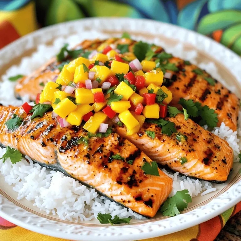 - 4 salmon fillets - 1 cup jasmine rice - 1 can (13.5 oz) coconut milk - 1 ripe mango, diced - 1/2 red onion, finely chopped - 1 red bell pepper, diced - 2 tablespoons olive oil - Juice of 1 lime - 1 jalapeño, finely chopped (optional) These ingredients make my grilled salmon shine! The salmon fillets are the star. They offer a rich and tender flavor. Jasmine rice adds a lovely base. It soaks up the coconut milk’s creaminess. The coconut milk gives the rice a sweet touch. Mango salsa brings a fresh kick. Ripe mangoes are sweet and juicy. They balance the salmon’s richness. Red onion adds a nice crunch. Red bell pepper brings color and sweetness. You can add jalapeño for heat, if you want. Do not forget the olive oil and lime juice! They help marinate the salmon. This adds flavor and keeps it moist. Each ingredient plays a key role in this dish. Together, they create a tropical paradise on your plate. For the full recipe, check out the details above. To start, we need to marinate the salmon. In a shallow dish, mix together the olive oil, lime juice, salt, and pepper. This marinade will add great flavor. Place the salmon fillets in the dish, making sure to coat them well. Let them soak in the marinade for about 15 minutes. This brief time helps enhance the taste without overpowering the fish. Next, let's make the coconut rice. First, rinse the jasmine rice under cold water. This step is key to removing excess starch. Rinse until the water runs clear. In a medium saucepan, combine the rinsed rice with coconut milk, water, and a pinch of salt. Bring this mixture to a boil over medium heat. Once boiling, reduce the heat to low. Cover the pot and let it simmer for about 15 minutes. The rice should be tender and the liquid absorbed. Once done, let it sit for 5 minutes before fluffing it with a fork. While the rice cooks, it's time to whip up the mango salsa. Take a medium bowl and mix together the diced mango, chopped red onion, diced red bell pepper, jalapeño (if you want some heat), chopped cilantro, lime juice, and a bit of salt. Stir it well and let it sit. Allowing the salsa to rest helps the flavors blend beautifully. Now, we get to grill the salmon. Preheat your grill to medium-high heat. Take the salmon out of the marinade and place it skin-side down on the grill. Cook for 4-5 minutes per side. You will know it’s done when it flakes easily with a fork. Keep an eye on it to avoid overcooking. For serving, place a generous scoop of coconut rice on each plate next to the grilled salmon. Top the salmon with a hearty portion of mango salsa. If you like, add some fresh lime wedges or a sprinkle of extra cilantro for a nice touch. Enjoy your delicious meal! For the complete recipe, check out the Full Recipe. - To get perfect grill marks, preheat your grill. This helps the salmon sear quickly. - Place the salmon skin-side down first. This protects the delicate fish. - Avoid overcooking. Grill for 4-5 minutes per side. The fish should flake easily. - Rinse the jasmine rice to remove excess starch. It keeps the rice fluffy. - Combine coconut milk and water for flavor. Use a pinch of salt for taste. - If rice is too wet, let it sit for a few minutes uncovered. It will absorb moisture. - For extra flavor, add diced jalapeño or fresh herbs like mint. - Try serving the salsa with grilled chicken or tacos for a tasty twist. - You can also use lime zest to brighten up the salsa. {{image_2}} - You can make this dish gluten-free by checking labels on all products. - For coconut milk, you can use almond milk or soy milk. This will change the flavor a bit. - Feel free to swap mango for other tropical fruits. Pineapple or papaya works great too. - For salmon, try using a teriyaki or garlic marinade. These add a nice twist. - If you don’t have a grill, you can bake or pan-sear the salmon. Bake at 400°F for about 15 minutes. - You can also use brown rice or basmati rice instead of jasmine. Adjust cooking times as needed. Explore the Full Recipe for more details and tips! After enjoying your grilled salmon with mango salsa and coconut rice, you may have leftovers. To store them properly, follow these steps: - Grilled Salmon: Place the salmon in an airtight container. It can stay fresh in the fridge for up to three days. - Coconut Rice: Store the rice in a separate airtight container. It also lasts about three days in the fridge. - Mango Salsa: Keep the salsa in a small container. It will taste best if used within two days. When ready to eat, reheat the salmon and rice in the microwave. Heat them in short bursts to avoid drying them out. Stir the rice and check the salmon often. Enjoy your leftovers! If you want to save your grilled salmon, coconut rice, or mango salsa for later, freezing is a great option: - Freezing Salmon: Wrap each salmon fillet tightly in plastic wrap. Place them in a freezer bag. They can last up to three months. - Freezing Coconut Rice: Let the rice cool completely. Then, pack it into freezer bags. Squeeze out as much air as possible. It will keep well for about three months. - Freezing Mango Salsa: Store salsa in a freezer-safe container. Leave some space at the top for expansion. It can be frozen for up to two months. When you’re ready to enjoy these again, thaw them in the fridge overnight. For reheating, warm the salmon and rice in the microwave. You can also use a skillet on low heat. Serve your salsa fresh for the best taste. To grill salmon, cook it for 4-5 minutes per side. The salmon should flake easily when done. For perfect results, aim for an internal temperature of 145°F. Always check the thickest part of the fillet. Yes, frozen salmon works well. Thaw it in the fridge overnight for best results. If you're in a hurry, place it in a sealed bag and run it under cold water. Pat it dry before marinating. This helps the flavors stick better. Grilled salmon pairs wonderfully with many sides. Consider serving it with: - Coconut rice - Steamed vegetables - Quinoa salad - Garlic bread - Mixed greens These sides complement the rich flavors of the salmon and mango salsa. For a fun twist, try adding a fruit salad for freshness. For the complete recipe, check out the Full Recipe section. This blog post details a delightful salmon dish with coconut rice and fresh mango salsa. We covered each step, from marinating the salmon to grilling it just right. You learned tips for perfect grilling and making fluffy rice. We also explored variations, storage options, and answered common questions. Enjoy these flavors and share this meal with friends or family. Cooking should be fun and rewarding, so experiment with your own twists. Good luck in the kitchen!