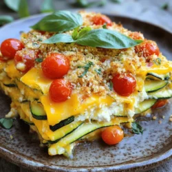 To make a tasty cheesy zucchini casserole, you need fresh, quality ingredients. Here’s what you’ll need: - 3 medium zucchinis, thinly sliced - 1 cup cherry tomatoes, halved - 1 cup shredded cheddar cheese - 1 cup ricotta cheese - 1 egg - 1/2 cup grated parmesan cheese - 1 teaspoon garlic powder - 1 teaspoon dried oregano - 1 teaspoon salt - 1/2 teaspoon black pepper - 1 tablespoon olive oil - 1/2 cup bread crumbs for topping - Fresh basil leaves for garnish These ingredients work together to create a creamy, rich, and flavorful dish. The zucchinis offer a nice texture, while the cheeses add creaminess. Cheese plays a big role in this casserole. I recommend using a mix of cheeses for the best flavor. Here are some great options: - Cheddar: It melts well and adds sharpness. - Mozzarella: For a stretchy, gooey texture. - Gruyère: A rich, nutty flavor that elevates the dish. - Feta: Crumbled feta adds a tangy kick. Feel free to mix and match! Each cheese brings something special to the table. Want to take your casserole to the next level? Consider some optional add-ins: - Spinach: Adds color and nutrients. - Bell Peppers: For sweetness and crunch. - Mushrooms: Earthy flavor that pairs well with zucchini. - Cooked sausage or ground turkey: For added protein and heartiness. These add-ins can make your casserole more filling and exciting. Experiment with what you have on hand! For the complete recipe, check out the Full Recipe above. Start by prepping your ingredients. First, slice the zucchinis into thin rounds. Next, halve the cherry tomatoes. In a bowl, mix ricotta cheese, egg, garlic powder, oregano, salt, and pepper. Blend until it is smooth. This mixture is key to the casserole's creamy texture. Grease a 9x13 inch baking dish with olive oil to prevent sticking. Place half of the sliced zucchinis at the bottom. Spread half of the ricotta mixture on top. Next, add half of the cherry tomatoes and sprinkle half of the cheddar cheese. Repeat these layers with the remaining zucchinis, ricotta mixture, tomatoes, and top with the rest of the cheddar cheese. Cover the dish with aluminum foil. Bake it in a preheated oven at 375°F (190°C) for 30 minutes. This helps the flavors blend and the zucchini soften. After 30 minutes, remove the foil. Bake for another 15-20 minutes until the top is golden brown and bubbly. Let it cool for 5-10 minutes. This waiting time allows the casserole to set, making it easier to serve. For a nice finish, garnish with fresh basil leaves. For the full recipe, check out the details above. To make your cheese melt just right, use a mix of cheeses. I love using cheddar and ricotta together. Cheddar gives a sharp taste, while ricotta adds creaminess. Shred the cheddar yourself for better melt quality. Packaged cheese often has additives that prevent melting. When you layer the cheese, spread it evenly. This way, every bite is cheesy and gooey. Zucchini has a lot of water. To avoid a soggy casserole, slice it thin. I recommend about 1/4 inch thick. After slicing, sprinkle salt on the zucchini and let it sit for about 10 minutes. This step draws out extra moisture. After 10 minutes, pat them dry with a paper towel. This keeps your casserole nice and firm. You don’t need fancy tools for this recipe. A sharp knife and cutting board are key for slicing zucchini. A large mixing bowl helps combine the cheese mixture. Use a 9x13 inch baking dish for the casserole. A spatula is great for layering the ingredients. Lastly, aluminum foil is essential for baking. It keeps the casserole moist during the first half of cooking. For the full recipe, check the detailed instructions above. {{image_2}} For a vegetarian twist, keep the recipe simple. Use fresh vegetables like bell peppers, mushrooms, and spinach. These add color and taste. Just layer them with the zucchini and cheese. This makes your casserole more vibrant and nutritious. You can also swap the cheddar for a mix of mozzarella and provolone for a creamy touch. To make this recipe keto-friendly, you need to reduce the carbs. Skip the bread crumbs or replace them with almond flour or crushed pork rinds. These options keep the crunch without the carbs. You can also use cream cheese instead of ricotta. It adds richness while keeping your dish low in carbs. For a dairy-free version, swap out the cheeses. Use cashew cheese or a store-bought dairy-free cheese. Make sure it melts well for a creamy texture. For the ricotta, blended silken tofu works great. Add a dash of nutritional yeast for a cheesy flavor. This way, everyone can enjoy this tasty casserole without dairy. Feel free to explore these variations to fit your needs. You can find the full recipe above for a starting point! To keep your leftover cheesy zucchini casserole fresh, allow it to cool. Once cooled, cover it tightly with plastic wrap or aluminum foil. You can also use an airtight container. Store it in the fridge for up to three days. This helps lock in flavor and moisture. When you're ready to enjoy the casserole again, preheat your oven to 350°F (175°C). Place a slice of the casserole in an oven-safe dish. Cover it with foil to prevent drying out. Heat it for about 15-20 minutes, or until warm. You can also microwave individual slices. Heat them for 1-2 minutes, checking every 30 seconds. If you want to save some for later, freezing is a great option. First, let the casserole cool completely. Cut it into portions and wrap each piece in plastic wrap. Then, place the wrapped portions in a freezer-safe bag. It can stay in the freezer for up to three months. When you’re ready to eat, thaw it in the fridge overnight. After thawing, follow the reheating guidelines above for the best taste. For more details, check the Full Recipe. You can pair Cheesy Zucchini Casserole with many great sides. A fresh garden salad adds crunch. Garlic bread complements the cheesy flavors well. For protein, grilled chicken or shrimp works nicely. You can also serve it with a light soup, like tomato or vegetable. These options make your meal balanced and tasty. Yes, you can prepare the casserole ahead. Just follow the recipe and assemble it. Cover it well and store it in the fridge. This way, the flavors blend together nicely. When you are ready, bake it as directed. You may need to add a few extra minutes to the baking time. To add spice to your casserole, try a few simple tricks. You can mix in chopped jalapeños or red pepper flakes with the cheese. Another option is to use pepper jack cheese instead of cheddar. You can also add a dash of hot sauce to the ricotta mix. These changes will give your dish a nice kick! For more details, don’t forget to check out the Full Recipe. You learned about making a cheesy zucchini casserole from scratch. We covered key ingredients, steps, and storage tips. You now know the best cheese types and optional add-ins for flavor. Remember, you can adjust for dietary needs, too. Enjoy your cooking journey and get creative with variations. This dish is perfect for meals or gatherings. You'll impress your friends and family with your tasty creation. Happy cooking!
