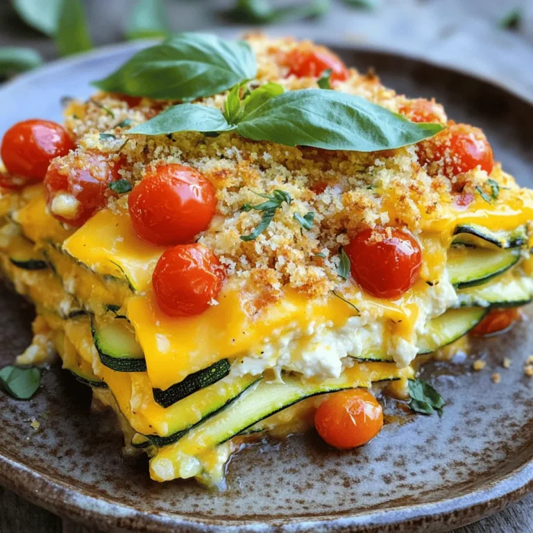 To make a tasty cheesy zucchini casserole, you need fresh, quality ingredients. Here’s what you’ll need: - 3 medium zucchinis, thinly sliced - 1 cup cherry tomatoes, halved - 1 cup shredded cheddar cheese - 1 cup ricotta cheese - 1 egg - 1/2 cup grated parmesan cheese - 1 teaspoon garlic powder - 1 teaspoon dried oregano - 1 teaspoon salt - 1/2 teaspoon black pepper - 1 tablespoon olive oil - 1/2 cup bread crumbs for topping - Fresh basil leaves for garnish These ingredients work together to create a creamy, rich, and flavorful dish. The zucchinis offer a nice texture, while the cheeses add creaminess. Cheese plays a big role in this casserole. I recommend using a mix of cheeses for the best flavor. Here are some great options: - Cheddar: It melts well and adds sharpness. - Mozzarella: For a stretchy, gooey texture. - Gruyère: A rich, nutty flavor that elevates the dish. - Feta: Crumbled feta adds a tangy kick. Feel free to mix and match! Each cheese brings something special to the table. Want to take your casserole to the next level? Consider some optional add-ins: - Spinach: Adds color and nutrients. - Bell Peppers: For sweetness and crunch. - Mushrooms: Earthy flavor that pairs well with zucchini. - Cooked sausage or ground turkey: For added protein and heartiness. These add-ins can make your casserole more filling and exciting. Experiment with what you have on hand! For the complete recipe, check out the Full Recipe above. Start by prepping your ingredients. First, slice the zucchinis into thin rounds. Next, halve the cherry tomatoes. In a bowl, mix ricotta cheese, egg, garlic powder, oregano, salt, and pepper. Blend until it is smooth. This mixture is key to the casserole's creamy texture. Grease a 9x13 inch baking dish with olive oil to prevent sticking. Place half of the sliced zucchinis at the bottom. Spread half of the ricotta mixture on top. Next, add half of the cherry tomatoes and sprinkle half of the cheddar cheese. Repeat these layers with the remaining zucchinis, ricotta mixture, tomatoes, and top with the rest of the cheddar cheese. Cover the dish with aluminum foil. Bake it in a preheated oven at 375°F (190°C) for 30 minutes. This helps the flavors blend and the zucchini soften. After 30 minutes, remove the foil. Bake for another 15-20 minutes until the top is golden brown and bubbly. Let it cool for 5-10 minutes. This waiting time allows the casserole to set, making it easier to serve. For a nice finish, garnish with fresh basil leaves. For the full recipe, check out the details above. To make your cheese melt just right, use a mix of cheeses. I love using cheddar and ricotta together. Cheddar gives a sharp taste, while ricotta adds creaminess. Shred the cheddar yourself for better melt quality. Packaged cheese often has additives that prevent melting. When you layer the cheese, spread it evenly. This way, every bite is cheesy and gooey. Zucchini has a lot of water. To avoid a soggy casserole, slice it thin. I recommend about 1/4 inch thick. After slicing, sprinkle salt on the zucchini and let it sit for about 10 minutes. This step draws out extra moisture. After 10 minutes, pat them dry with a paper towel. This keeps your casserole nice and firm. You don’t need fancy tools for this recipe. A sharp knife and cutting board are key for slicing zucchini. A large mixing bowl helps combine the cheese mixture. Use a 9x13 inch baking dish for the casserole. A spatula is great for layering the ingredients. Lastly, aluminum foil is essential for baking. It keeps the casserole moist during the first half of cooking. For the full recipe, check the detailed instructions above. {{image_2}} For a vegetarian twist, keep the recipe simple. Use fresh vegetables like bell peppers, mushrooms, and spinach. These add color and taste. Just layer them with the zucchini and cheese. This makes your casserole more vibrant and nutritious. You can also swap the cheddar for a mix of mozzarella and provolone for a creamy touch. To make this recipe keto-friendly, you need to reduce the carbs. Skip the bread crumbs or replace them with almond flour or crushed pork rinds. These options keep the crunch without the carbs. You can also use cream cheese instead of ricotta. It adds richness while keeping your dish low in carbs. For a dairy-free version, swap out the cheeses. Use cashew cheese or a store-bought dairy-free cheese. Make sure it melts well for a creamy texture. For the ricotta, blended silken tofu works great. Add a dash of nutritional yeast for a cheesy flavor. This way, everyone can enjoy this tasty casserole without dairy. Feel free to explore these variations to fit your needs. You can find the full recipe above for a starting point! To keep your leftover cheesy zucchini casserole fresh, allow it to cool. Once cooled, cover it tightly with plastic wrap or aluminum foil. You can also use an airtight container. Store it in the fridge for up to three days. This helps lock in flavor and moisture. When you're ready to enjoy the casserole again, preheat your oven to 350°F (175°C). Place a slice of the casserole in an oven-safe dish. Cover it with foil to prevent drying out. Heat it for about 15-20 minutes, or until warm. You can also microwave individual slices. Heat them for 1-2 minutes, checking every 30 seconds. If you want to save some for later, freezing is a great option. First, let the casserole cool completely. Cut it into portions and wrap each piece in plastic wrap. Then, place the wrapped portions in a freezer-safe bag. It can stay in the freezer for up to three months. When you’re ready to eat, thaw it in the fridge overnight. After thawing, follow the reheating guidelines above for the best taste. For more details, check the Full Recipe. You can pair Cheesy Zucchini Casserole with many great sides. A fresh garden salad adds crunch. Garlic bread complements the cheesy flavors well. For protein, grilled chicken or shrimp works nicely. You can also serve it with a light soup, like tomato or vegetable. These options make your meal balanced and tasty. Yes, you can prepare the casserole ahead. Just follow the recipe and assemble it. Cover it well and store it in the fridge. This way, the flavors blend together nicely. When you are ready, bake it as directed. You may need to add a few extra minutes to the baking time. To add spice to your casserole, try a few simple tricks. You can mix in chopped jalapeños or red pepper flakes with the cheese. Another option is to use pepper jack cheese instead of cheddar. You can also add a dash of hot sauce to the ricotta mix. These changes will give your dish a nice kick! For more details, don’t forget to check out the Full Recipe. You learned about making a cheesy zucchini casserole from scratch. We covered key ingredients, steps, and storage tips. You now know the best cheese types and optional add-ins for flavor. Remember, you can adjust for dietary needs, too. Enjoy your cooking journey and get creative with variations. This dish is perfect for meals or gatherings. You'll impress your friends and family with your tasty creation. Happy cooking!