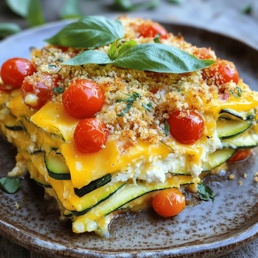 To make a tasty cheesy zucchini casserole, you need fresh, quality ingredients. Here’s what you’ll need: - 3 medium zucchinis, thinly sliced - 1 cup cherry tomatoes, halved - 1 cup shredded cheddar cheese - 1 cup ricotta cheese - 1 egg - 1/2 cup grated parmesan cheese - 1 teaspoon garlic powder - 1 teaspoon dried oregano - 1 teaspoon salt - 1/2 teaspoon black pepper - 1 tablespoon olive oil - 1/2 cup bread crumbs for topping - Fresh basil leaves for garnish These ingredients work together to create a creamy, rich, and flavorful dish. The zucchinis offer a nice texture, while the cheeses add creaminess. Cheese plays a big role in this casserole. I recommend using a mix of cheeses for the best flavor. Here are some great options: - Cheddar: It melts well and adds sharpness. - Mozzarella: For a stretchy, gooey texture. - Gruyère: A rich, nutty flavor that elevates the dish. - Feta: Crumbled feta adds a tangy kick. Feel free to mix and match! Each cheese brings something special to the table. Want to take your casserole to the next level? Consider some optional add-ins: - Spinach: Adds color and nutrients. - Bell Peppers: For sweetness and crunch. - Mushrooms: Earthy flavor that pairs well with zucchini. - Cooked sausage or ground turkey: For added protein and heartiness. These add-ins can make your casserole more filling and exciting. Experiment with what you have on hand! For the complete recipe, check out the Full Recipe above. Start by prepping your ingredients. First, slice the zucchinis into thin rounds. Next, halve the cherry tomatoes. In a bowl, mix ricotta cheese, egg, garlic powder, oregano, salt, and pepper. Blend until it is smooth. This mixture is key to the casserole's creamy texture. Grease a 9x13 inch baking dish with olive oil to prevent sticking. Place half of the sliced zucchinis at the bottom. Spread half of the ricotta mixture on top. Next, add half of the cherry tomatoes and sprinkle half of the cheddar cheese. Repeat these layers with the remaining zucchinis, ricotta mixture, tomatoes, and top with the rest of the cheddar cheese. Cover the dish with aluminum foil. Bake it in a preheated oven at 375°F (190°C) for 30 minutes. This helps the flavors blend and the zucchini soften. After 30 minutes, remove the foil. Bake for another 15-20 minutes until the top is golden brown and bubbly. Let it cool for 5-10 minutes. This waiting time allows the casserole to set, making it easier to serve. For a nice finish, garnish with fresh basil leaves. For the full recipe, check out the details above. To make your cheese melt just right, use a mix of cheeses. I love using cheddar and ricotta together. Cheddar gives a sharp taste, while ricotta adds creaminess. Shred the cheddar yourself for better melt quality. Packaged cheese often has additives that prevent melting. When you layer the cheese, spread it evenly. This way, every bite is cheesy and gooey. Zucchini has a lot of water. To avoid a soggy casserole, slice it thin. I recommend about 1/4 inch thick. After slicing, sprinkle salt on the zucchini and let it sit for about 10 minutes. This step draws out extra moisture. After 10 minutes, pat them dry with a paper towel. This keeps your casserole nice and firm. You don’t need fancy tools for this recipe. A sharp knife and cutting board are key for slicing zucchini. A large mixing bowl helps combine the cheese mixture. Use a 9x13 inch baking dish for the casserole. A spatula is great for layering the ingredients. Lastly, aluminum foil is essential for baking. It keeps the casserole moist during the first half of cooking. For the full recipe, check the detailed instructions above. {{image_2}} For a vegetarian twist, keep the recipe simple. Use fresh vegetables like bell peppers, mushrooms, and spinach. These add color and taste. Just layer them with the zucchini and cheese. This makes your casserole more vibrant and nutritious. You can also swap the cheddar for a mix of mozzarella and provolone for a creamy touch. To make this recipe keto-friendly, you need to reduce the carbs. Skip the bread crumbs or replace them with almond flour or crushed pork rinds. These options keep the crunch without the carbs. You can also use cream cheese instead of ricotta. It adds richness while keeping your dish low in carbs. For a dairy-free version, swap out the cheeses. Use cashew cheese or a store-bought dairy-free cheese. Make sure it melts well for a creamy texture. For the ricotta, blended silken tofu works great. Add a dash of nutritional yeast for a cheesy flavor. This way, everyone can enjoy this tasty casserole without dairy. Feel free to explore these variations to fit your needs. You can find the full recipe above for a starting point! To keep your leftover cheesy zucchini casserole fresh, allow it to cool. Once cooled, cover it tightly with plastic wrap or aluminum foil. You can also use an airtight container. Store it in the fridge for up to three days. This helps lock in flavor and moisture. When you're ready to enjoy the casserole again, preheat your oven to 350°F (175°C). Place a slice of the casserole in an oven-safe dish. Cover it with foil to prevent drying out. Heat it for about 15-20 minutes, or until warm. You can also microwave individual slices. Heat them for 1-2 minutes, checking every 30 seconds. If you want to save some for later, freezing is a great option. First, let the casserole cool completely. Cut it into portions and wrap each piece in plastic wrap. Then, place the wrapped portions in a freezer-safe bag. It can stay in the freezer for up to three months. When you’re ready to eat, thaw it in the fridge overnight. After thawing, follow the reheating guidelines above for the best taste. For more details, check the Full Recipe. You can pair Cheesy Zucchini Casserole with many great sides. A fresh garden salad adds crunch. Garlic bread complements the cheesy flavors well. For protein, grilled chicken or shrimp works nicely. You can also serve it with a light soup, like tomato or vegetable. These options make your meal balanced and tasty. Yes, you can prepare the casserole ahead. Just follow the recipe and assemble it. Cover it well and store it in the fridge. This way, the flavors blend together nicely. When you are ready, bake it as directed. You may need to add a few extra minutes to the baking time. To add spice to your casserole, try a few simple tricks. You can mix in chopped jalapeños or red pepper flakes with the cheese. Another option is to use pepper jack cheese instead of cheddar. You can also add a dash of hot sauce to the ricotta mix. These changes will give your dish a nice kick! For more details, don’t forget to check out the Full Recipe. You learned about making a cheesy zucchini casserole from scratch. We covered key ingredients, steps, and storage tips. You now know the best cheese types and optional add-ins for flavor. Remember, you can adjust for dietary needs, too. Enjoy your cooking journey and get creative with variations. This dish is perfect for meals or gatherings. You'll impress your friends and family with your tasty creation. Happy cooking!