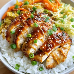 - 2 boneless, skinless chicken thighs - 2 tablespoons gochujang (Korean chili paste) - 1 tablespoon soy sauce - 1 tablespoon honey - 1 cup cabbage, shredded (preferably Napa) - 1 carrot, julienned - 2 green onions, chopped - Cooked rice (white or brown, about 2 cups) - 1 tablespoon sesame seeds - Additional gochujang for serving - Salt and pepper to taste The ingredients for this Easy Korean BBQ Chicken Rice Bowl are simple yet packed with flavor. The chicken thighs provide a juicy base, while gochujang adds a spicy kick. Soy sauce and honey create that perfect sweet and savory blend. For the veggies, I love using Napa cabbage, as it adds a nice crunch. The carrots bring vibrant color and sweetness, and green onions add a fresh touch. You can use either white or brown rice, depending on your preference. To finish, sprinkle sesame seeds on top. For those who like it spicy, a drizzle of extra gochujang is perfect. Feel free to adjust the salt and pepper to your taste. If you want to see the full recipe, check out the [Full Recipe]. To start, gather your marinade ingredients. You need gochujang, soy sauce, honey, sesame oil, minced garlic, and grated ginger. In a bowl, mix these well. Make sure all the flavors blend together. Then, add the chicken thighs. Coat them fully in the marinade. Cover the bowl and place it in the fridge. Let the chicken marinate for at least 30 minutes. For more flavor, you can marinate it for up to 4 hours. Next, you will cook the chicken. Preheat your grill pan or skillet over medium-high heat. Once it’s hot, add the marinated chicken. Cook each side for about 6-7 minutes. You want the chicken to be cooked through and have a nice char. After cooking, take the chicken out of the pan. Let it rest for a few minutes before slicing it. This keeps the juices inside. While the chicken rests, prepare your veggies. In the same pan, add the shredded cabbage and julienned carrots. Sauté them for about 3-4 minutes. You want them tender but still crisp. Season the veggies lightly with salt and pepper. This adds flavor without overpowering the dish. Now, it’s time to assemble your rice bowl. Start with a base of cooked rice in your serving bowl. White or brown rice works well. Top the rice with your sautéed cabbage and carrots. Then, arrange the sliced chicken on top. For a visually appealing bowl, layer the ingredients neatly. This makes the dish look inviting and delicious. To finish, sprinkle chopped green onions and sesame seeds on top. These garnishes add color and crunch. If you like spice, drizzle a bit of gochujang on the top. It gives an extra kick to the dish. Now, you have a beautiful Easy Korean BBQ Chicken Rice Bowl to enjoy. For the full recipe, check out the details above. Grilling and pan-searing both work well for chicken. Grilling gives a smoky flavor and nice grill marks. Pan-searing can add a crisp outer layer. Both methods make the chicken tasty. For tenderness, marinate the chicken. The marinade helps keep the chicken juicy. Cook the chicken over medium-high heat. This allows it to cook well without drying out. Always let it rest after cooking. This step makes the chicken even more tender. To cook perfect rice, rinse it first. This removes excess starch and keeps the rice fluffy. Use a 2:1 water-to-rice ratio for white rice. For brown rice, use a 2.5:1 ratio. A rice cooker simplifies the process. Just add rice and water, then press start. If you prefer stovetop, bring water to a boil. Lower the heat, cover, and let it simmer. Both methods work, but the rice cooker is often easier. For more flavor, try different marinades. You can mix soy sauce and ginger for a quick boost. Adding sesame seeds gives a nice crunch too. If you don’t have gochujang, use sriracha. It adds heat but has a different taste. You can also swap chicken for tofu or beef based on what you have. These options provide variety and keep cooking fun. For the full recipe, check out the Easy Korean BBQ Chicken Rice Bowl. {{image_2}} You can switch the chicken for beef or tofu. For beef, use flank steak or sirloin. Thinly slice the beef and marinate it the same way as the chicken. Cook it quickly on high heat for a tender bite. Tofu is a great choice for a plant-based option. Use firm tofu, cut it into cubes, and marinate. Cook the tofu until golden brown. Remember, cooking times may change. Chicken takes about 6-7 minutes per side, while beef may need less time. Tofu usually cooks in about 4-5 minutes per side. Feel free to get creative with your veggies. You can add bell peppers, snap peas, or broccoli. Each gives a different crunch and flavor. Seasonal vegetables work well too. In spring, use asparagus or peas. In summer, try zucchini or corn. In fall, consider butternut squash or Brussels sprouts. Each vegetable adds color and nutrients, making your rice bowl even better. If you prefer a milder dish, reduce the gochujang. You can also mix in a bit of honey or sugar to tone down the heat. For those who love spice, add more gochujang or even a splash of chili oil. If you want a different flavor, try sriracha or sambal oelek. Both can add a punch while keeping things interesting. Adjusting spice is all about your taste buds! Store any leftovers in an airtight container. This keeps the flavors fresh. You can refrigerate the chicken rice bowl for up to three days. Make sure to cool it to room temperature before sealing. Reheat the chicken and rice in a microwave or on the stove. In the microwave, place it in a bowl and cover it. Heat for one to two minutes, stirring halfway. On the stove, add a bit of water to the pan and warm over low heat. This helps keep the rice soft. To freeze, separate the chicken and rice from the veggies. This keeps everything fresh. Wrap the chicken and rice in plastic wrap, then place them in freezer bags. Use within three months for best taste. For thawing, place them in the fridge overnight before reheating. You can easily make this recipe gluten-free. Here are some substitutions: - Use tamari instead of soy sauce. Tamari is gluten-free. - Choose gluten-free gochujang if you cannot find it. - Make sure your honey is pure and not mixed. These swaps let you enjoy the same great flavors without gluten. Yes, you can prepare this recipe ahead of time. Here are some tips: - Marinate the chicken for up to 4 hours in the fridge. - Cook the chicken and veggies, then store them in airtight containers. - Refrigerate the cooked items for up to 3 days. This helps the flavors blend well and saves you time later. You can enjoy this rice bowl with many tasty sides: - Kimchi adds a spicy kick and pairs well. - A simple cucumber salad offers a refreshing crunch. - Steamed broccoli or green beans add color and nutrients. These sides enhance your meal and make it more exciting. Adjusting the serving size is simple. Here’s how: - For more servings, double the ingredients. - For fewer servings, just cut the recipe in half. - Keep the same marinating time for the chicken. This flexibility lets you serve just the right amount for your group. This blog post covered how to make an easy Korean BBQ chicken rice bowl. We discussed main ingredients, including chicken thighs and gochujang. You learned step-by-step instructions for marinating chicken and cooking veggies. We also shared tips for flavor and cooking techniques. Lastly, I provided storage info and meal variations. Creating this dish can be fun and rewarding. Experiment with flavors and substitutions to match your taste. Enjoy your cooking adventure and share this dish with friends!