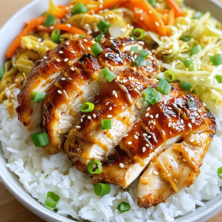 - 2 boneless, skinless chicken thighs - 2 tablespoons gochujang (Korean chili paste) - 1 tablespoon soy sauce - 1 tablespoon honey - 1 cup cabbage, shredded (preferably Napa) - 1 carrot, julienned - 2 green onions, chopped - Cooked rice (white or brown, about 2 cups) - 1 tablespoon sesame seeds - Additional gochujang for serving - Salt and pepper to taste The ingredients for this Easy Korean BBQ Chicken Rice Bowl are simple yet packed with flavor. The chicken thighs provide a juicy base, while gochujang adds a spicy kick. Soy sauce and honey create that perfect sweet and savory blend. For the veggies, I love using Napa cabbage, as it adds a nice crunch. The carrots bring vibrant color and sweetness, and green onions add a fresh touch. You can use either white or brown rice, depending on your preference. To finish, sprinkle sesame seeds on top. For those who like it spicy, a drizzle of extra gochujang is perfect. Feel free to adjust the salt and pepper to your taste. If you want to see the full recipe, check out the [Full Recipe]. To start, gather your marinade ingredients. You need gochujang, soy sauce, honey, sesame oil, minced garlic, and grated ginger. In a bowl, mix these well. Make sure all the flavors blend together. Then, add the chicken thighs. Coat them fully in the marinade. Cover the bowl and place it in the fridge. Let the chicken marinate for at least 30 minutes. For more flavor, you can marinate it for up to 4 hours. Next, you will cook the chicken. Preheat your grill pan or skillet over medium-high heat. Once it’s hot, add the marinated chicken. Cook each side for about 6-7 minutes. You want the chicken to be cooked through and have a nice char. After cooking, take the chicken out of the pan. Let it rest for a few minutes before slicing it. This keeps the juices inside. While the chicken rests, prepare your veggies. In the same pan, add the shredded cabbage and julienned carrots. Sauté them for about 3-4 minutes. You want them tender but still crisp. Season the veggies lightly with salt and pepper. This adds flavor without overpowering the dish. Now, it’s time to assemble your rice bowl. Start with a base of cooked rice in your serving bowl. White or brown rice works well. Top the rice with your sautéed cabbage and carrots. Then, arrange the sliced chicken on top. For a visually appealing bowl, layer the ingredients neatly. This makes the dish look inviting and delicious. To finish, sprinkle chopped green onions and sesame seeds on top. These garnishes add color and crunch. If you like spice, drizzle a bit of gochujang on the top. It gives an extra kick to the dish. Now, you have a beautiful Easy Korean BBQ Chicken Rice Bowl to enjoy. For the full recipe, check out the details above. Grilling and pan-searing both work well for chicken. Grilling gives a smoky flavor and nice grill marks. Pan-searing can add a crisp outer layer. Both methods make the chicken tasty. For tenderness, marinate the chicken. The marinade helps keep the chicken juicy. Cook the chicken over medium-high heat. This allows it to cook well without drying out. Always let it rest after cooking. This step makes the chicken even more tender. To cook perfect rice, rinse it first. This removes excess starch and keeps the rice fluffy. Use a 2:1 water-to-rice ratio for white rice. For brown rice, use a 2.5:1 ratio. A rice cooker simplifies the process. Just add rice and water, then press start. If you prefer stovetop, bring water to a boil. Lower the heat, cover, and let it simmer. Both methods work, but the rice cooker is often easier. For more flavor, try different marinades. You can mix soy sauce and ginger for a quick boost. Adding sesame seeds gives a nice crunch too. If you don’t have gochujang, use sriracha. It adds heat but has a different taste. You can also swap chicken for tofu or beef based on what you have. These options provide variety and keep cooking fun. For the full recipe, check out the Easy Korean BBQ Chicken Rice Bowl. {{image_2}} You can switch the chicken for beef or tofu. For beef, use flank steak or sirloin. Thinly slice the beef and marinate it the same way as the chicken. Cook it quickly on high heat for a tender bite. Tofu is a great choice for a plant-based option. Use firm tofu, cut it into cubes, and marinate. Cook the tofu until golden brown. Remember, cooking times may change. Chicken takes about 6-7 minutes per side, while beef may need less time. Tofu usually cooks in about 4-5 minutes per side. Feel free to get creative with your veggies. You can add bell peppers, snap peas, or broccoli. Each gives a different crunch and flavor. Seasonal vegetables work well too. In spring, use asparagus or peas. In summer, try zucchini or corn. In fall, consider butternut squash or Brussels sprouts. Each vegetable adds color and nutrients, making your rice bowl even better. If you prefer a milder dish, reduce the gochujang. You can also mix in a bit of honey or sugar to tone down the heat. For those who love spice, add more gochujang or even a splash of chili oil. If you want a different flavor, try sriracha or sambal oelek. Both can add a punch while keeping things interesting. Adjusting spice is all about your taste buds! Store any leftovers in an airtight container. This keeps the flavors fresh. You can refrigerate the chicken rice bowl for up to three days. Make sure to cool it to room temperature before sealing. Reheat the chicken and rice in a microwave or on the stove. In the microwave, place it in a bowl and cover it. Heat for one to two minutes, stirring halfway. On the stove, add a bit of water to the pan and warm over low heat. This helps keep the rice soft. To freeze, separate the chicken and rice from the veggies. This keeps everything fresh. Wrap the chicken and rice in plastic wrap, then place them in freezer bags. Use within three months for best taste. For thawing, place them in the fridge overnight before reheating. You can easily make this recipe gluten-free. Here are some substitutions: - Use tamari instead of soy sauce. Tamari is gluten-free. - Choose gluten-free gochujang if you cannot find it. - Make sure your honey is pure and not mixed. These swaps let you enjoy the same great flavors without gluten. Yes, you can prepare this recipe ahead of time. Here are some tips: - Marinate the chicken for up to 4 hours in the fridge. - Cook the chicken and veggies, then store them in airtight containers. - Refrigerate the cooked items for up to 3 days. This helps the flavors blend well and saves you time later. You can enjoy this rice bowl with many tasty sides: - Kimchi adds a spicy kick and pairs well. - A simple cucumber salad offers a refreshing crunch. - Steamed broccoli or green beans add color and nutrients. These sides enhance your meal and make it more exciting. Adjusting the serving size is simple. Here’s how: - For more servings, double the ingredients. - For fewer servings, just cut the recipe in half. - Keep the same marinating time for the chicken. This flexibility lets you serve just the right amount for your group. This blog post covered how to make an easy Korean BBQ chicken rice bowl. We discussed main ingredients, including chicken thighs and gochujang. You learned step-by-step instructions for marinating chicken and cooking veggies. We also shared tips for flavor and cooking techniques. Lastly, I provided storage info and meal variations. Creating this dish can be fun and rewarding. Experiment with flavors and substitutions to match your taste. Enjoy your cooking adventure and share this dish with friends!