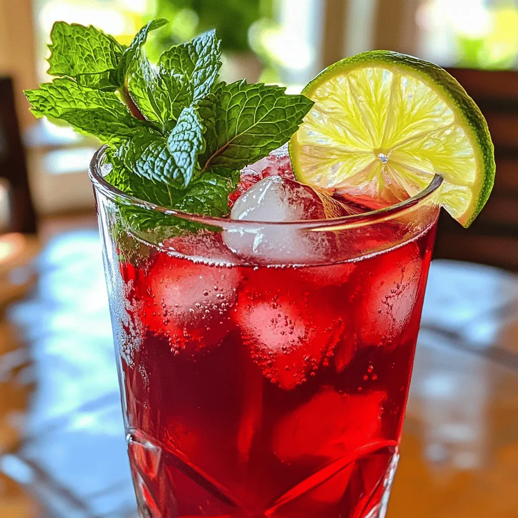 To make the Hibiscus Bliss Mocktail, you need a few key items. Here’s what you’ll gather: - 2 cups dried hibiscus flowers - 4 cups water - 1/2 cup honey or agave syrup - 1/4 cup fresh lime juice (about 3 limes) - 1-2 cups sparkling water (to taste) - Fresh mint leaves for garnish - Lime slices for garnish These ingredients come together to create a drink that is both tasty and refreshing. The dried hibiscus flowers bring a rich color and tart flavor. Honey or agave adds sweetness, while lime juice gives a zesty kick. You can make your mocktail even more special with extra touches. Here are some ideas: - Slices of fresh fruit like strawberries or oranges - A splash of fruit juice, like pineapple or mango - A sprinkle of chia seeds for texture These options let you play with flavors. Feel free to mix and match to find your favorite twist. Hibiscus is not just a pretty flower; it offers health perks too! Drinking hibiscus tea may help lower blood pressure. It’s also rich in antioxidants, which can improve your health. Moreover, hibiscus may support digestion and boost your immune system. So, not only does this mocktail taste great, but it can also be a smart choice for your wellness. Make sure to check out the Full Recipe for all the steps to create this delightful drink! Start by boiling 4 cups of water in a medium pot. Once the water boils, add 2 cups of dried hibiscus flowers. Reduce the heat to a simmer. Allow the flowers to steep for about 15 minutes. This step is key for getting the rich color and flavor from the flowers. After steeping, strain the liquid into a bowl using a fine mesh sieve. Discard the used hibiscus flowers. You should have a lovely, deep red tea. While the hibiscus tea is still warm, add 1/2 cup of honey or agave syrup. Stir well until it dissolves completely. This sweetener balances the tartness of the hibiscus. If you prefer less sweetness, you can add less. After the honey dissolves, let the mixture cool to room temperature. Then, add 1/4 cup of fresh lime juice. This adds a bright flavor that enhances the drink. Once cooled, chill the hibiscus mixture in the refrigerator for at least 30 minutes. This makes the drink refreshing. When ready to serve, fill a glass with ice. Pour in the chilled hibiscus mixture until the glass is about 3/4 full. Top it off with 1-2 cups of sparkling water for a fizzy touch. You can adjust the amount based on your taste preference. Finally, garnish with fresh mint leaves and a slice of lime on the rim of the glass. This adds a pop of color and freshness to your drink. Enjoy your Hibiscus Bliss Mocktail! For the complete recipe, refer to the Full Recipe section. To make the best hibiscus mocktail, use fresh ingredients. Start with dried hibiscus flowers. They give a rich flavor and color. Make sure to steep them well. A longer steep means more flavor. Aim for about 15 minutes. This allows the bright, tangy notes to shine through. Sweeten the mixture while it’s warm. Honey or agave syrup mixes in well. Taste and adjust the sweetness to your liking. Always chill your drink before serving. A cold mocktail is refreshing on a hot day. Presentation matters. Use clear glasses to show off the vibrant color. Add ice to the glass before pouring the mocktail. This keeps it chilled longer. Garnish with fresh mint leaves for a pop of green. A slice of lime on the rim adds flair. You can even float some hibiscus flowers on top. This makes for a stunning display. Serve with colorful straws to make it fun. It’s all about making it appealing and inviting. Avoid using boiling water for steeping. This can make the hibiscus taste bitter. Instead, let the water cool slightly before adding the flowers. Don’t skip the sweetening step! Hibiscus can be tart, so balance it with sweetness. If you want fizz, add sparkling water just before serving. If you mix it too early, the bubbles will go flat. Lastly, don’t forget to chill your drink. A warm mocktail just won't taste as good. Follow these tips and enjoy a delicious hibiscus delight. Check the Full Recipe for all the steps! {{image_2}} You can mix fruits into your hibiscus mocktail for a fun twist. Berries like strawberries and blueberries add sweetness and color. Just muddle them before adding the hibiscus mix. You can also try mango or pineapple for a tropical vibe. These fruits pair well with the tartness of hibiscus. Be creative and use your favorite fruits! Herbs can boost the flavor of your mocktail. Fresh basil or rosemary adds a unique taste. Just add a few leaves while mixing your drink. This will give your drink a fresh, aromatic scent. You might also like adding a hint of ginger for warmth. Experiment with different herbs to find your favorite combo! Think outside the box! You can create a hibiscus spritzer by mixing hibiscus with lemonade or ginger ale. This gives a sweet and spicy flavor. Another fun idea is a hibiscus ice pop. Just freeze your mocktail mixture in molds. This is a refreshing treat for hot days. You can find more ideas in the Full Recipe. Enjoy exploring new flavors! If you have extra hibiscus mocktail, store it in an airtight container. Place it in the fridge. It stays fresh for about three days. Before serving, give it a good shake. This helps mix any settled ingredients. Use fresh lime juice for the best flavor. Squeeze limes just before adding them to the mix. For the hibiscus flowers, keep them dry and cool. This keeps them fresh and ready for your next drink. Store any leftover mint in a glass of water. Cover it lightly to keep it fresh. The prepared hibiscus mixture is safe in the fridge for up to five days. If you notice any changes in color or smell, it’s best to toss it. Always trust your senses! For the best taste, use it within three days. This way, you enjoy the bright, bold flavors of your mocktail. You can find the full recipe above for reference. Yes, you can make a hibiscus mocktail ahead of time. Prepare the hibiscus mixture and chill it in the fridge. This will save time when you're ready to serve. Just add the sparkling water when serving to keep the fizz fresh. If you want to replace honey, use agave syrup or maple syrup. Both options add sweetness without altering the taste. You can also use simple syrup made from sugar and water. Just adjust the amount to fit your taste buds. Hibiscus tea is not recommended during pregnancy. It may lower blood pressure and could cause complications. Always consult your doctor before adding it to your diet. It's better to be safe and enjoy other herbal teas. This blog post explored the delightful hibiscus bliss mocktail. We covered its essential ingredients, step-by-step instructions, and useful tips. You learned about fun variations and proper storage. Overall, hibiscus is not just tasty; it offers health benefits too. With this knowledge, you can create your own perfect mocktail. Enjoy experimenting and sharing your creations with friends!