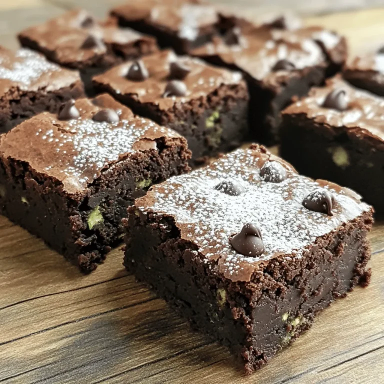 - 1 ½ cups grated zucchini - 1 cup all-purpose flour - ½ cup unsweetened cocoa powder - ½ cup granulated sugar - ½ cup brown sugar The main ingredients in zucchini brownies are simple. The grated zucchini gives moisture. It also helps make the brownies fudgy and soft. I use all-purpose flour for structure. The cocoa powder adds a rich chocolate flavor. Both granulated and brown sugar sweeten the brownies and keep them moist. - ½ cup dark chocolate chips - Vanilla extract You can add dark chocolate chips for an extra chocolate kick. They melt into gooey pockets of goodness. A splash of vanilla extract brings warmth and depth to the flavor. These additions make your brownies even more delicious. - Baking powder - Baking soda - Salt - Vegetable oil Baking powder and baking soda help the brownies rise. Salt enhances the sweetness and balances the flavors. Vegetable oil keeps the brownies moist and tender. These essential ingredients create the perfect texture for your brownies. For the Full Recipe, check the cooking instructions to see how to combine these ingredients well. - Preheat the oven to 350°F (175°C). - Grease a 9x9 inch baking pan or line it with parchment paper. - Combine 1 cup of all-purpose flour, ½ cup of cocoa powder, 1 teaspoon of baking powder, ½ teaspoon of baking soda, and ½ teaspoon of salt. - Whisk until well mixed, then set aside. - In a large bowl, whisk together ½ cup of granulated sugar, ½ cup of brown sugar, 2 large eggs, ½ cup of vegetable oil, and 1 teaspoon of vanilla extract until smooth. - Fold in 1 ½ cups of grated zucchini until evenly mixed. - Gradually add the dry mixture to the wet mixture. - Stir until just combined. Avoid overmixing. If you want, gently fold in ½ cup of dark chocolate chips. - Pour the brownie batter into your prepared baking pan. - Bake for 25-30 minutes, or until a toothpick comes out with a few moist crumbs. - Let the brownies cool in the pan for about 15 minutes. - Transfer them to a wire rack to cool completely. - Cut into squares and serve. You can find the full recipe above. To get the best zucchini brownies, avoid overmixing. Overmixing can lead to a dry texture. Mix just until the ingredients come together. Each oven is a little different, so check your brownies early. Bake them based on your oven’s heat and how chewy you want them. Using shredded zucchini with the skins on boosts nutrients. The skins add color and fiber. Smaller zucchinis work best for brownies. They have less water, which helps keep your brownies from being too wet. For a flavor boost, add a pinch of cinnamon or espresso powder. These additions create a richer taste. You can also top your brownies with powdered sugar or nuts. Nuts add crunch, while sugar gives a nice finish. Check out the Full Recipe for more details on whipping up these delicious treats! {{image_2}} If you want to make these brownies gluten-free, it's easy. Just substitute all-purpose flour with a gluten-free blend. Look for a blend that works well in baking for the best results. This small change keeps the brownies tasty and fudgy. You can make these brownies vegan too! To replace eggs, use flaxseed meal mixed with water. Mix 1 tablespoon of flaxseed meal with 3 tablespoons of water. Let it sit for about five minutes until it thickens. For oil, swap vegetable oil for plant-based oil. Your brownies will still be rich and delicious. Want to jazz up your brownies? You can mix in nuts or dried fruits for extra texture. Walnuts or pecans work great. Dried cherries or cranberries add a nice touch too. For a twist, try adding flavored extracts like almond or hazelnut. These add depth and make each bite special. For the full recipe, check out the section earlier. Keep brownies in an airtight container at room temperature for up to 3 days. This helps maintain their fudgy texture and keeps them tasting fresh. You can refrigerate the brownies for up to a week. This is great if you want to save some for later. For even longer storage, freeze them for up to 3 months. Just wrap them tightly in plastic wrap and then place them in a freezer bag. Warm the brownies in the microwave for a few seconds before serving. This brings back the gooey texture. Enjoy them with a scoop of ice cream for a decadent dessert. You can also drizzle some chocolate sauce on top for extra flavor. For the full recipe, check out the Decadent Zucchini Brownies section. No, the flavor is subtle and adds moisture instead. The zucchini hides well in the mix. You get rich, fudgy brownies without any veggie taste. It keeps them soft and moist. Store in an airtight container at room temperature or refrigerate. This keeps them fresh and tasty. If you want to enjoy them later, refrigeration works best. Just let them sit at room temp before serving. Yes, just ensure it’s thoroughly drained before using. Frozen zucchini can work as well as fresh. Make sure to squeeze out excess water. This helps keep your brownies from becoming soggy. Flaxseed meal or applesauce can be used as egg substitutes. For each egg, mix one tablespoon of flaxseed meal with three tablespoons of water. Let it sit until it thickens. Applesauce also adds moisture and sweetness to the brownies. These zucchini brownies are packed with flavor and nutrition. You start by mixing dry and wet ingredients, then combine them to form a rich batter. Baking them until fudgy creates a delightful treat. Remember, you can customize your brownies with various ingredients or dietary adjustments. Store them properly for fresh enjoyment later. With these tips, you’ll bake perfect brownies every time. Dive into this fun recipe and enjoy the process!