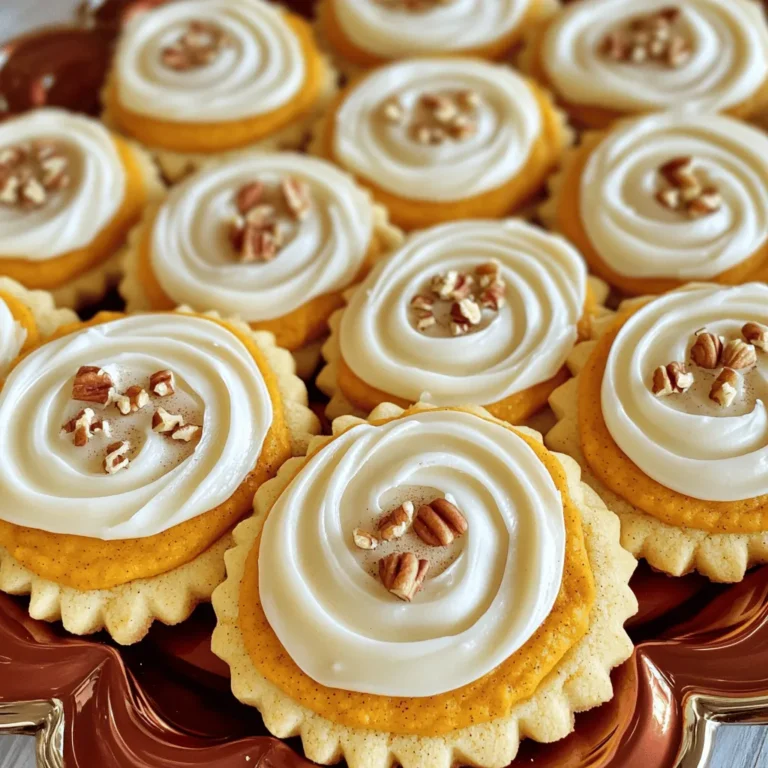 - 2 ½ cups all-purpose flour - 1 teaspoon baking soda - ½ teaspoon baking powder - 1 teaspoon ground cinnamon - ½ teaspoon ground ginger - ¼ teaspoon ground nutmeg - ½ teaspoon salt For these cookies, the dry ingredients create a wonderful base. Each one plays a key role. The flour gives structure, while baking soda and baking powder help the cookies rise. The spices add warmth and flavor. - ½ cup unsalted butter, softened - 1 cup granulated sugar - 1 large egg - 1 cup pumpkin puree (not pumpkin pie filling) - 1 teaspoon vanilla extract The wet ingredients bring moisture and richness. Softened butter and sugar mix to form a creamy blend. Pumpkin puree adds a lovely texture and flavor. It makes the cookies soft and chewy. - ½ cup powdered sugar - 4 oz cream cheese, softened - 2 tablespoons milk - 1 teaspoon vanilla extract (for icing) The cream cheese icing adds a sweet and tangy topping. It complements the spices in the cookies. The icing brings a smooth finish to each bite. You can find the full recipe details after this section to ensure your cookies taste amazing! - Preheat the oven to 350°F (175°C). - Whisk together the dry ingredients in a medium bowl. This includes flour, baking soda, baking powder, cinnamon, ginger, nutmeg, and salt. Mixing these well ensures your cookies rise and taste great. - In a large bowl, beat together the softened butter and granulated sugar until fluffy. This takes about 2-3 minutes. - Next, add the egg, pumpkin puree, and vanilla extract to the butter mixture. Beat until everything is combined and smooth. Pumpkin puree gives the cookies a soft texture. - Gradually mix in the dry ingredients you set aside. Stir until just combined. Be careful not to overmix; this keeps the cookies soft. - Now, use a cookie scoop or tablespoon to drop rounded balls of dough onto your prepared baking sheets. Space them about 2 inches apart. - Bake in the preheated oven for 12-15 minutes. The edges will turn lightly golden, and the centers may look soft. They will firm up as they cool. Enjoy the process! The smell of pumpkin cookies baking is a treat in itself. For the full recipe, check the previous section. To get the right texture in your pumpkin sugar cookies, follow these key tips: - Do not overmix the dough. Overmixing makes cookies tough. Mix until just combined. - Baking time is key. Bake for 12 to 15 minutes. The edges should be golden. The centers will look soft. They will firm up as they cool. Perfecting the cream cheese icing is simple if you keep a few things in mind: - Get the right consistency. Start by beating the cream cheese and powdered sugar together. Add milk slowly until it’s creamy. - Use the best tools. A flat spatula works well for spreading icing. A piping bag can create fun designs. Presentation makes your cookies shine at any event: - Arrange them nicely. Use a festive platter for an appealing look. Add crushed nuts on top for extra flair. - Pair with beverages. These cookies go great with hot coffee or spiced tea. For toppings, try a sprinkle of cinnamon or a drizzle of caramel. For the full recipe, check out the complete guide on making these delightful cookies! {{image_2}} To make these cookies gluten-free, substitute all-purpose flour with a gluten-free blend. Look for a blend that has xanthan gum added. This helps to mimic the texture of regular flour. You can use this blend in the same amount as all-purpose flour. Just mix it well with the dry ingredients. The result will be just as tasty! You can add a twist to your cookies by mixing in chocolate chips or nuts. Dark chocolate chips give a nice contrast to the pumpkin flavor. Chopped walnuts or pecans add a crunchy texture. You can also experiment with spices like allspice or cloves. This adds depth to the flavor. Just be sure to keep the amounts balanced to not overpower the pumpkin. If you're looking for vegan options, you can swap the butter for coconut oil or a vegan butter. Instead of an egg, use a flax egg. Simply mix one tablespoon of flaxseed meal with three tablespoons of water. Let it sit until it thickens. For a low-sugar version, try using a sugar substitute like stevia or erythritol. Adjust the amounts based on the product you choose. These options keep the cookies delicious without compromising on taste! For the complete recipe, check the [Full Recipe]. To keep your pumpkin sugar cookies fresh, store them in an airtight container at room temperature. This method helps maintain their soft texture. Your cookies will stay fresh for about 5 days. After that, they may become dry and hard. For longer storage, freeze uniced cookies. First, let them cool completely. Then, stack them in layers with parchment paper in between. Use a freezer-safe bag or container. They can last up to 3 months in the freezer. To thaw properly, place the cookies in the fridge overnight. This helps keep their flavor intact. If you have leftover cream cheese icing, store it in a sealed container in the fridge. It can last for about a week. To reuse icing, simply re-whip it to restore its creamy texture. You can also add a little milk if it appears too thick. To make pumpkin sugar cookies, you need simple steps. Start by mixing your dry ingredients: flour, baking soda, baking powder, cinnamon, ginger, nutmeg, and salt. In another bowl, beat softened butter and sugar until fluffy. Add an egg, pumpkin puree, and vanilla extract. Combine the dry mix with the wet ingredients. Form dough balls and bake at 350°F for 12-15 minutes. For more details, check the Full Recipe. Yes, you can use canned pumpkin. It saves time and adds great flavor. Make sure to choose plain pumpkin puree, not pumpkin pie filling. The filling has added sugar and spices that change the cookie's taste. Canned pumpkin gives your cookies moisture and a rich, pumpkin flavor. Common problems include cookies spreading too much or not rising. Overmixing the dough can lead to tough cookies. Also, if your butter is too warm, cookies may spread out. Make sure to chill the dough for a bit if this happens. Baking at the right temperature is key to getting soft centers and slight crisp edges. For larger cookies, increase the bake time. Start with an extra 2-3 minutes. Keep an eye on them to avoid burning. When the edges are golden, and the centers look set, they’re done. Using a thicker cookie scoop can help you make uniform sizes. Yes, you can make the dough ahead of time. Wrap it tightly in plastic wrap and refrigerate for up to 3 days. You can also freeze the dough for longer storage. When you're ready to bake, let it thaw in the fridge overnight before using. This makes it easy to enjoy fresh cookies whenever you want! In this post, we explored how to make delicious pumpkin sugar cookies. We covered essential ingredients, step-by-step instructions, and tips for perfect texture. Variations for dietary needs and storage tips help you keep these treats fresh. Remember, little detail makes a big difference, like not overmixing and using the right tools for icing. Enjoy baking and share your cookies with friends and family. Your kitchen will smell amazing, and everyone will love these festive delights. Happy baking!