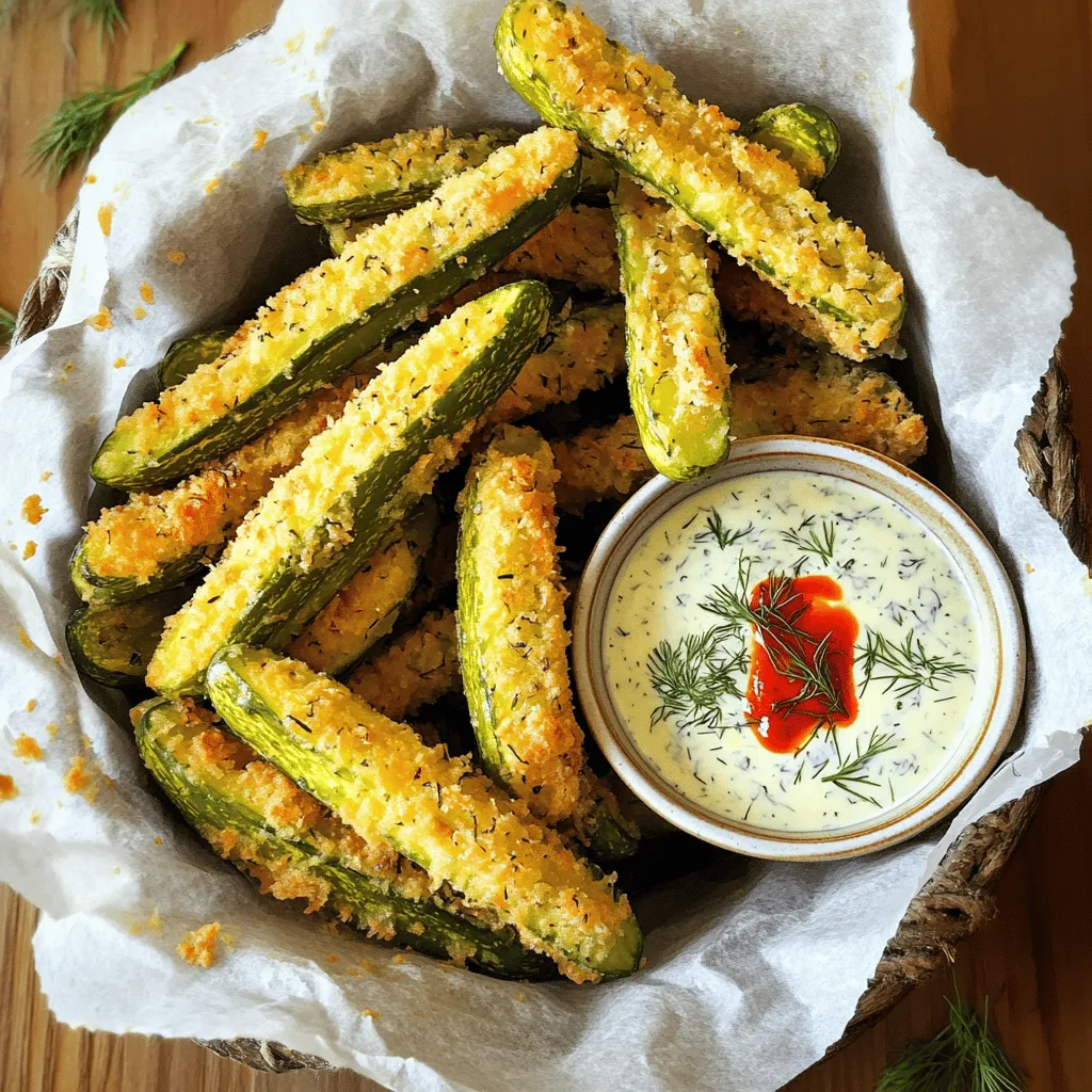 - 4 large dill pickles - 1 cup all-purpose flour - 2 large eggs - 1 cup breadcrumbs (preferably panko) - 1/2 cup ranch dressing - 1 tablespoon hot sauce - 1 teaspoon minced fresh dill - Garlic powder - Onion powder - Paprika - Cayenne pepper Gather these ingredients before you start. The key to crispy dill pickle fries lies in the freshness of your pickles and the quality of your breadcrumbs. I always recommend using panko for extra crunch. The spice mix you choose can also elevate the flavor. Feel free to play with the optional seasonings. Garlic powder and paprika add warmth, while cayenne brings heat. Adjust these to your taste. For the spicy ranch, you can use any brand of ranch dressing you love. Mixing in hot sauce and fresh dill gives it a kick and fresh flavor. This easy dip complements the fries perfectly. That’s it! With these ingredients ready, you can create the crispy dill pickle fries from the Full Recipe. Enjoy the process and let your kitchen fill with delightful scents! First, grab your dill pickles. You will want to pat dry the pickle slices with paper towels. This step is key because it removes excess moisture. Less moisture means crispier fries! Next, slice the pickles into fry shapes. Aim for even thickness so they cook at the same rate. You want them about a half-inch thick for the best bite. Now, let’s set up our breading station. In a shallow bowl, mix the flour, garlic powder, onion powder, paprika, and cayenne pepper. This mix adds flavor and a little heat. In another bowl, beat the eggs until they are smooth. In a third bowl, place the breadcrumbs. I recommend using panko breadcrumbs for a crunchier texture. Time to bread those pickles! Start by dipping each pickle fry into the flour mixture. Make sure the fry is well-coated. Then, dip it into the beaten eggs. Finally, coat it with the breadcrumbs. Press gently to ensure the fry is evenly covered. This process is what gives you that amazing crunch when frying. Now, let's fry the pickles! Heat about 1 inch of vegetable oil in a deep skillet over medium-high heat. You want the oil to reach 350°F (175°C). To test the heat, drop a small piece of bread into the oil. If it sizzles, you’re ready. Carefully add the breaded pickle fries in batches. Fry them for about 2-3 minutes on each side until they are golden brown. Use a slotted spoon to remove them and drain the excess oil on paper towels. For the full recipe, check out the details above! To make your pickle fries extra crispy, start by drying the pickles. Pat them with paper towels to remove moisture. This step is key. If the pickles are wet, they won’t get crispy when frying. Next, use panko breadcrumbs. They give a great crunch. Regular breadcrumbs can work, but panko is best for that perfect fry. The right oil temperature is vital for great frying. Heat the oil to about 350°F (175°C). You can test this by dropping in a small piece of bread. If it sizzles and bubbles right away, your oil is ready. While frying, look for a golden brown color. This shows the pickles are done. If they turn dark too fast, your oil may be too hot. Present your crispy dill pickle fries with the spicy ranch for dipping. The creamy ranch pairs well with the crunchy pickles. For a nice touch, garnish with fresh dill. This not only adds flavor but also makes the dish look more appealing. A rustic basket with parchment paper adds style and makes sharing easy. For the best experience, serve hot and fresh! {{image_2}} You can make crispy dill pickle fries even more exciting. Consider adding different spices to the breading. For instance, try adding cumin for a warm flavor or chili powder for a kick. You can also mix in some dried herbs, like oregano or thyme. Each spice will change the taste and give you a new experience. Experimenting with different hot sauces can also bring a new twist. You could use a smoky chipotle sauce for depth or a tangy buffalo sauce for a classic flavor. Each sauce adds its own unique heat, making your dipping experience even more fun. While spicy ranch is fantastic, you might want to try other ranch variations. Add some lemon zest for brightness, or mix in some avocado for creaminess. You can also blend in roasted garlic for a richer taste. Each variation can change the whole vibe of your dish. Swapping ranch for other dressings can open up a world of flavors. Try blue cheese for a bold choice or a sweet chili sauce for a sweet and spicy dip. These alternatives can make your crispy dill pickle fries a whole new dish. If you prefer baking, you can still enjoy crispy dill pickle fries. To make the oven-baked version, begin by preheating your oven to 425°F (220°C). Then, line a baking sheet with parchment paper. After breading your pickle fries, arrange them on the baking sheet in a single layer. For extra crunch, lightly spray them with cooking oil. Bake for 15-20 minutes, flipping halfway through. This method gives you that great crunch without frying. Just keep an eye on them to avoid burning. For the best results, the pickles should be well-dried before coating. This helps them crisp up nicely in the oven. Enjoy these variations for a fun twist on a classic snack! Check out the Full Recipe for more details on making these tasty treats. To keep your crispy dill pickle fries fresh, store them in the fridge. Place the fries in an airtight container. This helps to prevent them from getting soggy. You can also use a sealed plastic bag if you prefer. Remember to let them cool to room temperature before sealing. When you want to enjoy your leftover fries, keeping them crispy is key. The best way to reheat them is in the oven. Preheat the oven to 375°F (190°C). Spread the fries on a baking sheet and heat for about 10 minutes. This method helps restore their crunch. Avoid the microwave, as it makes them soft and chewy. You can freeze crispy dill pickle fries, but timing matters. Freeze them before frying for best results. Lay the breaded pickles on a baking sheet and freeze them until solid. Then, transfer them to a freezer bag. When you're ready to fry, just take them out and fry directly from frozen. If you freeze after frying, let them cool first and place them in a freezer-safe container. To thaw, just leave them in the fridge overnight before reheating. Crispy Dill Pickle Fries taste best when fresh. They stay good for about 1 day in the fridge. Store them in an airtight container to keep them from getting soggy. Reheat them in the oven for a crispy texture. Yes, you can easily make this recipe gluten-free! Use gluten-free flour and gluten-free breadcrumbs. This change keeps the crunch while making it safe for those avoiding gluten. If you don't have breadcrumbs, try crushed cornflakes or crushed rice cereal. Both options add a nice crunch. You can also use ground nuts for a different flavor and texture. Absolutely! Use a plant-based ranch dressing for a vegan version. Add vegan mayonnaise and your choice of hot sauce. Fresh dill is still a great addition for flavor. To reduce saltiness, soak the pickles in water for about 30 minutes. This simple step helps draw out some salt. Pat them dry before breading to make them crispy. For the full recipe, check out the details above! Crispy dill pickle fries are easy to make with simple ingredients. You just need pickles, flour, eggs, and breadcrumbs. Follow the steps to prepare, bread, and fry them for a perfect snack. Add some spicy ranch for a delicious touch. Remember to experiment with flavors and storage tips for best results. Enjoy your crunchy bites warm or cold, and share with friends! This snack will please everyone and keep them coming back for more.
