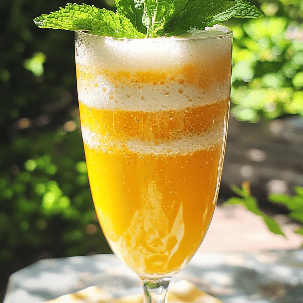 - Ripe peaches - Honey or agave syrup - Fresh lemon juice For a perfect Peach Bellini Mocktail, start with ripe peaches. Look for peaches that are soft and fragrant. These will give you the best flavor. Next, choose honey or agave syrup. Both add natural sweetness. You can adjust the amount to match your taste. Fresh lemon juice adds a nice tartness. It brightens the flavor and balances the sweetness. - Sparkling water or club soda - Fresh mint leaves for garnish - Ice cubes (optional) To make your drink sparkle, use sparkling water or club soda. This adds fizz and fun to your mocktail. Fresh mint leaves add a burst of freshness. They also look pretty as a garnish. You can add ice cubes if you like your drink chilled. Ice makes it even more refreshing on a hot day. - Blender - Fine mesh sieve (optional) - Glassware You will need a blender to mix your ingredients. It makes the peach puree smooth and creamy. If you prefer a smoother texture, use a fine mesh sieve. This step is optional, but it can enhance your drink. Finally, select your favorite glassware for serving. A nice glass makes every drink feel special. For the full recipe, check out Peach Bellini Bliss . First, take your ripe peaches. Chop them into small pieces and put them in a blender. Add one tablespoon of honey or agave syrup. Next, squeeze in one tablespoon of fresh lemon juice. Blend this mix until it becomes smooth and creamy. If you want a super smooth texture, you can strain the puree. Just pour it through a fine mesh sieve. Grab a glass and fill it halfway with ice cubes if you like it cold. Now pour the peach puree into the glass. Watch how the beautiful color fills the glass. Now, it’s time to make it fizzy! Top off the glass with one cup of sparkling water or club soda. Use a spoon to give it a gentle stir. Finally, for a fresh look, add a few mint leaves on top. Enjoy your Peach Bellini Mocktail! You can find the [Full Recipe] to make it again. To make the best Peach Bellini mocktail, start with ripe peaches. Look for peaches that are slightly soft to the touch and smell sweet. These peaches will have the best flavor and sweetness. If your peaches are not ripe, they will taste bland. You can adjust the sweetness to match your taste. If you like it sweeter, add more honey or agave syrup. If you want it less sweet, use less or skip it entirely. Taste as you mix, and find what you like best. The look of your mocktail matters too. Use fun glassware to make it pop. You can choose tall glasses or even mason jars for a rustic feel. Clear glasses show off the peach color, making your drink more appealing. Garnishing can elevate your drink. Add fresh mint leaves for a burst of color and aroma. You can also slice a peach and place it on the rim of the glass. This adds a nice touch and hints at the flavor inside. Mocktails like this one are perfect for any warm day. Serve them at summer parties, picnics, or brunch gatherings. They are refreshing and fun for everyone, even kids. Pair your Peach Bellini mocktail with light snacks. Consider serving it with cheese platters, fruit salads, or shrimp cocktails. These simple snacks will complement the drink's fruity taste. For the full recipe, be sure to check out the complete guide. {{image_2}} You can switch out peaches for many fruits. Think about using ripe strawberries, juicy mangoes, or sweet raspberries. Each fruit brings its own fun taste. If you mix fruits, you can create unique flavors. For example, try blending peaches with strawberries for a berry twist. The combinations are endless! If you want to change the sweetener, you have options. You can use maple syrup or coconut sugar for a different flavor. Honey or agave adds nice sweetness too. If you prefer sugar-free, try stevia or monk fruit sweetener. These options help keep the mocktail light and fresh. Not everyone loves bubbles. You can easily make a non-carbonated version. Just use still water or juice instead of sparkling water. This change keeps the flavor but softens the texture. Adjust the amount of lemon juice or sweetener to match your taste. Enjoy your mocktail the way you like it! How do you store ripe peaches? Ripe peaches are best kept at room temperature. They ripen quickly, so check them daily. Once they are ripe, put them in the fridge. This helps them stay fresh for up to five days. What about the other mocktail components? Store honey or agave syrup in a cool, dry place. Fresh lemon juice should go in the fridge. Keep sparkling water or club soda in a cool place too. These will stay fresh until their expiration dates. Can I make peach puree in advance? Yes, you can! Make the peach puree one day ahead. Blend the peaches, honey, and lemon juice. Store it in an airtight container in the fridge. This saves time when you are ready to serve. How can I make assembly quick on serving day? Gather your ingredients ahead of time. Have ice ready, and keep your sparkling water chilled. This makes it easy to whip up your Peach Bellini mocktail quickly. How fresh are prepared mocktails? Once made, the Peach Bellini mocktail is best enjoyed within a few hours. The sparkling water can lose its fizz over time. Drink it fresh for the best taste. What are signs of spoilage? Check for changes in color or smell. If it smells off or looks strange, it’s best to toss it. Always trust your senses to keep things safe! A Peach Bellini Mocktail has ripe peaches, honey, lemon juice, and sparkling water. The main difference between a mocktail and a cocktail is that a mocktail does not contain alcohol. This makes it a perfect choice for everyone. You get all the yummy flavors without the buzz. It’s refreshing and light, making it great for hot days. Yes, you can easily scale up this recipe for parties or gatherings. Just multiply the ingredients based on how many people you want to serve. For example, if you want to serve four people, use four peaches and double the other ingredients. You can prepare the peach puree ahead of time. Keep it in the fridge until you're ready to serve. Then, just mix and pour! Absolutely! Peaches are full of vitamins A and C. They help keep your skin healthy and boost your immune system. Fresh lemon juice adds vitamin C, which is great for your health too. The mocktail is low in calories if you use less sweetener. It’s a tasty way to enjoy fruit while staying hydrated! You’ve learned how to create a delicious Peach Bellini Mocktail. We covered the best ingredients, step-by-step instructions, and helpful tips. You can customize flavors and make this drink your own. Remember, using fresh ingredients adds the most flavor. Enjoy this mocktail at gatherings or quiet nights at home. Crafting beverages like this is fun and rewarding. Always feel free to experiment with different fruits and sweeteners. With practice, you’ll impress your friends and family. Now, go ahead and enjoy your refreshing drink!