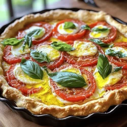 - 1 pre-made pie crust - 4 large ripe tomatoes - 1 cup fresh mozzarella cheese - 1/2 cup grated parmesan cheese - 1/4 cup fresh basil leaves - 1/4 cup mayonnaise - 2 teaspoons Dijon mustard - 1 teaspoon garlic powder - 1 teaspoon dried oregano - Salt and pepper - Olive oil for drizzling - Other herbs for flavor To make a savory tomato pie, you need fresh and tasty ingredients. The pie crust can be store-bought or homemade. I often choose a pre-made crust for convenience, especially on busy days. Using ripe tomatoes is key. They add a juicy and sweet flavor. I prefer large tomatoes for this recipe, as they slice nicely. Fresh mozzarella cheese melts perfectly, making the pie creamy. Parmesan cheese gives a nice sharp taste. Basil is a must! It adds a fresh and fragrant touch. Mix in a bit of mayonnaise and Dijon mustard for a creamy base. Garlic powder and dried oregano boost the flavor. Don't forget salt and pepper; they bring all the ingredients together. You can drizzle olive oil for extra richness. Feel free to add other herbs, like thyme or parsley, to change things up. This combination of flavors makes a pie that is sure to impress. For the full recipe, check out the detailed instructions. 1. First, preheat your oven to 375°F (190°C). 2. Take your pre-made pie crust and place it in a 9-inch pie dish. 3. Poke the bottom of the crust with a fork. This helps to avoid bubbling. 4. Bake the crust for 10 minutes. It will be slightly golden. 5. Once done, remove the crust and let it cool for a bit. 1. In a mixing bowl, add 1/4 cup of mayonnaise, 2 teaspoons of Dijon mustard, 1 teaspoon of garlic powder, and 1 teaspoon of dried oregano. 2. Season with salt and pepper to your taste. 3. Mix all these ingredients well until smooth. 4. Spread this mixture evenly over the bottom of the baked pie crust. 5. Next, layer half of the sliced tomatoes over the mayonnaise mixture. 6. Add half of the mozzarella cheese and half of the parmesan cheese. 7. Sprinkle half of the chopped basil on top of the cheese layers. 8. Repeat this process with the remaining tomatoes, mozzarella, parmesan, and basil. 1. Drizzle a bit of olive oil over the top of your pie for added flavor. 2. Place the pie in the preheated oven and bake for 30-35 minutes. 3. Look for bubbly and golden brown cheese to know it's done. 4. After baking, remove the pie from the oven. Let it cool for about 10 minutes before slicing. For the full recipe, refer to the entire guide above. Enjoy your savory tomato pie warm or at room temperature! You might want to switch out some ingredients. Here are my favorite swaps: - Alternative cheeses: Try goat cheese or cheddar if you like stronger flavors. - Vegan options: Use vegan mozzarella and a plant-based mayo for a tasty twist. Adding some spices can take your pie to the next level: - Adding spices: A pinch of red pepper flakes brings heat. Try smoked paprika for a smoky touch. - Using different herbs: Thyme or rosemary can give a nice depth. Mix in cilantro for a fresh twist. How you serve the pie matters: - Garnishing techniques: Fresh basil leaves look great on top. A drizzle of balsamic glaze adds flair. - Serving ideas: Serve slices warm or at room temperature. Pair with a light salad for a complete meal. For the full recipe, check out the details above! {{image_2}} You can add more veggies to your savory tomato pie. Zucchini makes a great choice. Just slice it thinly and layer it with the tomatoes. Spinach also adds a nice touch. Use fresh leaves and mix them in with the cheese. Bell peppers are another tasty option. Choose red, yellow, or green for a pop of color. Dice them finely and layer them with the other veggies. This medley makes each bite more exciting and colorful. For a Mediterranean flair, try adding olives and feta cheese. Black olives provide a nice salty punch. Crumble feta cheese on top for creaminess. Both flavors pair well with the tomatoes. You can also switch the crust to pita bread. Just layer the ingredients on top of the pita. This gives a unique texture and taste. You will enjoy this twist if you love Mediterranean flavors. Your savory tomato pie can change with the seasons. In summer, use fresh garden tomatoes. They are juicy and full of flavor. In winter, try using sun-dried tomatoes. They will give a rich taste to your pie. You can also adapt to local ingredients. Visit your local farmer's market for fresh produce. This way, your pie will reflect the seasons and local flavors. Each variation makes your savory tomato pie even more special. For the full recipe, check out the Sizzling Savory Tomato Pie section above. To store leftovers, let the pie cool first. Wrap it in plastic wrap or foil. You can also place it in an airtight container. This keeps the pie fresh. The cooked pie lasts about 3 to 4 days in the fridge. Always check for any signs of spoilage before eating. For freezing, wait until the pie has cooled. Wrap it tightly in plastic wrap. Then, cover it with foil to prevent freezer burn. The pie can be frozen for up to 3 months. When you're ready to eat it, thaw the pie in the fridge overnight. Reheat it in the oven at 350°F (175°C) for about 20 minutes or until warm. You can enjoy day-old pie in many ways. Serve it cold or at room temperature. You can also slice it and warm it up in a pan. Another idea is to chop the pie into pieces. Add it to a salad for a tasty twist. You could even use the pie filling in an omelet or a frittata. These methods help you make the most of your leftovers! Yes, you can make Savory Tomato Pie ahead of time. It's easy and saves time. To prepare, bake the pie as directed in the Full Recipe. After cooling, cover it with plastic wrap or foil. Store it in the fridge for up to two days. When ready to eat, just reheat it in the oven at 350°F (175°C) for about 15-20 minutes. This keeps the crust crisp and the cheese melty. Savory Tomato Pie pairs well with many side dishes. Here are some great options: - A light garden salad with a simple vinaigrette - Roasted vegetables for a warm side - Garlic bread for extra flavor - Fresh fruit salad for a sweet touch These sides will enhance your meal and make it even more enjoyable. You can tell the pie is done by looking for a few signs. The cheese should be bubbly and golden brown. The tomatoes should look soft but not mushy. You can also insert a knife into the center; it should come out hot. Let the pie cool for about 10 minutes before slicing. This helps the filling set and makes serving easier. In this blog post, I covered how to make a savory tomato pie. We looked at key ingredients, from ripe tomatoes to fresh herbs. I gave step-by-step instructions for preparing the crust and filling. I also shared tips for flavor enhancements and creative variations. You can enjoy this dish in many ways. Use leftovers for new meals. With this recipe, you have a tasty and easy option to impress anyone. Enjoy your cooking and make it your own!