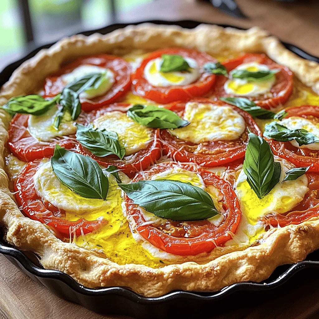 - 1 pre-made pie crust - 4 large ripe tomatoes - 1 cup fresh mozzarella cheese - 1/2 cup grated parmesan cheese - 1/4 cup fresh basil leaves - 1/4 cup mayonnaise - 2 teaspoons Dijon mustard - 1 teaspoon garlic powder - 1 teaspoon dried oregano - Salt and pepper - Olive oil for drizzling - Other herbs for flavor To make a savory tomato pie, you need fresh and tasty ingredients. The pie crust can be store-bought or homemade. I often choose a pre-made crust for convenience, especially on busy days. Using ripe tomatoes is key. They add a juicy and sweet flavor. I prefer large tomatoes for this recipe, as they slice nicely. Fresh mozzarella cheese melts perfectly, making the pie creamy. Parmesan cheese gives a nice sharp taste. Basil is a must! It adds a fresh and fragrant touch. Mix in a bit of mayonnaise and Dijon mustard for a creamy base. Garlic powder and dried oregano boost the flavor. Don't forget salt and pepper; they bring all the ingredients together. You can drizzle olive oil for extra richness. Feel free to add other herbs, like thyme or parsley, to change things up. This combination of flavors makes a pie that is sure to impress. For the full recipe, check out the detailed instructions. 1. First, preheat your oven to 375°F (190°C). 2. Take your pre-made pie crust and place it in a 9-inch pie dish. 3. Poke the bottom of the crust with a fork. This helps to avoid bubbling. 4. Bake the crust for 10 minutes. It will be slightly golden. 5. Once done, remove the crust and let it cool for a bit. 1. In a mixing bowl, add 1/4 cup of mayonnaise, 2 teaspoons of Dijon mustard, 1 teaspoon of garlic powder, and 1 teaspoon of dried oregano. 2. Season with salt and pepper to your taste. 3. Mix all these ingredients well until smooth. 4. Spread this mixture evenly over the bottom of the baked pie crust. 5. Next, layer half of the sliced tomatoes over the mayonnaise mixture. 6. Add half of the mozzarella cheese and half of the parmesan cheese. 7. Sprinkle half of the chopped basil on top of the cheese layers. 8. Repeat this process with the remaining tomatoes, mozzarella, parmesan, and basil. 1. Drizzle a bit of olive oil over the top of your pie for added flavor. 2. Place the pie in the preheated oven and bake for 30-35 minutes. 3. Look for bubbly and golden brown cheese to know it's done. 4. After baking, remove the pie from the oven. Let it cool for about 10 minutes before slicing. For the full recipe, refer to the entire guide above. Enjoy your savory tomato pie warm or at room temperature! You might want to switch out some ingredients. Here are my favorite swaps: - Alternative cheeses: Try goat cheese or cheddar if you like stronger flavors. - Vegan options: Use vegan mozzarella and a plant-based mayo for a tasty twist. Adding some spices can take your pie to the next level: - Adding spices: A pinch of red pepper flakes brings heat. Try smoked paprika for a smoky touch. - Using different herbs: Thyme or rosemary can give a nice depth. Mix in cilantro for a fresh twist. How you serve the pie matters: - Garnishing techniques: Fresh basil leaves look great on top. A drizzle of balsamic glaze adds flair. - Serving ideas: Serve slices warm or at room temperature. Pair with a light salad for a complete meal. For the full recipe, check out the details above! {{image_2}} You can add more veggies to your savory tomato pie. Zucchini makes a great choice. Just slice it thinly and layer it with the tomatoes. Spinach also adds a nice touch. Use fresh leaves and mix them in with the cheese. Bell peppers are another tasty option. Choose red, yellow, or green for a pop of color. Dice them finely and layer them with the other veggies. This medley makes each bite more exciting and colorful. For a Mediterranean flair, try adding olives and feta cheese. Black olives provide a nice salty punch. Crumble feta cheese on top for creaminess. Both flavors pair well with the tomatoes. You can also switch the crust to pita bread. Just layer the ingredients on top of the pita. This gives a unique texture and taste. You will enjoy this twist if you love Mediterranean flavors. Your savory tomato pie can change with the seasons. In summer, use fresh garden tomatoes. They are juicy and full of flavor. In winter, try using sun-dried tomatoes. They will give a rich taste to your pie. You can also adapt to local ingredients. Visit your local farmer's market for fresh produce. This way, your pie will reflect the seasons and local flavors. Each variation makes your savory tomato pie even more special. For the full recipe, check out the Sizzling Savory Tomato Pie section above. To store leftovers, let the pie cool first. Wrap it in plastic wrap or foil. You can also place it in an airtight container. This keeps the pie fresh. The cooked pie lasts about 3 to 4 days in the fridge. Always check for any signs of spoilage before eating. For freezing, wait until the pie has cooled. Wrap it tightly in plastic wrap. Then, cover it with foil to prevent freezer burn. The pie can be frozen for up to 3 months. When you're ready to eat it, thaw the pie in the fridge overnight. Reheat it in the oven at 350°F (175°C) for about 20 minutes or until warm. You can enjoy day-old pie in many ways. Serve it cold or at room temperature. You can also slice it and warm it up in a pan. Another idea is to chop the pie into pieces. Add it to a salad for a tasty twist. You could even use the pie filling in an omelet or a frittata. These methods help you make the most of your leftovers! Yes, you can make Savory Tomato Pie ahead of time. It's easy and saves time. To prepare, bake the pie as directed in the Full Recipe. After cooling, cover it with plastic wrap or foil. Store it in the fridge for up to two days. When ready to eat, just reheat it in the oven at 350°F (175°C) for about 15-20 minutes. This keeps the crust crisp and the cheese melty. Savory Tomato Pie pairs well with many side dishes. Here are some great options: - A light garden salad with a simple vinaigrette - Roasted vegetables for a warm side - Garlic bread for extra flavor - Fresh fruit salad for a sweet touch These sides will enhance your meal and make it even more enjoyable. You can tell the pie is done by looking for a few signs. The cheese should be bubbly and golden brown. The tomatoes should look soft but not mushy. You can also insert a knife into the center; it should come out hot. Let the pie cool for about 10 minutes before slicing. This helps the filling set and makes serving easier. In this blog post, I covered how to make a savory tomato pie. We looked at key ingredients, from ripe tomatoes to fresh herbs. I gave step-by-step instructions for preparing the crust and filling. I also shared tips for flavor enhancements and creative variations. You can enjoy this dish in many ways. Use leftovers for new meals. With this recipe, you have a tasty and easy option to impress anyone. Enjoy your cooking and make it your own!
