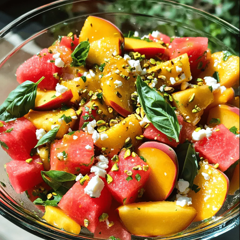 - 2 cups watermelon, cubed - 2 ripe peaches, pitted and sliced - 1/2 cup feta cheese, crumbled - 1/4 cup fresh basil leaves, torn - 2 tablespoons honey - 1 tablespoon lime juice - Salt and pepper to taste - 1/4 cup pistachios, chopped (optional for crunch) How to choose ripe peaches Look for peaches with a golden hue. They should feel soft but not mushy. Check for a sweet aroma. If they smell good, they are likely ripe. Selecting the best watermelon Choose a watermelon that feels heavy for its size. Look for a uniform shape and a creamy spot where it rested on the ground. This spot shows ripeness. Fresh basil: what to look for Pick basil leaves that are bright green and firm. Avoid yellow or brown leaves. Fresh basil has a strong, sweet scent that should fill the air. - Step 1: Preparing the fruit Start with the watermelon. Cut it into bite-sized cubes. Next, take ripe peaches. Slice them into thin wedges. Make sure both fruits are fresh for the best taste. - Step 2: Mixing the fruit in a bowl Grab a large mixing bowl. Add the cubed watermelon and sliced peaches to it. Use a spatula to gently mix them. This way, you keep the fruit intact and juicy. - Step 3: Creating the honey-lime dressing In a small bowl, whisk together honey and lime juice. Add a pinch of salt and pepper. Keep whisking until everything is well blended. This dressing adds a sweet and tangy flavor. - Step 4: Combining all ingredients Drizzle the honey-lime dressing over the fruit. Toss gently to coat all the pieces. If you like some crunch, sprinkle on chopped pistachios now. - Ideal serving style Serve this salad in a large bowl for gatherings. For personal servings, use clear glass bowls to show off the colors. - Garnishing options Top your salad with extra basil leaves for a nice touch. You can also add more feta if you want it creamier. - Best pairings for the salad This salad pairs well with grilled chicken or fish. It also works great as a side dish at picnics. Try it with a light white wine for a refreshing meal. For the full recipe, check out the [Full Recipe]. To make your Summer Peach Watermelon Salad shine, consider adding herbs like mint or cilantro. Fresh herbs boost flavor and add a nice touch. You can also try spices like chili flakes for a kick. Next, curb sweetness with acidity. A splash of lime juice makes the salad pop. It balances the sweet fruit nicely. You can also use lemon juice for a similar effect. Don't forget to experiment with textures. Adding chopped pistachios gives a satisfying crunch. Try using roasted seeds for a different bite. Be careful not to overmix the salad. Gently fold the ingredients together to keep the fruit intact. Overmixing can turn your salad mushy. Also, avoid using unripe fruits. They lack the sweetness and flavor you want. Choose ripe peaches and juicy watermelon for the best taste. Lastly, make sure to balance flavors. If your salad is too sweet, add more lime juice. This creates a more complex flavor profile. A well-balanced salad is always more enjoyable. For more tips, check out the [Full Recipe]. {{image_2}} You can easily change this salad to match your taste. Here are some fun ideas: - Substitutions for feta cheese: If you don't like feta, try goat cheese or ricotta. Both add creaminess. You can also skip cheese for a lighter dish. - Adding nuts or seeds: Want some crunch? Toss in chopped almonds or sunflower seeds. They add texture and flavor to the salad. I love using pistachios for a unique twist. - Incorporating other fruits: Mix in berries like strawberries or blueberries. They add color and sweetness. You can also use mango for a tropical vibe. Making this salad fit your needs is easy. Here’s how: - Vegan version: Skip the cheese and honey. Use agave syrup instead of honey for a sweet touch. You still get a great taste without any animal products. - Gluten-free tips: This salad is already gluten-free! Just ensure that any nuts or seeds you add are also gluten-free. Check labels if you're unsure. - Low-sugar adjustments: Reduce or skip the honey if you want less sugar. Use ripe fruit for natural sweetness. This makes the salad fresh and light. Explore these variations to find your favorite mix! You can check the Full Recipe for all the details on making the salad. To keep your salad fresh, store it in the fridge. Use an airtight container for best results. This will help keep the flavors and texture intact. The salad lasts about 3 days. After that, the fruit may start to spoil. Signs of spoilage: - The fruit becomes mushy or slimy. - There is a bad smell. - The colors fade significantly. If you have leftovers, don’t worry! You can repurpose them in fun ways. One option is to mix the salad with yogurt. This makes a refreshing snack. You can also blend the salad into smoothies. Just toss everything into a blender. Add some ice and blend until smooth. This gives you a tasty drink. Another idea is to use the salad as a topping for pancakes or waffles. It adds a burst of flavor to your breakfast. Enjoy the summer vibes, even in the morning! For the full recipe, check out the Summer Peach Watermelon Salad. Can I make this salad in advance? Yes, you can prepare this salad ahead of time. However, I suggest adding the dressing right before serving. This keeps the fruits fresh and crisp. What are the best substitutions for watermelon? If you want to swap watermelon, try cantaloupe or honeydew. Both fruits offer sweetness and juiciness similar to watermelon. Can I use canned peaches? Canned peaches work, but fresh peaches taste better. If you use canned, choose those in juice, not syrup, for a more natural flavor. How do I make it more filling? To make the salad more filling, add quinoa or chickpeas. These ingredients boost protein and fiber, making it a hearty meal. What dressing works best with fruit salads? A light dressing made with honey and lime juice works well. It enhances the natural sweetness of the fruits. How to prevent browning in fresh fruit? To prevent browning, use lemon or lime juice. A little squeeze on the cut fruit slows down oxidation. Are there any allergen considerations? Yes, be mindful of common allergens. Feta cheese can be an issue for those with dairy allergies. You can use a dairy-free cheese as a substitute. This fruit salad combines fresh flavors and healthy ingredients. Use ripe peaches, juicy watermelon, and creamy feta for the best taste. Remember to mix it gently and balance your flavors to avoid common mistakes. Feel free to try different fruits or dressings to make it your own. Store leftovers in the fridge and enjoy them in smoothies or snacks. With these tips and tricks, you can create a delightful salad that everyone will love. Enjoy exploring new ways to make your meals fresh and exciting!