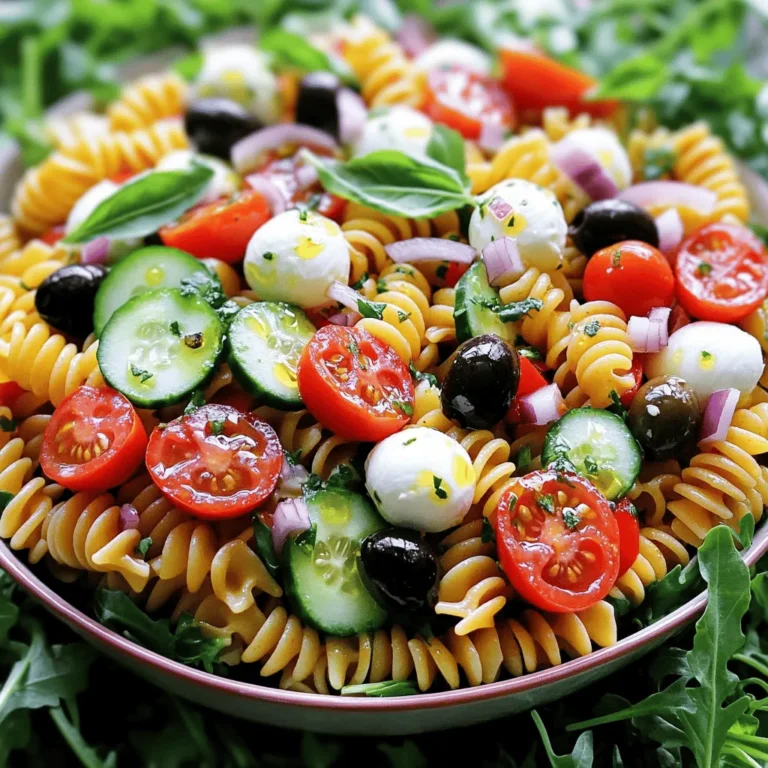 - 12 oz (340g) rotini or fusilli pasta - 1 cup cherry tomatoes, halved - 1 cup cucumber, diced - 1/2 cup black olives, sliced - 1/2 cup pepperoncini, sliced - 1/2 cup mozzarella balls (bocconcini), drained - 1/4 cup red onion, finely chopped - 1/4 cup fresh basil, chopped - 2 tablespoons red wine vinegar (for tanginess) - Fresh arugula for serving - Additional herbs or veggies for customization - 1/4 cup extra virgin olive oil - 1 teaspoon dried oregano - Salt and pepper to taste To make the best Italian pasta salad, use fresh and colorful ingredients. Start with rotini or fusilli pasta. They hold the dressing well and look fun on the plate. Add cherry tomatoes for sweetness and cucumber for crunch. Black olives and pepperoncini give the salad a zesty kick. Don't forget the mozzarella balls! They add creaminess and make the salad feel special. Fresh basil brings a lovely aroma and bright flavor. You can also add red onion for a little bite. For a tangy twist, include red wine vinegar in your dressing. This ingredient can make the salad pop! If you want, serve the salad on a bed of fresh arugula. It adds a nice touch and enhances the look. The dressing is simple yet flavorful. Combine extra virgin olive oil, dried oregano, salt, and pepper. Whisk them together until well blended. This dressing pulls all the flavors together beautifully. For the full recipe, check the section above. First, boil a pot of salted water. Add 12 ounces of rotini or fusilli pasta. Cook the pasta according to the package instructions until it is al dente. This usually takes about 8-10 minutes. Once cooked, drain the pasta in a colander. Then, cool it quickly under cold running water. This helps stop the cooking process and keeps the pasta firm. While the pasta cooks, you can prepare your vegetables. Start by chopping 1 cup of cherry tomatoes in half. Next, dice 1 cup of cucumber into small pieces. Slice 1/2 cup of black olives and 1/2 cup of pepperoncini. Lastly, finely chop 1/4 cup of red onion. These fresh veggies add color and crunch to your salad. In a large mixing bowl, combine the cooled pasta with all the chopped vegetables. Add the sliced black olives, pepperoncini, and the chopped red onion. Toss in 1/2 cup of mozzarella balls and 1/4 cup of fresh basil. Mixing these ingredients together creates a vibrant and tasty blend. To make the dressing, take a small bowl. Whisk together 1/4 cup of extra virgin olive oil, 2 tablespoons of red wine vinegar, 1 teaspoon of dried oregano, salt, and pepper to taste. This dressing adds a zesty punch to your salad. Pour the dressing over the pasta and vegetable mixture in the bowl. Toss gently to ensure every piece is coated well. Cover the bowl and chill it in the refrigerator for at least 30 minutes. This cooling time allows the flavors to mix and become more delicious. When you're ready to serve, give the salad a good stir. For a fresh touch, serve it over a bed of arugula. You can also garnish it with extra basil leaves and a drizzle of olive oil for a beautiful finish. Enjoy this refreshing dish as a side or a main course! For the complete recipe, check out the Full Recipe. Cooking pasta al dente is key. This means it should be firm to the bite. To achieve this, cook your rotini or fusilli for 1-2 minutes less than the package suggests. Test it a minute early. It should have a slight chew when you taste it. After cooking, rinsing the pasta is very important. Rinse it under cold water right after draining. This stops the cooking process and cools the pasta quickly. It prevents clumping and keeps the pasta from getting mushy. You can make this Italian pasta salad your own. Try adding diced bell peppers or artichokes for extra color and flavor. You can also swap out the mozzarella for feta cheese if you enjoy a sharper taste. When it comes to dressing, adjust it to your liking. Add more olive oil for richness or more vinegar for a tangy kick. Taste as you mix to find what you like best. Preparing this salad ahead saves time. You can cook the pasta and chop the veggies a day before. Store them in separate containers in the fridge. This keeps everything fresh and crisp. When you’re ready to eat, combine the ingredients and add the dressing. Leftovers are great too! Store them in a sealed container. They last up to three days in the fridge. Just remember, the flavors get stronger over time. {{image_2}} For a delicious Mediterranean twist, you can add feta cheese and bell peppers. Feta gives a nice salty flavor, and bell peppers add crunch. You can also include artichokes and capers. Both ingredients bring a unique taste and extra texture to your salad. If you want to make your pasta salad more filling, incorporate grilled chicken or shrimp. These proteins will add great flavor. For a vegetarian option, use chickpeas. They are rich in protein and make the dish hearty. Using seasonal vegetables can elevate your Italian pasta salad. For example, add zucchini or asparagus in the summer. They bring freshness and color. You can also adjust the dressing based on fresh herbs available. Basil, parsley, or dill can add a bright touch to your dish. Explore the [Full Recipe](#) for more ideas! Store your Italian pasta salad in an airtight container. This keeps it fresh for up to five days. Always check for signs of spoilage. If you see mold or a bad smell, throw it away. Fresh ingredients can spoil quickly, so be careful. Can you freeze pasta salads? Yes, but it may change the texture. If you choose to freeze it, place the salad in a freezer-safe container. When you are ready to eat, let it thaw in the fridge overnight. Serve it cold. Mix in fresh herbs or veggies for a vibrant taste. To enjoy leftover salad, you can eat it cold or warm it slightly. If you want to reheat it, do so gently on low heat. You can also repurpose it by adding grilled chicken or more veggies. This gives your meal a fresh twist. Create a new dish with the leftovers and have fun with it! Yes, you can use whole wheat pasta! Whole wheat pasta adds fiber and nutrients. It has a nuttier taste and a firmer bite than regular pasta. This change can make your Italian Pasta Salad more filling. Just remember to cook it a bit less for the best texture. You can store your Italian Pasta Salad in the fridge for up to three days. Keep it in an airtight container for optimal freshness. After three days, the salad may lose its crunch and flavor. Always check for any signs of spoilage before eating. Absolutely! To make this salad vegan, skip the mozzarella. You can use vegan cheese or add extra veggies instead. For the dressing, use a vegan-friendly olive oil and vinegar mix. This keeps the salad flavorful and plant-based. Italian Pasta Salad is great for picnics, barbecues, or potlucks. It pairs nicely with grilled meats or a fresh loaf of bread. You can also serve it as a light lunch. It’s colorful and appeals to everyone! To serve more people, simply double the ingredients. For example, use 24 oz of pasta and double the veggies. Keep the dressing ratios the same for the best flavor. This way, you can feed a crowd while keeping it tasty. To enhance flavors, add fresh herbs like parsley or oregano. You can also use sun-dried tomatoes for a tangy kick. A sprinkle of red pepper flakes adds heat. These small additions can make a big difference in taste. Check the [Full Recipe] for more ideas! This Italian Pasta Salad is easy and tasty. By mixing quality ingredients, you achieve great flavor. You learned to cook and store this dish. You can customize it for any meal. Remember to use fresh veggies and herbs for the best taste. Try your variations and enjoy. This salad fits any table or event. Get creative and have fun with it!