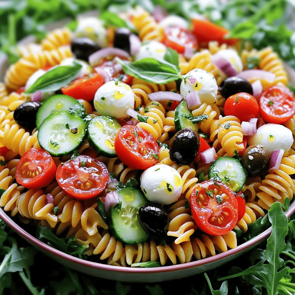 - 12 oz (340g) rotini or fusilli pasta - 1 cup cherry tomatoes, halved - 1 cup cucumber, diced - 1/2 cup black olives, sliced - 1/2 cup pepperoncini, sliced - 1/2 cup mozzarella balls (bocconcini), drained - 1/4 cup red onion, finely chopped - 1/4 cup fresh basil, chopped - 2 tablespoons red wine vinegar (for tanginess) - Fresh arugula for serving - Additional herbs or veggies for customization - 1/4 cup extra virgin olive oil - 1 teaspoon dried oregano - Salt and pepper to taste To make the best Italian pasta salad, use fresh and colorful ingredients. Start with rotini or fusilli pasta. They hold the dressing well and look fun on the plate. Add cherry tomatoes for sweetness and cucumber for crunch. Black olives and pepperoncini give the salad a zesty kick. Don't forget the mozzarella balls! They add creaminess and make the salad feel special. Fresh basil brings a lovely aroma and bright flavor. You can also add red onion for a little bite. For a tangy twist, include red wine vinegar in your dressing. This ingredient can make the salad pop! If you want, serve the salad on a bed of fresh arugula. It adds a nice touch and enhances the look. The dressing is simple yet flavorful. Combine extra virgin olive oil, dried oregano, salt, and pepper. Whisk them together until well blended. This dressing pulls all the flavors together beautifully. For the full recipe, check the section above. First, boil a pot of salted water. Add 12 ounces of rotini or fusilli pasta. Cook the pasta according to the package instructions until it is al dente. This usually takes about 8-10 minutes. Once cooked, drain the pasta in a colander. Then, cool it quickly under cold running water. This helps stop the cooking process and keeps the pasta firm. While the pasta cooks, you can prepare your vegetables. Start by chopping 1 cup of cherry tomatoes in half. Next, dice 1 cup of cucumber into small pieces. Slice 1/2 cup of black olives and 1/2 cup of pepperoncini. Lastly, finely chop 1/4 cup of red onion. These fresh veggies add color and crunch to your salad. In a large mixing bowl, combine the cooled pasta with all the chopped vegetables. Add the sliced black olives, pepperoncini, and the chopped red onion. Toss in 1/2 cup of mozzarella balls and 1/4 cup of fresh basil. Mixing these ingredients together creates a vibrant and tasty blend. To make the dressing, take a small bowl. Whisk together 1/4 cup of extra virgin olive oil, 2 tablespoons of red wine vinegar, 1 teaspoon of dried oregano, salt, and pepper to taste. This dressing adds a zesty punch to your salad. Pour the dressing over the pasta and vegetable mixture in the bowl. Toss gently to ensure every piece is coated well. Cover the bowl and chill it in the refrigerator for at least 30 minutes. This cooling time allows the flavors to mix and become more delicious. When you're ready to serve, give the salad a good stir. For a fresh touch, serve it over a bed of arugula. You can also garnish it with extra basil leaves and a drizzle of olive oil for a beautiful finish. Enjoy this refreshing dish as a side or a main course! For the complete recipe, check out the Full Recipe. Cooking pasta al dente is key. This means it should be firm to the bite. To achieve this, cook your rotini or fusilli for 1-2 minutes less than the package suggests. Test it a minute early. It should have a slight chew when you taste it. After cooking, rinsing the pasta is very important. Rinse it under cold water right after draining. This stops the cooking process and cools the pasta quickly. It prevents clumping and keeps the pasta from getting mushy. You can make this Italian pasta salad your own. Try adding diced bell peppers or artichokes for extra color and flavor. You can also swap out the mozzarella for feta cheese if you enjoy a sharper taste. When it comes to dressing, adjust it to your liking. Add more olive oil for richness or more vinegar for a tangy kick. Taste as you mix to find what you like best. Preparing this salad ahead saves time. You can cook the pasta and chop the veggies a day before. Store them in separate containers in the fridge. This keeps everything fresh and crisp. When you’re ready to eat, combine the ingredients and add the dressing. Leftovers are great too! Store them in a sealed container. They last up to three days in the fridge. Just remember, the flavors get stronger over time. {{image_2}} For a delicious Mediterranean twist, you can add feta cheese and bell peppers. Feta gives a nice salty flavor, and bell peppers add crunch. You can also include artichokes and capers. Both ingredients bring a unique taste and extra texture to your salad. If you want to make your pasta salad more filling, incorporate grilled chicken or shrimp. These proteins will add great flavor. For a vegetarian option, use chickpeas. They are rich in protein and make the dish hearty. Using seasonal vegetables can elevate your Italian pasta salad. For example, add zucchini or asparagus in the summer. They bring freshness and color. You can also adjust the dressing based on fresh herbs available. Basil, parsley, or dill can add a bright touch to your dish. Explore the [Full Recipe](#) for more ideas! Store your Italian pasta salad in an airtight container. This keeps it fresh for up to five days. Always check for signs of spoilage. If you see mold or a bad smell, throw it away. Fresh ingredients can spoil quickly, so be careful. Can you freeze pasta salads? Yes, but it may change the texture. If you choose to freeze it, place the salad in a freezer-safe container. When you are ready to eat, let it thaw in the fridge overnight. Serve it cold. Mix in fresh herbs or veggies for a vibrant taste. To enjoy leftover salad, you can eat it cold or warm it slightly. If you want to reheat it, do so gently on low heat. You can also repurpose it by adding grilled chicken or more veggies. This gives your meal a fresh twist. Create a new dish with the leftovers and have fun with it! Yes, you can use whole wheat pasta! Whole wheat pasta adds fiber and nutrients. It has a nuttier taste and a firmer bite than regular pasta. This change can make your Italian Pasta Salad more filling. Just remember to cook it a bit less for the best texture. You can store your Italian Pasta Salad in the fridge for up to three days. Keep it in an airtight container for optimal freshness. After three days, the salad may lose its crunch and flavor. Always check for any signs of spoilage before eating. Absolutely! To make this salad vegan, skip the mozzarella. You can use vegan cheese or add extra veggies instead. For the dressing, use a vegan-friendly olive oil and vinegar mix. This keeps the salad flavorful and plant-based. Italian Pasta Salad is great for picnics, barbecues, or potlucks. It pairs nicely with grilled meats or a fresh loaf of bread. You can also serve it as a light lunch. It’s colorful and appeals to everyone! To serve more people, simply double the ingredients. For example, use 24 oz of pasta and double the veggies. Keep the dressing ratios the same for the best flavor. This way, you can feed a crowd while keeping it tasty. To enhance flavors, add fresh herbs like parsley or oregano. You can also use sun-dried tomatoes for a tangy kick. A sprinkle of red pepper flakes adds heat. These small additions can make a big difference in taste. Check the [Full Recipe] for more ideas! This Italian Pasta Salad is easy and tasty. By mixing quality ingredients, you achieve great flavor. You learned to cook and store this dish. You can customize it for any meal. Remember to use fresh veggies and herbs for the best taste. Try your variations and enjoy. This salad fits any table or event. Get creative and have fun with it!