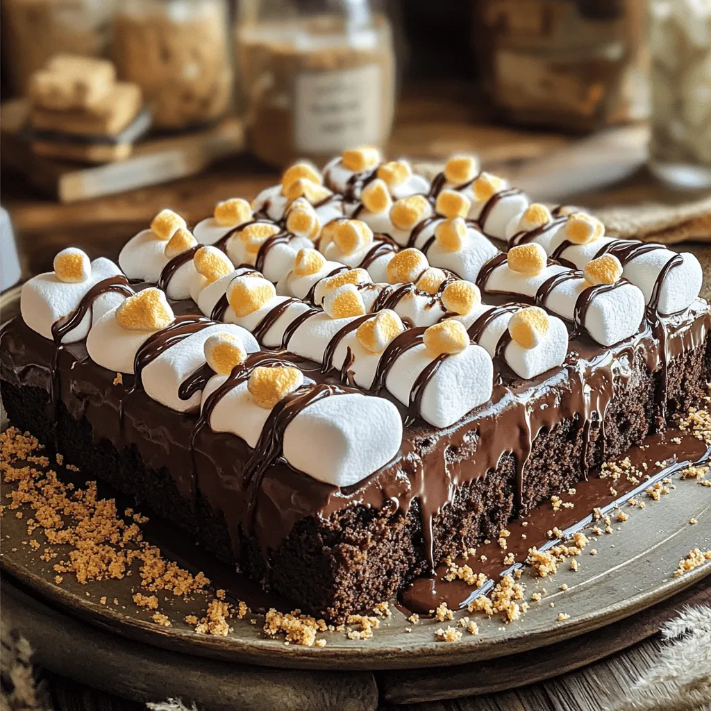 To make a delicious s'mores sheet cake, you need some key ingredients. These will help create a rich, sweet treat that everyone will enjoy. Here’s what you need: - 1 box chocolate cake mix - 3 large eggs - 1 cup water - 1/3 cup vegetable oil - 1 cup mini marshmallows - 1 cup graham cracker crumbs - 1 cup chocolate chips - 1 cup sweetened condensed milk - 1 teaspoon vanilla extract - Pinch of salt - Additional mini marshmallows for topping - Chocolate sauce for drizzling These ingredients combine to create a cake that’s both easy to make and fun to eat. Each layer adds to the classic s'mores flavor. The chocolate cake mix gives you a rich base, while the mini marshmallows and graham cracker crumbs add the signature crunch and sweetness. The sweetened condensed milk helps keep the cake moist. When you gather these ingredients, it’s like setting the stage for a fun baking adventure. You can find most of these items at your local grocery store. If you want to switch things up, consider using different cake mixes or toppings. You can find the full recipe in the previous section to guide you through the baking process. First, you need to grease your baking pan. Use butter or cooking spray to coat a 9x13 inch pan. This will help the cake come out easily. Next, preheat your oven to 350°F (175°C). This step is very important. While your oven heats up, grab a large mixing bowl. In that bowl, mix the chocolate cake mix, water, eggs, and vegetable oil. Stir it well until you have a smooth batter. You want no lumps in your mix. After that, gently fold in the mini marshmallows, graham cracker crumbs, chocolate chips, sweetened condensed milk, vanilla extract, and a pinch of salt. Make sure everything blends evenly. Now, pour the batter into your greased pan. Spread it out evenly with a spatula. This helps the cake bake evenly. Place the pan in the oven and bake it for 30 to 35 minutes. To check if it is done, insert a toothpick in the center. If it comes out clean, the cake is ready. Once the cake is done, take it out of the oven. Sprinkle additional mini marshmallows on top. Return the cake to the oven for 5 more minutes. This will toast the marshmallows until they are golden and puffed. After that, let the cake cool completely in the pan. When it's cool, drizzle some chocolate sauce over the top. This dessert is now ready to enjoy. For the Full Recipe, check the section above. To get a great texture in your s'mores sheet cake, gently fold in the ingredients. This keeps the cake light and fluffy. If you mix too hard, it can become dense. Each ingredient should blend well without losing air. Also, ovens can vary. Check your cake a few minutes early. If your oven runs hot, you may need less time. For the best look, cut the cake into neat squares. Place them on a pretty platter. Sprinkle extra graham cracker crumbs on top. Drizzle chocolate sauce for a sweet touch. For a fun twist, toast some mini marshmallows and add them on top. This gives a nice, gooey finish. Pair your s'mores sheet cake with cold milk or hot cocoa. Both drinks complement the sweet, rich flavors. You can also serve it with coffee for a warm treat. Enjoy the cake fresh for the best taste! For the full recipe, check out the details provided earlier. {{image_2}} You can switch up flavors in your s'mores sheet cake. Adding peanut butter or Nutella brings a rich taste. Just mix in about half a cup of your favorite spread into the batter. This gives each bite a creamy, nutty twist. You can also use different cake mixes. Instead of chocolate, try vanilla or red velvet. Each mix gives the cake a new flavor profile while keeping the s'mores theme. Just follow the same steps in the recipe for a fun change! If you need gluten-free options, use a gluten-free cake mix. This keeps the cake just as moist and delicious. Make sure to check the other ingredients for gluten as well. For vegan substitutions, swap the eggs with flax eggs. Mix one tablespoon of ground flaxseed with three tablespoons of water for each egg. Use almond milk or oat milk instead of regular milk. These changes keep the cake tasty while meeting dietary needs. Explore these fun variations to make your s'mores sheet cake unique and enjoyable for everyone! For the full recipe, check the earlier section. To keep your s'mores sheet cake fresh, let it cool completely. Cover the cake with plastic wrap or foil. This helps keep moisture in and prevents it from drying out. You can also store the cake in an airtight container. In the fridge, it stays good for about 3 to 5 days. For longer storage, consider freezing it. When you're ready to enjoy a slice, there are a few ways to reheat it. The best method is to use the oven. Preheat the oven to 350°F (175°C). Place the slice on a baking sheet and heat for about 10 minutes. This keeps the cake moist and revives the flavors. You can also use the microwave for a quick fix. Heat a slice for about 20-30 seconds. Add a few mini marshmallows on top before reheating for extra gooeyness. You start with a box mix for ease. It saves time and effort. A homemade cake has a richer taste. You can use flour, sugar, cocoa, baking powder, and eggs. If you want to switch things up, use whole wheat flour or almond flour. You can also swap out vegetable oil for melted butter. This change adds a nice flavor. Yes, you can freeze the cake! First, let it cool completely. Wrap it tightly in plastic wrap. Then, place it in a freezer-safe bag. To thaw, move it to the fridge overnight. Freezing may change the texture a bit. The cake may become denser but will still taste great. If you need a substitute, try using chopped regular marshmallows. They give a similar taste but change the look. You can also use whipped cream for a fluffier texture. For toppings, consider crushed cookies or dark chocolate shavings. These options add a fun twist to your cake. You now have a simple guide to make a delicious s'mores sheet cake. We reviewed the ingredients, easy steps, and helpful tips. You can also explore fun variations and storage methods. This dessert is perfect for gatherings or a tasty treat at home. Enjoy experimenting with flavors and serving ideas to impress your family and friends. Baking is fun, and this cake will satisfy your sweet cravings every time!