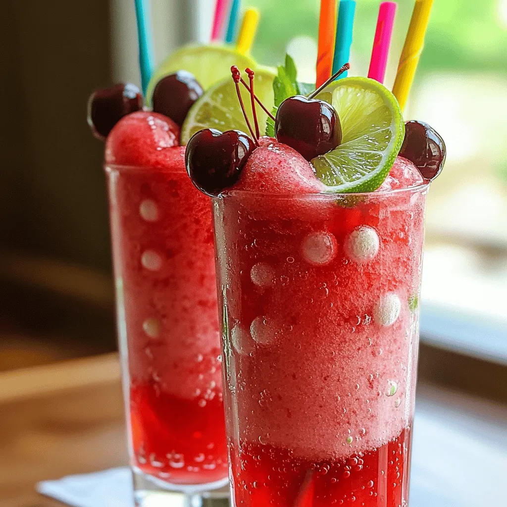 - 2 cups fresh or frozen cherries, pitted - 1/2 cup freshly squeezed lime juice - 1/2 cup granulated sugar - 1 1/2 cups sparkling water - 2 cups ice cubes - Lime slices and fresh cherries for garnish To make the best Cherry Lime Soda Slushies, precise measurements matter. Use a liquid measuring cup for lime juice. This ensures you get the right amount. For cherries, a standard cup works well. If you use frozen cherries, let them thaw a bit for easier blending. When measuring sugar, level it off with a straight edge. This helps avoid too much sweetness. For cherries, I like to use Washington or Bing cherries. They are sweet and flavorful. For lime juice, fresh limes always taste best. If you need a quick option, store-bought lime juice can work too. When it comes to sparkling water, I recommend brands like La Croix or Perrier. They add great fizz. You can also try flavored sparkling waters for a fun twist. To make these Cherry Lime Soda Slushies, start with fresh or frozen cherries. You need about 2 cups. Remove the pits if using fresh cherries. Next, take 1/2 cup of freshly squeezed lime juice. This gives the slush a nice tartness. Combine the cherries, lime juice, and 1/2 cup of granulated sugar in a blender. Blend until smooth. Now, add 2 cups of ice cubes to the blender. Blend again until you achieve a slushy consistency. It should be thick but still pourable. Pour the cherry mixture into a large mixing bowl. Slowly fold in 1 1/2 cups of sparkling water. Do this gently to keep some fizz. Taste your mix. If it needs more sweetness, add sugar or extra cherries. Blend briefly if you add more. Spoon the slushie into tall glasses. Finally, garnish with lime slices and fresh cherries. To get the perfect slushy, focus on ice. Use fresh ice cubes for the best texture. Blend the ice well, but don’t overdo it. If you blend too long, it can turn watery. You want a mix that feels icy but not too hard. Also, when adding sparkling water, do it slowly. Mixing too fast can lose the bubbles. Fold it in gently to keep that fizzy feel. If your slushy is too thick, you can add a bit more sparkling water. 1. Blend the Base: Combine cherries, lime juice, and sugar until smooth. 2. Add Ice: Pour in the ice cubes, blending until slushy. 3. Fold in Fizz: Gently mix in sparkling water to maintain bubbles. 4. Taste and Adjust: Check the sweetness, adding sugar or cherries as needed. 5. Serve: Spoon into glasses and add garnishes like lime slices and cherries. These steps will lead you to a delightful Cherry Lime Soda Slushie. Enjoy this refreshing treat anytime! Making slushies sounds easy, but some common mistakes can ruin them. One big mistake is blending too long. If you blend too much, your slushie will turn into a drink. You want that icy texture, not a smoothie. Another mistake is not using enough ice. Ice gives your slushie the right thickness. Lastly, don’t skip the sparkling water. It adds a nice fizz that makes your slushie fun. You can easily change the sweetness of your slushie. If you prefer it sweeter, add more sugar or extra cherries. Just blend again for a short time. If you find it too sweet, add a splash of lime juice. This will balance the flavor. Always taste your slushie before serving. This way, you can adjust it to your liking. Blending is key to a great slushie. First, blend the cherries, lime juice, and sugar until smooth. Then, add the ice cubes. Blend again until you see a slushy texture. When you mix in the sparkling water, do it gently. This keeps all the bubbles intact. If you overmix, you’ll lose that fizzy feel. Follow these steps from the Full Recipe for the best results. {{image_2}} You can change the taste of your Cherry Lime Soda Slushies by using different fruits. Try using strawberries, blueberries, or even mangoes. Each fruit adds its own twist. For example, strawberries give a sweet and fresh flavor. Blueberries add a nice tartness. Mangoes bring a tropical touch. You can mix and match to find your favorite combo! To make your slushies even more exciting, think about fun add-ins. You can mix in some mint leaves for a cool flavor. A splash of coconut milk can add creaminess. If you want a fizzier drink, use soda instead of sparkling water. You can also add a scoop of lime sorbet for a sweeter finish. Let your creativity flow! Seasonal fruits make great slushies too! In summer, add fresh peaches or watermelon for a refreshing treat. Fall is perfect for using apples or pears. You can even add a hint of cinnamon for warmth. In winter, try using cranberries for a festive touch. Each season brings its own fruits, so have fun experimenting! To make the best Cherry Lime Soda Slushies, check out the Full Recipe for detailed steps and tips! After you make your Cherry Lime Soda Slushies, you might have some left over. To keep them fresh, store them in a sealed container. This helps prevent ice crystals from forming. You can also use a mason jar for a tight seal. Be sure to leave some space at the top. Slushies expand when they freeze. If you want to freeze slushies, pour them into ice cube trays. This way, you can use them later. When you want a quick drink, blend a few slushie cubes with a splash of sparkling water. This makes a fun, icy treat. You can also freeze the entire batch in a container. Just remember to stir it every hour until it’s frozen solid. Cherry Lime Soda Slushies taste best when fresh. They can last up to 3 days in the fridge. After that, the flavors may fade. If you see any ice crystals or an off smell, it’s time to toss them. Always trust your senses. Fresh slushies should smell sweet and fruity. Enjoy your tasty treat without worries! A Cherry Lime Soda Slushie is a fun and frozen drink. It blends sweet cherries with tart lime juice. You mix these with sparkling water and ice. The result is a refreshing, slushy treat perfect for hot days. This drink is fizzy and full of fruity flavor. You can easily make it at home. Just follow the Full Recipe, and you’ll enjoy this vibrant drink. Yes, you can use many other fruits! Strawberries, raspberries, or even mangoes work well. Each fruit adds a unique taste and color. You can mix fruits too, like cherries and strawberries. Just keep the lime juice and sugar to balance the flavors. Experiment and find your favorite combo! You can prep Cherry Lime Soda Slushies ahead of time. Make the slushie mixture and store it in the freezer. When you are ready to serve, scoop it into glasses. You can blend it again if it’s too hard. This way, you enjoy a cold treat whenever you want! You learned how to make Cherry Lime Soda Slushies from start to finish. We covered ingredients, preparation tips, and step-by-step instructions. I shared common mistakes to avoid and ways to make your slushies unique. You also discovered how to store leftovers and answered frequently asked questions. Now, you have everything you need to create the perfect slushy. Enjoy experimenting with flavors and techniques. Your slushy journey starts here!