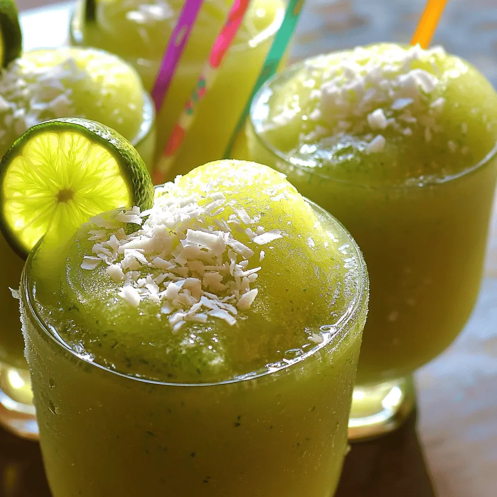 - 2 cups coconut water - 1 cup fresh lime juice (about 6-8 limes) - 1 cup unsweetened shredded coconut Coconut water is light and refreshing. It hydrates you and adds a nice flavor. Fresh lime juice gives the drink its tangy kick. You can squeeze the limes by hand for a fresh taste. Shredded coconut adds texture and enhances the coconut flavor. - 1/2 cup agave syrup (adjust sweetness to taste) - Optional sweeteners and flavor enhancers Agave syrup is natural and sweet. You can adjust the amount based on your taste. If you want to try other sweeteners, honey or maple syrup works too. For a fun twist, consider adding a splash of vanilla extract or a hint of ginger. - Lime slices - Shredded coconut for decoration Garnishes make your drink look pretty. Lime slices add color and a fresh smell. Sprinkling shredded coconut on top gives a nice finish. You can also use mint leaves for a pop of green. For the full recipe, check out the [Full Recipe]. To start, gather your ingredients. You will need coconut water, fresh lime juice, shredded coconut, and agave syrup. 1. Blending coconut water and lime juice: In a blender, pour in 2 cups of coconut water. Squeeze about 6-8 limes to get 1 cup of fresh lime juice. Add this juice to the blender. Blend these two until they mix well. 2. Adding shredded coconut and sweetener: Next, add 1 cup of unsweetened shredded coconut to the blender. Pour in 1/2 cup of agave syrup. Blend until everything is smooth and combined. Now, we will make this drink icy and refreshing. 1. Incorporating ice cubes: Add 2 cups of ice cubes to the blender. Blend on high speed until the mixture is slushy and smooth. 2. Adjusting consistency with coconut water: If the mix is too thick, add a splash of coconut water. Blend again until it reaches your desired thickness. It is time to serve your delicious drink! 1. Pouring and garnishing tips: Pour the frozen limonada into chilled glasses. For a fun touch, add a slice of lime on the rim of each glass. 2. Ideal glassware for presentation: Use clear glasses to show off the pretty colors of your drink. You can also sprinkle some shredded coconut on top for added flair. Enjoy your Frozen Limonada de Coco! To make your frozen limonada de coco just right, you need the right mix. If your drink is too thick, simply add more coconut water. Blend again to get a smooth texture. If it’s too thin, add more ice. This will help create that perfect slushy feel. When choosing ice, use fresh, clean ice cubes. Avoid old or freezer-burned ice. This can change the taste of your drink. You can even freeze coconut water into ice cubes for added flavor! Sweetness can make or break your drink. Start with half a cup of agave syrup. Then taste your limonada. If it needs more sweetness, add a little more. You can also try other sweeteners. Honey or maple syrup can work well. For a natural touch, use stevia or monk fruit. They add sweetness without extra calories. Adding extra ingredients can take your limonada to the next level. Try fresh mint leaves for a refreshing twist. Blend them in or use them as a garnish. You can also add fruits like strawberries or mango. They pair great with coconut and lime. These flavors will create a fun and tasty drink. Experiment and find what you love best! For the full recipe, check out the [Full Recipe](#). {{image_2}} You can add fruits to spice up your frozen limonada. Try adding mango or pineapple for a tropical twist. These fruits blend well with coconut and lime. They make the drink sweeter and more colorful. You can also use flavored coconut waters. This adds a fun taste and makes the drink unique. Look for coconut water with hints of pineapple or passion fruit. This twist can excite your palate! Want to elevate your drink for a party? Consider adding rum or vodka. Both spirits pair well with coconut and lime. For a balanced flavor, use one to two ounces per serving. This amount keeps the drink refreshing and not too strong. Mix well and enjoy a tropical cocktail. You can also rim your glasses with salt for an extra kick! If you want a low-sugar drink, you have options. You can use stevia or monk fruit sweetener instead of agave syrup. These alternatives provide sweetness without added calories. For a creamier texture, try different plant-based milks like almond or oat milk. This keeps the drink vegan-friendly while adding a unique flavor. Remember, the key is to find what suits your taste best! After enjoying your Frozen Limonada de Coco, you may have some left. Store it in an airtight container in the fridge. This keeps it fresh for about a day. If you want to save it longer, freeze the limonada. Pour it into ice cube trays or freezer-safe containers. This way, it stays good for up to three months. The drink stays fresh for about 24 hours in the fridge. If you see changes in color or smell, it may spoil. Watch for ice crystals forming if you freeze it. These can affect the drink's taste. If it tastes sour or off, it's best to throw it away. If you have leftover coconut or lime, there are fun ways to use them. You can add shredded coconut to oatmeal or yogurt. Lime juice works great in salad dressings or marinades. Try mixing lime juice with honey for a sweet dip. You can also explore recipes that use coconut milk, like curries or smoothies. This way, nothing goes to waste. To make this drink for a party, just scale up the recipe. If you want to serve eight people, double the ingredients. Use 4 cups of coconut water, 2 cups of lime juice, and so on. This way, you keep the same great taste while serving more guests. Blend in batches if your blender isn’t big enough. Pour into a large pitcher, and keep it chill until serving. Yes, you can make Frozen Limonada de Coco without sweeteners. Try using ripe bananas or dates for natural sweetness. You can also use stevia or monk fruit for a low-calorie option. Just blend them in with the other ingredients. Adjust the lime juice to balance the flavors, as these alternatives may change the taste. Coconut water is a great drink for hydration. It contains electrolytes like potassium and sodium. These help keep your body balanced. One cup has about 46 calories and 10 grams of carbs. It’s also low in sugar compared to many juices. Drinking coconut water can aid digestion and may support heart health. Enjoying it in your limonada makes it both tasty and nutritious! This blog post shared a fun way to make Frozen Limonada de Coco using coconut water, fresh lime juice, and shredded coconut. We covered sweeteners, garnishes, and tips for the perfect drink. You learned how to blend it smoothly and add fun flavors. Try variations like fruity options or a refreshing kick with alcohol. Store leftovers neatly for later enjoyment. With these tips, you can impress guests or enjoy a tasty treat at home. Now, grab your ingredients and start blending! Your satisfying drink awaits.