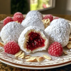 Raspberry Almond Snowball Cookies come together with just a few simple ingredients. Here’s what you need: - 1 cup unsalted butter, softened - 1/2 cup powdered sugar, plus extra for dusting - 1 teaspoon vanilla extract - 1/2 teaspoon almond extract - 2 cups all-purpose flour - 1/2 cup finely chopped almonds - 1/4 teaspoon salt - 1/2 cup raspberry preserves These ingredients create a soft, buttery cookie with a burst of sweet raspberry. Using fresh ingredients makes a big difference. Fresh butter adds creaminess and flavor. High-quality raspberry preserves give the cookie a juicy surprise. If your ingredients are old or stale, the cookies won't taste as good. Always check the dates on your baking items. You can swap some ingredients if needed. For a dairy-free option, use vegan butter. If you dislike almonds, try chopped walnuts or pecans. You can also use other fruit preserves like strawberry or peach for different flavors. These changes keep the cookies fun and fresh. For the full recipe, check out the [Full Recipe]. Start by gathering your ingredients. You need butter, powdered sugar, flour, and almond extract. Make sure your butter is soft. This helps mix it well. In a big bowl, cream the butter and sugar together. Use a mixer or a spoon. Mix until it gets light and fluffy. Then, add the vanilla and almond extract. These flavors make the cookies special. Next, sift in the flour and salt. Mix gently; you don't want to overwork the dough. Finally, fold in the chopped almonds. They add a nice crunch. Your dough should be soft but not sticky. If it feels too wet, sprinkle a bit more flour. Now it's time to shape your cookies. Take about 1 tablespoon of dough. Flatten it in your hand, making a small circle. Place 1/2 teaspoon of raspberry preserves in the center. Fold the dough around the jam. Pinch it closed to form a ball. Make sure the jam is sealed inside. This way, it won’t leak while baking. Line your baking sheet with parchment paper. Place the cookie balls on the sheet, leaving space between them. This helps them bake evenly. You can fit about 12 cookies on one sheet. Preheat your oven to 350°F (175°C). This step is key for even baking. Bake your cookies for 12-15 minutes. Keep an eye on them. You want the bottoms to turn golden, not brown. Overbaking makes them dry. Once baked, let them cool for 5 minutes on the sheet. Then move them to a wire rack. Let them cool completely. After cooling, dust the cookies with powdered sugar. This creates a lovely snowy look. You can find the Full Recipe for more details on timing and techniques. One mistake is using cold butter. Always start with softened butter. This helps the dough mix well. Another error is overbaking. Watch the cookies closely. They should be lightly golden on the bottoms, not brown. Lastly, don’t skip the dusting. The powdered sugar adds sweetness and charm. To boost flavor, use good-quality almond extract. It makes a big difference. Also, look for fresh raspberry preserves. You want a bright, fruity taste. Try to balance the sweetness of the cookies with the tartness of the raspberry. This mix creates a delightful bite that keeps you coming back for more. Dusting cookies can be fun and easy. Use a fine-mesh sieve for an even sprinkle of powdered sugar. Hold it high above the cookies for a nice, gentle fall of sugar. You can also dust them after they cool completely. This keeps the sugar from melting into the warm cookies. For a festive touch, consider adding some chopped almonds on top as well. For the full recipe of Raspberry Almond Snowball Cookies, check out the complete instructions provided above. {{image_2}} Raspberry almond snowball cookies are great, but you can switch up the filling! Here are some ideas: - Strawberry preserves: This adds a sweet twist. - Apricot jam: A tangy flavor shines through. - Nutella: Rich and creamy, it is a crowd-pleaser. - Peanut butter: This gives a fun, nutty taste. You can use any fruit spread you love. Just make sure it’s thick enough to hold its shape. While almonds are classic, other nuts can work well too. Here are some tasty options: - Pecans: They add a buttery flavor. - Walnuts: These offer a hearty crunch. - Hazelnuts: They give a unique, rich taste. - Cashews: Their creaminess blends nicely with the dough. Feel free to mix and match. Use what you have on hand or what you enjoy most. If you have dietary needs, you can still enjoy these cookies. Here are ways to adapt: - Gluten-free: Use a gluten-free flour blend for the dough. - Dairy-free: Substitute the butter with coconut oil or a dairy-free spread. - Sugar-free: Try a sugar substitute to make the cookies lower in sugar. These modifications allow everyone to enjoy the deliciousness. Check the [Full Recipe] for the base ingredients and instructions. To keep Raspberry Almond Snowball Cookies fresh, store them in an airtight container. This helps maintain their soft texture. Line the container with parchment paper to absorb any moisture. If you have multiple layers, separate them with more parchment to prevent sticking. Keep the container in a cool, dry place. Avoid warm spots to stop the cookies from getting soggy. You can freeze these cookies for later. To do this, let the cookies cool completely first. Then, place them in a single layer on a baking sheet. Freeze them for about one hour until firm. Once frozen, transfer them to a freezer bag or airtight container. They will last up to three months in the freezer. When you want to enjoy them, let them thaw at room temperature. Raspberry Almond Snowball Cookies stay fresh for about one week at room temperature. Check for signs of staleness, like a dry texture or loss of flavor. If the cookies develop any odd smell or change in color, it’s best to toss them. For the best taste, enjoy them within the first few days. You can always refer to the Full Recipe for tips on how to make a fresh batch! To stop cookies from spreading, chill the dough first. After mixing, cover the bowl and place it in the fridge for about 30 minutes. This helps firm up the butter. You can also use parchment paper on your baking sheet. This keeps the cookies from sticking and helps them hold their shape. Yes, you can make these cookies ahead of time! After forming the dough balls, freeze them on a baking sheet. Once frozen, transfer them to a zip-top bag. You can bake them later straight from the freezer. Just add a couple of extra minutes to the baking time. Serve these cookies on a pretty plate. I love to add fresh raspberries and almond slices for color. Dusting them with powdered sugar makes them look snowy and festive. These cookies pair well with tea or coffee, making them great for gatherings. For the full recipe, check out the section above. We explored key ingredients and their importance for making the best cookies. Fresh ingredients are vital for rich flavor. I shared steps for prepping, shaping, and baking, plus common mistakes to avoid. You learned about fun variations, smart storage tips, and answers to common questions. Now you can bake cookies that delight. Remember, practice makes perfect. Enjoy your baking journey!