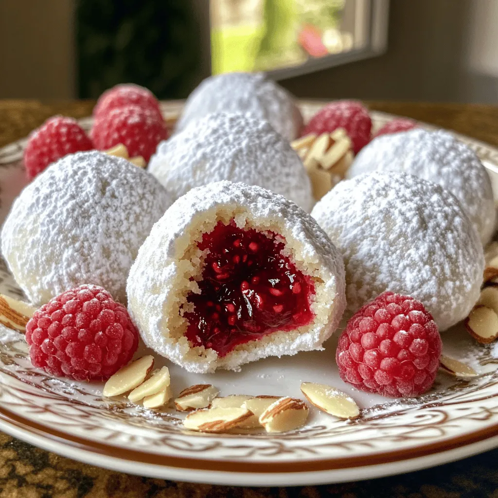 Raspberry Almond Snowball Cookies come together with just a few simple ingredients. Here’s what you need: - 1 cup unsalted butter, softened - 1/2 cup powdered sugar, plus extra for dusting - 1 teaspoon vanilla extract - 1/2 teaspoon almond extract - 2 cups all-purpose flour - 1/2 cup finely chopped almonds - 1/4 teaspoon salt - 1/2 cup raspberry preserves These ingredients create a soft, buttery cookie with a burst of sweet raspberry. Using fresh ingredients makes a big difference. Fresh butter adds creaminess and flavor. High-quality raspberry preserves give the cookie a juicy surprise. If your ingredients are old or stale, the cookies won't taste as good. Always check the dates on your baking items. You can swap some ingredients if needed. For a dairy-free option, use vegan butter. If you dislike almonds, try chopped walnuts or pecans. You can also use other fruit preserves like strawberry or peach for different flavors. These changes keep the cookies fun and fresh. For the full recipe, check out the [Full Recipe]. Start by gathering your ingredients. You need butter, powdered sugar, flour, and almond extract. Make sure your butter is soft. This helps mix it well. In a big bowl, cream the butter and sugar together. Use a mixer or a spoon. Mix until it gets light and fluffy. Then, add the vanilla and almond extract. These flavors make the cookies special. Next, sift in the flour and salt. Mix gently; you don't want to overwork the dough. Finally, fold in the chopped almonds. They add a nice crunch. Your dough should be soft but not sticky. If it feels too wet, sprinkle a bit more flour. Now it's time to shape your cookies. Take about 1 tablespoon of dough. Flatten it in your hand, making a small circle. Place 1/2 teaspoon of raspberry preserves in the center. Fold the dough around the jam. Pinch it closed to form a ball. Make sure the jam is sealed inside. This way, it won’t leak while baking. Line your baking sheet with parchment paper. Place the cookie balls on the sheet, leaving space between them. This helps them bake evenly. You can fit about 12 cookies on one sheet. Preheat your oven to 350°F (175°C). This step is key for even baking. Bake your cookies for 12-15 minutes. Keep an eye on them. You want the bottoms to turn golden, not brown. Overbaking makes them dry. Once baked, let them cool for 5 minutes on the sheet. Then move them to a wire rack. Let them cool completely. After cooling, dust the cookies with powdered sugar. This creates a lovely snowy look. You can find the Full Recipe for more details on timing and techniques. One mistake is using cold butter. Always start with softened butter. This helps the dough mix well. Another error is overbaking. Watch the cookies closely. They should be lightly golden on the bottoms, not brown. Lastly, don’t skip the dusting. The powdered sugar adds sweetness and charm. To boost flavor, use good-quality almond extract. It makes a big difference. Also, look for fresh raspberry preserves. You want a bright, fruity taste. Try to balance the sweetness of the cookies with the tartness of the raspberry. This mix creates a delightful bite that keeps you coming back for more. Dusting cookies can be fun and easy. Use a fine-mesh sieve for an even sprinkle of powdered sugar. Hold it high above the cookies for a nice, gentle fall of sugar. You can also dust them after they cool completely. This keeps the sugar from melting into the warm cookies. For a festive touch, consider adding some chopped almonds on top as well. For the full recipe of Raspberry Almond Snowball Cookies, check out the complete instructions provided above. {{image_2}} Raspberry almond snowball cookies are great, but you can switch up the filling! Here are some ideas: - Strawberry preserves: This adds a sweet twist. - Apricot jam: A tangy flavor shines through. - Nutella: Rich and creamy, it is a crowd-pleaser. - Peanut butter: This gives a fun, nutty taste. You can use any fruit spread you love. Just make sure it’s thick enough to hold its shape. While almonds are classic, other nuts can work well too. Here are some tasty options: - Pecans: They add a buttery flavor. - Walnuts: These offer a hearty crunch. - Hazelnuts: They give a unique, rich taste. - Cashews: Their creaminess blends nicely with the dough. Feel free to mix and match. Use what you have on hand or what you enjoy most. If you have dietary needs, you can still enjoy these cookies. Here are ways to adapt: - Gluten-free: Use a gluten-free flour blend for the dough. - Dairy-free: Substitute the butter with coconut oil or a dairy-free spread. - Sugar-free: Try a sugar substitute to make the cookies lower in sugar. These modifications allow everyone to enjoy the deliciousness. Check the [Full Recipe] for the base ingredients and instructions. To keep Raspberry Almond Snowball Cookies fresh, store them in an airtight container. This helps maintain their soft texture. Line the container with parchment paper to absorb any moisture. If you have multiple layers, separate them with more parchment to prevent sticking. Keep the container in a cool, dry place. Avoid warm spots to stop the cookies from getting soggy. You can freeze these cookies for later. To do this, let the cookies cool completely first. Then, place them in a single layer on a baking sheet. Freeze them for about one hour until firm. Once frozen, transfer them to a freezer bag or airtight container. They will last up to three months in the freezer. When you want to enjoy them, let them thaw at room temperature. Raspberry Almond Snowball Cookies stay fresh for about one week at room temperature. Check for signs of staleness, like a dry texture or loss of flavor. If the cookies develop any odd smell or change in color, it’s best to toss them. For the best taste, enjoy them within the first few days. You can always refer to the Full Recipe for tips on how to make a fresh batch! To stop cookies from spreading, chill the dough first. After mixing, cover the bowl and place it in the fridge for about 30 minutes. This helps firm up the butter. You can also use parchment paper on your baking sheet. This keeps the cookies from sticking and helps them hold their shape. Yes, you can make these cookies ahead of time! After forming the dough balls, freeze them on a baking sheet. Once frozen, transfer them to a zip-top bag. You can bake them later straight from the freezer. Just add a couple of extra minutes to the baking time. Serve these cookies on a pretty plate. I love to add fresh raspberries and almond slices for color. Dusting them with powdered sugar makes them look snowy and festive. These cookies pair well with tea or coffee, making them great for gatherings. For the full recipe, check out the section above. We explored key ingredients and their importance for making the best cookies. Fresh ingredients are vital for rich flavor. I shared steps for prepping, shaping, and baking, plus common mistakes to avoid. You learned about fun variations, smart storage tips, and answers to common questions. Now you can bake cookies that delight. Remember, practice makes perfect. Enjoy your baking journey!