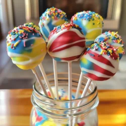 - Funfetti cake mix - Large eggs - Water - Vegetable oil - Icing (store-bought or homemade) - White chocolate or candy melts - Food coloring (red, blue, yellow, green) - Sprinkles (for decoration) - Lollipop sticks When making Tie Dye Funfetti Cake Pops, start with the basics. You need a box of Funfetti cake mix. This mix gives those pops a fun, colorful flair. For the best results, use three large eggs. These eggs help bind the cake together. You also need one cup of water and half a cup of vegetable oil. These ingredients keep the cake moist. For the icing, you can use either store-bought or homemade. It adds sweetness and helps hold the cake together. White chocolate or candy melts are crucial for coating the cake pops. You will need one cup of these as well. To create the tie-dye effect, grab food coloring in red, blue, yellow, and green. Use bright colors for the best look! Don't forget the sprinkles. They add a fun touch to the finished pops. Finally, pick up some lollipop sticks to hold each cake pop. If you can't find Funfetti cake mix, use a vanilla cake mix and add rainbow sprinkles. For the icing, a simple buttercream can work great. You can also make a cream cheese icing for a fun twist. If you want to switch the chocolate, dark chocolate or milk chocolate will work too. Just remember to melt it carefully. Each option gives a different taste. Using fresh eggs is key for a fluffy texture. They make the cake rise better and taste fresh. When choosing food coloring, look for gel or paste options. These provide bright colors without making the cake runny. For the best tie-dye effect, mix the colors well but keep some swirls. This creates a fun pattern when you shape the pops. Using high-quality ingredients makes a big difference in flavor and looks. For the full recipe, check out the detailed instructions. Enjoy making these colorful treats! To start, preheat your oven to 350°F (175°C). This step is key for baking. Next, grab a large bowl. Add the Funfetti cake mix, three large eggs, one cup of water, and half a cup of vegetable oil. Mix them well until smooth. Pour this batter into a greased 9x13 inch baking pan. Bake for about 25 to 30 minutes. You know it’s done when a toothpick comes out clean. Let it cool completely before moving on. Once the cake cools, it’s time to crumble. Use your hands to break the cake into fine crumbs in a large bowl. Make sure there are no big chunks left. This will help the cake pops hold together. Next, add about half a cup of icing to the crumbs. Mix with your hands or a spatula. You want the mixture moist. If it feels dry, add more icing bit by bit until it sticks together well. Now comes the fun part! Divide the cake mixture into four bowls. Use food coloring to dye each bowl a different color: red, blue, yellow, and green. Mix each bowl until the colors are bright and even. Take a tablespoon of each color and shape them into balls. Alternate colors as you shape to create a tie-dye look. Place these on a baking sheet lined with parchment paper. Once done, chill the cake balls in the fridge for at least 30 minutes. This helps them firm up for the next steps. To achieve vibrant colors in your cake pops, use gel food coloring. Gel colors yield a brighter hue than liquid options. Start with a small amount, then mix until you get the shade you want. For marbling, swirl the colors together gently when shaping the cake balls. This creates a fun tie-dye effect without mixing them too much. Sprinkles can bring your cake pops to life! Use rainbow sprinkles for a classic look or themed sprinkles for special occasions. To apply them, sprinkle while the chocolate is still wet. This ensures they stick well. For a fancy touch, consider arranging them in a colorful display. A cake stand or a glass jar works perfectly for a fun presentation. If your cake pops don't hold their shape, it may be due to too much icing. Make sure to add just enough to bind the crumbs together. If your chocolate melts too thick, add a little vegetable oil to thin it out. This helps coat the pops smoothly. Always remember to let them chill before dipping them in chocolate for the best results. For the complete recipe, refer to the [Full Recipe]. {{image_2}} You can switch up the flavor of your Tie Dye Funfetti Cake Pops. Instead of using Funfetti cake mix, try chocolate or vanilla cake mix. These alternatives give you a whole new taste. You can also add flavorings like almond or vanilla extract to the mix. Just a drop or two will enhance the flavor and make it unique. Decorating your cake pops can go beyond just sprinkles. Try using edible glitter for a shiny, fun look. You can also use themed decorations to match a party or holiday. Think little edible stars for a space theme or hearts for a Valentine’s Day treat. These details make your cake pops more special and eye-catching. If you need gluten-free options, look for a gluten-free cake mix. Many brands offer great choices that work well in cake pops. For vegan cake pops, use a flaxseed meal as an egg substitute. You can also make vegan icing using coconut cream and powdered sugar. These swaps keep the taste and fun without the animal products. For the full recipe, check out the Tie Dye Funfetti Cake Pops section. To keep your Tie Dye Funfetti Cake Pops fresh, follow these tips: - Refrigerate: Place them in an airtight container. This keeps them moist. - Freeze: For longer storage, wrap each pop in plastic wrap. Then, put them in a freezer bag. - Avoid Sogginess: Make sure they cool completely before storing. This helps prevent moisture buildup. Cake pops can last a while if stored right. Here’s what you need to know: - Refrigerated: They stay fresh for about 1 week. - Frozen: You can keep them for up to 3 months. - Signs of Spoilage: Look for off smells or a change in color. If they feel sticky, it's time to toss them. If you want to enjoy your cake pops warm, here’s how: - Revive in the Microwave: Heat them for 10-15 seconds. Watch closely to avoid melting the chocolate. - Oven Method: Preheat your oven to 250°F (120°C). Place them on a baking sheet for about 5 minutes. This warms them without losing their shape. To make Tie Dye Funfetti Cake Pops, start by baking the cake. Preheat your oven to 350°F. Mix the Funfetti cake mix, eggs, water, and oil in a bowl. Pour the mix into a greased pan and bake for 25-30 minutes. Let it cool down. Next, crumble the cooled cake into fine pieces. Mix in half of the icing until it feels moist. Divide the cake mix into four bowls. Add food coloring to each bowl to create bright colors. Then, scoop small amounts of each color and roll them into balls. Chill these balls for at least 30 minutes. Melt the white chocolate. Dip lollipop sticks into the chocolate and insert them into each cake ball. Finally, dip each ball into the melted chocolate and coat with sprinkles. Let them set upright until firm. For the full recipe, see the details above. Yes, you can use different cake flavors for cake pops. Any cake mix works well. Vanilla, chocolate, or lemon flavors are great alternatives. Just keep in mind that the taste and color of your pops will change. Using a flavored cake mix adds variety. You can also mix in extracts, like vanilla or almond, for a unique twist. The key is to ensure the cake is moist enough to bind with the icing. To melt chocolate, you can use a microwave or a double boiler. For the microwave, place chocolate in a bowl. Heat it in short bursts, stirring in between until smooth. This method is fast and easy. For a double boiler, fill a pot with water and heat it. Place a heat-safe bowl over the pot, making sure it doesn’t touch the water. Add chocolate to the bowl and stir until melted. Both methods work well. Just be careful not to overheat the chocolate, as it can burn. In this blog post, we explored how to make Tie-Dye Funfetti Cake Pops. We covered the ingredients needed, from cake mix to colorful toppings. You learned tips for getting the best texture and vibrant colors. I shared step-by-step instructions for baking and decorating these tasty treats. Remember to experiment with flavors and decorating ideas. Cake pops are fun, flavorful, and versatile, making them perfect for any occasion. Enjoy your cake pops and let your creativity shine!
