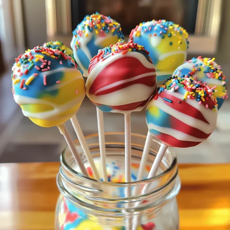 - Funfetti cake mix - Large eggs - Water - Vegetable oil - Icing (store-bought or homemade) - White chocolate or candy melts - Food coloring (red, blue, yellow, green) - Sprinkles (for decoration) - Lollipop sticks When making Tie Dye Funfetti Cake Pops, start with the basics. You need a box of Funfetti cake mix. This mix gives those pops a fun, colorful flair. For the best results, use three large eggs. These eggs help bind the cake together. You also need one cup of water and half a cup of vegetable oil. These ingredients keep the cake moist. For the icing, you can use either store-bought or homemade. It adds sweetness and helps hold the cake together. White chocolate or candy melts are crucial for coating the cake pops. You will need one cup of these as well. To create the tie-dye effect, grab food coloring in red, blue, yellow, and green. Use bright colors for the best look! Don't forget the sprinkles. They add a fun touch to the finished pops. Finally, pick up some lollipop sticks to hold each cake pop. If you can't find Funfetti cake mix, use a vanilla cake mix and add rainbow sprinkles. For the icing, a simple buttercream can work great. You can also make a cream cheese icing for a fun twist. If you want to switch the chocolate, dark chocolate or milk chocolate will work too. Just remember to melt it carefully. Each option gives a different taste. Using fresh eggs is key for a fluffy texture. They make the cake rise better and taste fresh. When choosing food coloring, look for gel or paste options. These provide bright colors without making the cake runny. For the best tie-dye effect, mix the colors well but keep some swirls. This creates a fun pattern when you shape the pops. Using high-quality ingredients makes a big difference in flavor and looks. For the full recipe, check out the detailed instructions. Enjoy making these colorful treats! To start, preheat your oven to 350°F (175°C). This step is key for baking. Next, grab a large bowl. Add the Funfetti cake mix, three large eggs, one cup of water, and half a cup of vegetable oil. Mix them well until smooth. Pour this batter into a greased 9x13 inch baking pan. Bake for about 25 to 30 minutes. You know it’s done when a toothpick comes out clean. Let it cool completely before moving on. Once the cake cools, it’s time to crumble. Use your hands to break the cake into fine crumbs in a large bowl. Make sure there are no big chunks left. This will help the cake pops hold together. Next, add about half a cup of icing to the crumbs. Mix with your hands or a spatula. You want the mixture moist. If it feels dry, add more icing bit by bit until it sticks together well. Now comes the fun part! Divide the cake mixture into four bowls. Use food coloring to dye each bowl a different color: red, blue, yellow, and green. Mix each bowl until the colors are bright and even. Take a tablespoon of each color and shape them into balls. Alternate colors as you shape to create a tie-dye look. Place these on a baking sheet lined with parchment paper. Once done, chill the cake balls in the fridge for at least 30 minutes. This helps them firm up for the next steps. To achieve vibrant colors in your cake pops, use gel food coloring. Gel colors yield a brighter hue than liquid options. Start with a small amount, then mix until you get the shade you want. For marbling, swirl the colors together gently when shaping the cake balls. This creates a fun tie-dye effect without mixing them too much. Sprinkles can bring your cake pops to life! Use rainbow sprinkles for a classic look or themed sprinkles for special occasions. To apply them, sprinkle while the chocolate is still wet. This ensures they stick well. For a fancy touch, consider arranging them in a colorful display. A cake stand or a glass jar works perfectly for a fun presentation. If your cake pops don't hold their shape, it may be due to too much icing. Make sure to add just enough to bind the crumbs together. If your chocolate melts too thick, add a little vegetable oil to thin it out. This helps coat the pops smoothly. Always remember to let them chill before dipping them in chocolate for the best results. For the complete recipe, refer to the [Full Recipe]. {{image_2}} You can switch up the flavor of your Tie Dye Funfetti Cake Pops. Instead of using Funfetti cake mix, try chocolate or vanilla cake mix. These alternatives give you a whole new taste. You can also add flavorings like almond or vanilla extract to the mix. Just a drop or two will enhance the flavor and make it unique. Decorating your cake pops can go beyond just sprinkles. Try using edible glitter for a shiny, fun look. You can also use themed decorations to match a party or holiday. Think little edible stars for a space theme or hearts for a Valentine’s Day treat. These details make your cake pops more special and eye-catching. If you need gluten-free options, look for a gluten-free cake mix. Many brands offer great choices that work well in cake pops. For vegan cake pops, use a flaxseed meal as an egg substitute. You can also make vegan icing using coconut cream and powdered sugar. These swaps keep the taste and fun without the animal products. For the full recipe, check out the Tie Dye Funfetti Cake Pops section. To keep your Tie Dye Funfetti Cake Pops fresh, follow these tips: - Refrigerate: Place them in an airtight container. This keeps them moist. - Freeze: For longer storage, wrap each pop in plastic wrap. Then, put them in a freezer bag. - Avoid Sogginess: Make sure they cool completely before storing. This helps prevent moisture buildup. Cake pops can last a while if stored right. Here’s what you need to know: - Refrigerated: They stay fresh for about 1 week. - Frozen: You can keep them for up to 3 months. - Signs of Spoilage: Look for off smells or a change in color. If they feel sticky, it's time to toss them. If you want to enjoy your cake pops warm, here’s how: - Revive in the Microwave: Heat them for 10-15 seconds. Watch closely to avoid melting the chocolate. - Oven Method: Preheat your oven to 250°F (120°C). Place them on a baking sheet for about 5 minutes. This warms them without losing their shape. To make Tie Dye Funfetti Cake Pops, start by baking the cake. Preheat your oven to 350°F. Mix the Funfetti cake mix, eggs, water, and oil in a bowl. Pour the mix into a greased pan and bake for 25-30 minutes. Let it cool down. Next, crumble the cooled cake into fine pieces. Mix in half of the icing until it feels moist. Divide the cake mix into four bowls. Add food coloring to each bowl to create bright colors. Then, scoop small amounts of each color and roll them into balls. Chill these balls for at least 30 minutes. Melt the white chocolate. Dip lollipop sticks into the chocolate and insert them into each cake ball. Finally, dip each ball into the melted chocolate and coat with sprinkles. Let them set upright until firm. For the full recipe, see the details above. Yes, you can use different cake flavors for cake pops. Any cake mix works well. Vanilla, chocolate, or lemon flavors are great alternatives. Just keep in mind that the taste and color of your pops will change. Using a flavored cake mix adds variety. You can also mix in extracts, like vanilla or almond, for a unique twist. The key is to ensure the cake is moist enough to bind with the icing. To melt chocolate, you can use a microwave or a double boiler. For the microwave, place chocolate in a bowl. Heat it in short bursts, stirring in between until smooth. This method is fast and easy. For a double boiler, fill a pot with water and heat it. Place a heat-safe bowl over the pot, making sure it doesn’t touch the water. Add chocolate to the bowl and stir until melted. Both methods work well. Just be careful not to overheat the chocolate, as it can burn. In this blog post, we explored how to make Tie-Dye Funfetti Cake Pops. We covered the ingredients needed, from cake mix to colorful toppings. You learned tips for getting the best texture and vibrant colors. I shared step-by-step instructions for baking and decorating these tasty treats. Remember to experiment with flavors and decorating ideas. Cake pops are fun, flavorful, and versatile, making them perfect for any occasion. Enjoy your cake pops and let your creativity shine!