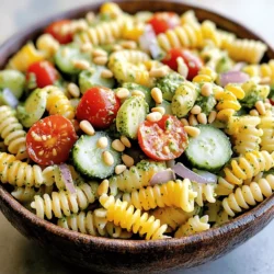 - 8 oz rotini pasta - 1 cup fresh corn kernels (shucked from about 2 ears of corn) - 1 cup cherry tomatoes, halved - 1 small cucumber, diced - 1/4 cup red onion, finely chopped - 1 cup fresh basil leaves - 1/3 cup grated Parmesan cheese - 1/4 cup pine nuts (toasted) - 1/2 cup plain Greek yogurt - 2 tablespoons olive oil - Juice of 1 lemon - Salt and pepper to taste This salad has fresh and bright flavors. The rotini pasta is perfect for holding the creamy pesto. Fresh corn adds sweetness and crunch. Cherry tomatoes give it a pop of color. The cucumber keeps things cool and crisp. Red onion adds a nice bite. Fresh basil brings an aromatic touch. For the dressing, I combine Parmesan cheese, pine nuts, Greek yogurt, olive oil, and lemon juice. This mix creates a creamy, rich sauce. The salt and pepper help to enhance all the flavors. Use fresh ingredients for the best taste. You can find the full recipe in this article. Start by boiling a large pot of salted water. Once it’s boiling, add the rotini pasta. Cook it until it's al dente, following the package instructions. This usually takes about 8 to 10 minutes. When done, drain the pasta in a colander. Rinse it under cold water to stop the cooking process. This keeps the pasta from getting too soft. Set it aside to cool. While the pasta cooks, bring a small pot of water to a boil. Add the fresh corn kernels to the boiling water. Blanch the corn for about 2 to 3 minutes until tender. It should remain bright yellow. After blanching, drain the corn and let it cool. This adds a sweet crunch to the salad. Now it’s time to make the creamy pesto. In a blender or food processor, combine fresh basil leaves, grated Parmesan cheese, and toasted pine nuts. Add Greek yogurt, olive oil, and lemon juice. Blend everything until it’s smooth and creamy. Taste the pesto and season it with salt and pepper. Adjust to your liking for the best flavor. In a large mixing bowl, combine the cooled pasta with the blanched corn, halved cherry tomatoes, diced cucumber, and finely chopped red onion. Mix everything well. Pour the creamy pesto over the pasta salad. Toss gently until all the ingredients are coated. The pesto should cling to the pasta and veggies, making them flavorful. Cover the salad and place it in the refrigerator for at least 30 minutes. This chilling time helps the flavors meld together. Before serving, give the salad a good stir. Garnish with extra pine nuts and a sprinkle of Parmesan cheese if you like. This adds a nice touch and makes it look pretty. Enjoy your refreshing Summer Pasta Salad with Corn and Creamy Pesto! For the complete recipe, check the [Full Recipe]. To make your salad burst with flavor, use fresh herbs like basil and parsley. Adding a pinch of garlic powder or a squeeze of lemon juice can elevate the taste, too. Chilling the salad is key. It allows all the flavors to blend well. I recommend letting it sit in the fridge for at least 30 minutes. This time will help the salad become even more delicious. Cook the rotini pasta until it is al dente. This means it should be firm but not hard. This texture helps it hold up in the salad. After cooking, rinse the pasta under cold water. This step stops the cooking process and helps the pasta absorb the flavors better. You can easily change the creamy pesto to suit your taste. If you don’t have pine nuts, try walnuts or almonds. You can also swap Greek yogurt for sour cream for a different twist. If the pesto is too thick, add a bit of water or more olive oil. Adjust it until you reach your desired consistency. For the full recipe, check out the complete instructions. {{image_2}} You can add proteins to your summer pasta salad to make it more filling. Grilled chicken gives a nice flavor and adds protein. Shrimp is another great option. Just grill or sauté until cooked, then toss it in. If you prefer a vegetarian option, chickpeas work well too. They add a good texture and boost protein. Feel free to swap in different veggies based on what you have. Bell peppers, zucchini, or even asparagus can brighten up your salad. In the fall, you might try roasted butternut squash or Brussels sprouts. Using seasonal vegetables keeps your dish fresh and exciting all year long. While creamy pesto is delicious, you can explore other dressings too. A vinaigrette made with balsamic vinegar and olive oil adds a nice tang. For a dairy-free option, try a cashew cream or a tahini-based dressing. These options keep your salad light and tasty, perfect for summer days. For the full recipe, check out the detailed steps above. To keep your Summer Pasta Salad fresh, store it in an airtight container. This helps keep the flavors intact and prevents the salad from drying out. It’s best to refrigerate the salad within two hours of making it. This ensures it stays safe and tasty. The salad will stay good for about three days. However, the longer it sits, the softer the veggies may get. Can you freeze Summer Pasta Salad? Yes, but it may not taste as fresh once thawed. If you must freeze it, do so before adding any creamy pesto. This keeps the texture and flavor better. To freeze, place the salad in a freezer-safe bag. Remove as much air as possible before sealing. When you’re ready to eat, thaw it in the fridge overnight. After thawing, mix in fresh pesto for a burst of flavor. To make this summer pasta salad gluten-free, choose a gluten-free pasta. Brands like Barilla or Tinkyada offer great options. These types mimic the taste and texture of regular pasta well. Cook them just like regular pasta, following the package instructions. The other ingredients are naturally gluten-free, so you can enjoy all the flavors without worry. Yes, you can make this dish in advance. I recommend preparing the pasta salad up to a day before you plan to serve it. This allows the flavors to blend and deepen. Just remember to keep it in the fridge. If you make it too early, the vegetables may get soggy. If that happens, add fresh veggies right before serving. This salad pairs well with many dishes. Grilled chicken or shrimp adds protein and makes it a hearty meal. You could also serve it alongside a fresh green salad or crusty bread. For a light pairing, try a simple fruit salad as a side. The sweetness of fruit complements the creamy pesto perfectly. Check out the Full Recipe for more ideas! This blog post guides you through making a delicious Summer Pasta Salad. You learned about the main ingredients, how to prepare each component, and tips for flavor enhancement. A creamy pesto dressing elevates the dish. You found ways to customize the recipe and storage tips for leftovers. With these tips, you can create a fresh, tasty salad perfect for summer meals. Enjoy the flavors and share your creations with others!
