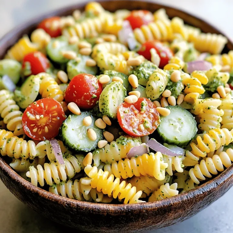 - 8 oz rotini pasta - 1 cup fresh corn kernels (shucked from about 2 ears of corn) - 1 cup cherry tomatoes, halved - 1 small cucumber, diced - 1/4 cup red onion, finely chopped - 1 cup fresh basil leaves - 1/3 cup grated Parmesan cheese - 1/4 cup pine nuts (toasted) - 1/2 cup plain Greek yogurt - 2 tablespoons olive oil - Juice of 1 lemon - Salt and pepper to taste This salad has fresh and bright flavors. The rotini pasta is perfect for holding the creamy pesto. Fresh corn adds sweetness and crunch. Cherry tomatoes give it a pop of color. The cucumber keeps things cool and crisp. Red onion adds a nice bite. Fresh basil brings an aromatic touch. For the dressing, I combine Parmesan cheese, pine nuts, Greek yogurt, olive oil, and lemon juice. This mix creates a creamy, rich sauce. The salt and pepper help to enhance all the flavors. Use fresh ingredients for the best taste. You can find the full recipe in this article. Start by boiling a large pot of salted water. Once it’s boiling, add the rotini pasta. Cook it until it's al dente, following the package instructions. This usually takes about 8 to 10 minutes. When done, drain the pasta in a colander. Rinse it under cold water to stop the cooking process. This keeps the pasta from getting too soft. Set it aside to cool. While the pasta cooks, bring a small pot of water to a boil. Add the fresh corn kernels to the boiling water. Blanch the corn for about 2 to 3 minutes until tender. It should remain bright yellow. After blanching, drain the corn and let it cool. This adds a sweet crunch to the salad. Now it’s time to make the creamy pesto. In a blender or food processor, combine fresh basil leaves, grated Parmesan cheese, and toasted pine nuts. Add Greek yogurt, olive oil, and lemon juice. Blend everything until it’s smooth and creamy. Taste the pesto and season it with salt and pepper. Adjust to your liking for the best flavor. In a large mixing bowl, combine the cooled pasta with the blanched corn, halved cherry tomatoes, diced cucumber, and finely chopped red onion. Mix everything well. Pour the creamy pesto over the pasta salad. Toss gently until all the ingredients are coated. The pesto should cling to the pasta and veggies, making them flavorful. Cover the salad and place it in the refrigerator for at least 30 minutes. This chilling time helps the flavors meld together. Before serving, give the salad a good stir. Garnish with extra pine nuts and a sprinkle of Parmesan cheese if you like. This adds a nice touch and makes it look pretty. Enjoy your refreshing Summer Pasta Salad with Corn and Creamy Pesto! For the complete recipe, check the [Full Recipe]. To make your salad burst with flavor, use fresh herbs like basil and parsley. Adding a pinch of garlic powder or a squeeze of lemon juice can elevate the taste, too. Chilling the salad is key. It allows all the flavors to blend well. I recommend letting it sit in the fridge for at least 30 minutes. This time will help the salad become even more delicious. Cook the rotini pasta until it is al dente. This means it should be firm but not hard. This texture helps it hold up in the salad. After cooking, rinse the pasta under cold water. This step stops the cooking process and helps the pasta absorb the flavors better. You can easily change the creamy pesto to suit your taste. If you don’t have pine nuts, try walnuts or almonds. You can also swap Greek yogurt for sour cream for a different twist. If the pesto is too thick, add a bit of water or more olive oil. Adjust it until you reach your desired consistency. For the full recipe, check out the complete instructions. {{image_2}} You can add proteins to your summer pasta salad to make it more filling. Grilled chicken gives a nice flavor and adds protein. Shrimp is another great option. Just grill or sauté until cooked, then toss it in. If you prefer a vegetarian option, chickpeas work well too. They add a good texture and boost protein. Feel free to swap in different veggies based on what you have. Bell peppers, zucchini, or even asparagus can brighten up your salad. In the fall, you might try roasted butternut squash or Brussels sprouts. Using seasonal vegetables keeps your dish fresh and exciting all year long. While creamy pesto is delicious, you can explore other dressings too. A vinaigrette made with balsamic vinegar and olive oil adds a nice tang. For a dairy-free option, try a cashew cream or a tahini-based dressing. These options keep your salad light and tasty, perfect for summer days. For the full recipe, check out the detailed steps above. To keep your Summer Pasta Salad fresh, store it in an airtight container. This helps keep the flavors intact and prevents the salad from drying out. It’s best to refrigerate the salad within two hours of making it. This ensures it stays safe and tasty. The salad will stay good for about three days. However, the longer it sits, the softer the veggies may get. Can you freeze Summer Pasta Salad? Yes, but it may not taste as fresh once thawed. If you must freeze it, do so before adding any creamy pesto. This keeps the texture and flavor better. To freeze, place the salad in a freezer-safe bag. Remove as much air as possible before sealing. When you’re ready to eat, thaw it in the fridge overnight. After thawing, mix in fresh pesto for a burst of flavor. To make this summer pasta salad gluten-free, choose a gluten-free pasta. Brands like Barilla or Tinkyada offer great options. These types mimic the taste and texture of regular pasta well. Cook them just like regular pasta, following the package instructions. The other ingredients are naturally gluten-free, so you can enjoy all the flavors without worry. Yes, you can make this dish in advance. I recommend preparing the pasta salad up to a day before you plan to serve it. This allows the flavors to blend and deepen. Just remember to keep it in the fridge. If you make it too early, the vegetables may get soggy. If that happens, add fresh veggies right before serving. This salad pairs well with many dishes. Grilled chicken or shrimp adds protein and makes it a hearty meal. You could also serve it alongside a fresh green salad or crusty bread. For a light pairing, try a simple fruit salad as a side. The sweetness of fruit complements the creamy pesto perfectly. Check out the Full Recipe for more ideas! This blog post guides you through making a delicious Summer Pasta Salad. You learned about the main ingredients, how to prepare each component, and tips for flavor enhancement. A creamy pesto dressing elevates the dish. You found ways to customize the recipe and storage tips for leftovers. With these tips, you can create a fresh, tasty salad perfect for summer meals. Enjoy the flavors and share your creations with others!