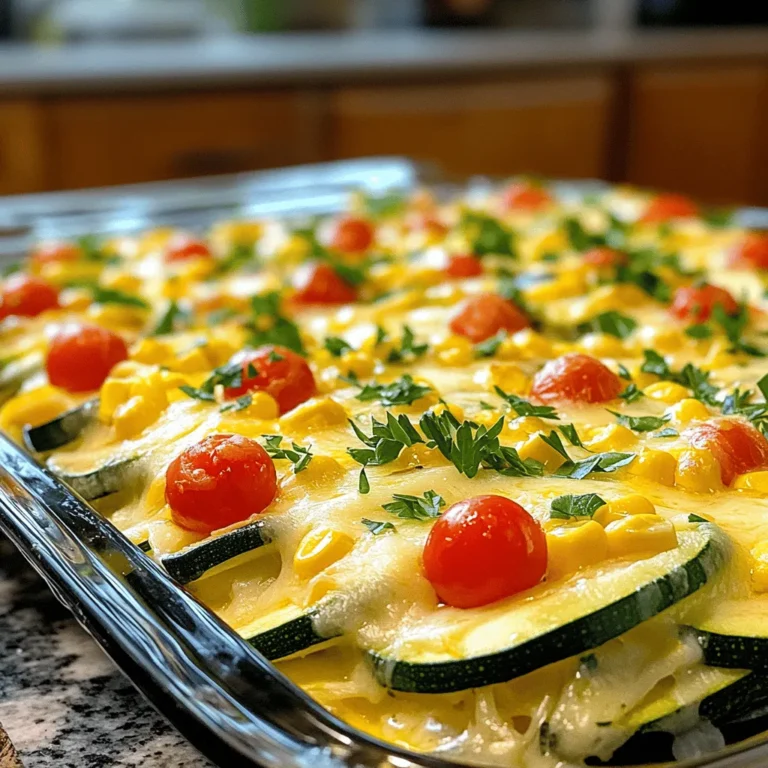 To make a delicious Easy Zucchini Jack Casserole, gather these simple ingredients: - 3 medium zucchinis, thinly sliced - 1 cup corn kernels (fresh, frozen, or canned) - 1 cup cherry tomatoes, halved - 1 cup shredded cheddar cheese - 1 cup shredded jack cheese - 1 cup cooked quinoa or rice (optional for added texture) - 1 medium onion, diced - 2 cloves garlic, minced - 3 large eggs - 1 cup milk (dairy or non-dairy) - 1 teaspoon dried oregano - 1 teaspoon paprika - Salt and pepper to taste - Olive oil for greasing These ingredients create a tasty and healthy dish. Zucchini is the star, and it adds great flavor. The corn and tomatoes give it a nice pop. The cheese brings it all together with that creamy goodness. You can use quinoa or rice for extra texture, but it’s not a must. Each ingredient adds its own touch, making this casserole a fun and vibrant meal. For the full recipe, check out the instructions that follow. - Preheat the oven and prepare the casserole dish: Start by setting your oven to 375°F (190°C). Grease a 9x13 inch casserole dish with olive oil. This helps prevent sticking. - Sauté the onion and garlic: In a large skillet, heat a tablespoon of olive oil over medium heat. Add diced onion and minced garlic. Cook until the onion is soft and clear, about 5 minutes. - Combine vegetables and seasonings: In a big mixing bowl, mix sliced zucchini, corn, halved cherry tomatoes, and the sautéed onion and garlic. If you want, add cooked quinoa or rice for extra texture. Sprinkle in oregano, paprika, salt, and pepper. Stir until everything is well blended. - Prepare the egg and cheese mixture: In another bowl, whisk together the eggs and milk until smooth. Stir in half the cheddar and jack cheese. This will give your casserole a creamy texture. - Layer the mixture into the casserole dish: Pour half of the vegetable mix into the prepared dish. Then, add half of the egg and cheese mixture over it. Repeat this with the rest of the veggies and finish with the remaining egg mix. - Add cheese topping: Sprinkle the remaining cheddar and jack cheese on top of the casserole. This will create a delicious, melted cheese layer. - Bake until golden: Place the casserole in the hot oven. Bake for 35-40 minutes, or until the top is golden and the casserole is set. - Allow to cool before serving: After baking, take the casserole out and let it cool for about 5-10 minutes. This helps it firm up and makes serving easier. - Recommended garnishes: Serve warm and add fresh herbs like basil or parsley for a nice touch. Pair it with a side salad for some extra crunch. For the complete recipe, check out the Easy Zucchini Jack Casserole. - Swapping ingredients for customization: You can swap zucchini for other veggies, like bell peppers or spinach. If you like spice, add jalapeños or red pepper flakes. This makes the dish fit your taste. - Adjusting seasoning to taste: Taste your mix before baking. If it needs more salt or herbs, add them. A dash of hot sauce can add a kick if you like heat. - Tips for slicing zucchini: Cut the zucchini into thin, even slices. This helps them cook well and blend into the dish. A mandoline slicer can make this fast and easy. - Cooking quinoa or rice: If you choose to add quinoa or rice, cook it first. This keeps the casserole from becoming too wet. Use vegetable broth for extra flavor. - Prepping ingredients ahead of time: Chop veggies the night before. Store them in the fridge. This cuts down prep time on the day you cook. - Easy cleanup tips: Use non-stick spray or olive oil on your dishes. This makes cleanup simple. Also, line baking dishes with parchment paper for less mess. For the full recipe, check out the Easy Zucchini Jack Casserole. {{image_2}} You can easily make this dish dairy-free. Use almond milk or coconut milk instead of regular milk. Swap the cheddar and jack cheese for dairy-free cheese. This keeps the taste while making it safe for those who avoid dairy. Want to add some protein? Try mixing in cooked chicken or turkey. This adds flavor and makes the dish heartier. You can use shredded rotisserie chicken for a quick option. Herbs and spices can change the whole dish. Try adding fresh basil, thyme, or even some chili powder. This gives the casserole a unique twist that keeps it exciting. Cheese lovers can have fun here. Instead of cheddar or jack, try mozzarella or feta. Each cheese brings its own taste to the casserole. Don’t be afraid to mix them up! You can serve this casserole in two ways. For individual servings, use small ramekins. This makes it fun and easy for guests to enjoy. Family-style is great for sharing. Just serve the casserole in a large dish. This encourages everyone to dig in and enjoy together. Either way is tasty and fun! For the full recipe, click [Full Recipe]. After enjoying your Easy Zucchini Jack Casserole, store leftovers in an airtight container. Make sure to cool the casserole to room temperature first. This helps keep it fresh and tasty. In the fridge, it lasts about three to four days. If you want to enjoy it later, freezing is a great option. To reheat your casserole, the oven is best. Preheat it to 350°F (175°C). Place the casserole in an oven-safe dish. Cover it with foil to keep it moist. Heat for about 20-25 minutes, or until warm. You can use a microwave too, but it may not keep the same flavor. If you choose the microwave, heat in short bursts, stirring in between. Freezing your casserole is simple. Cut it into serving pieces and place them in freezer-safe bags. Squeeze out the air to prevent freezer burn. It can stay frozen for about three months. When you're ready to eat, thaw it in the fridge overnight. Reheat in the oven or microwave as mentioned before. Enjoy your tasty meal whenever you like! For the full recipe, check out the recipe section above. Yes, you can prepare this casserole in advance. To do this, follow these tips: - Prep the Veggies: Slice the zucchini and chop the onion and garlic. Store them in the fridge. - Mix the Ingredients: Combine all the veggies and seasonings, but don’t add the eggs and milk yet. - Assemble Later: When ready to cook, mix the egg and milk, layer everything, and bake. This method saves time and keeps flavors fresh. This casserole pairs well with many sides. Consider these suggestions: - Side Salad: A simple green salad adds freshness. - Garlic Bread: Toasted bread gives a nice crunch. - Roasted Vegetables: Extra veggies always complement a hearty dish. These sides balance the meal and offer more flavors. Yes, you can easily make this recipe gluten-free. Here are some options: - Check the Cheese: Ensure the cheddar and jack cheeses are gluten-free. - Use Gluten-Free Grains: Swap quinoa or rice for a gluten-free grain. - Avoid Processed Ingredients: Always check labels to be safe. These tips help you enjoy the dish without gluten. For the full recipe, check out the Easy Zucchini Jack Casserole recipe above. This blog post covered a tasty Zucchini Jack Casserole. We listed the key ingredients, from zucchini to cheese. I shared step-by-step instructions for prep, layering, and baking. You learned tips to boost flavor and save time. We also explored fun variations and how to store your leftovers. In closing, this dish is easy and versatile. You can mix it up to fit your taste. Enjoy creating this casserole and making it your own!