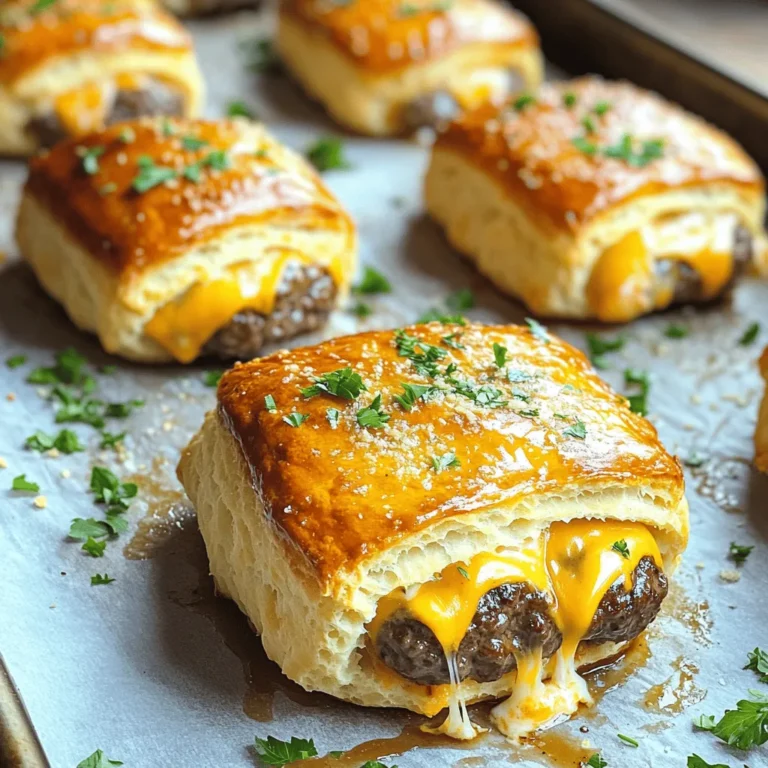 - 1 pound ground beef - 4 ounces sharp cheddar cheese, cubed - 1 package refrigerated biscuit dough (8 biscuits) - 1 teaspoon garlic powder - 1 teaspoon onion powder - 1/2 teaspoon black pepper - 1 teaspoon salt - 1/4 cup grated Parmesan cheese - 3 tablespoons unsalted butter, melted - 2 tablespoons fresh parsley, chopped - 1 clove garlic, minced Gathering the right ingredients is key for Garlic Parmesan Cheeseburger Bombs. First, use high-quality ground beef. It brings flavor and juiciness. Sharp cheddar cheese adds a rich taste that melts perfectly in the center. For the dough, I prefer refrigerated biscuit dough. It’s easy to work with and creates a fluffy outer layer. Now, let’s talk spices. Garlic powder and onion powder mix well, boosting the beef flavor. Don’t forget salt and black pepper. These spices are essential. They bring balance to the dish. For toppings, grated Parmesan cheese gives a nice crunch. The melted butter, garlic, and parsley blend beautifully, adding richness. This mixture will coat the bombs before baking. It’s what makes them taste amazing. Keep these ingredients in mind, and you’ll have a delicious treat. For the full recipe, check out the detailed instructions. Happy cooking! First, preheat your oven to 375°F (190°C). This helps the bombs cook evenly. Next, line a baking sheet with parchment paper. This keeps the bombs from sticking. In a large bowl, combine the ground beef, garlic powder, onion powder, black pepper, and salt. Mix well until all spices blend into the meat. This adds great flavor to your bombs. Now, take a small portion of the beef mixture, about 1 tablespoon. Flatten it in your hand, then place a cube of cheddar cheese in the center. Carefully fold the beef over the cheese to create a meatball. Make sure it’s sealed tightly. You don’t want the cheese to escape! Repeat this until all your beef and cheese are used. Open the biscuit dough package and separate the biscuits. Flatten each biscuit into a disc about 4 inches wide. Place one meatball in the center of each biscuit disc. Fold the edges over the meatball to seal it. Pinch the seams well to keep them closed. Place each bomb seam side down on the prepared baking sheet. In a small bowl, mix the melted butter, minced garlic, grated Parmesan cheese, and chopped parsley. Brush this garlic-Parmesan mixture generously over each cheeseburger bomb. This adds a tasty crust. Bake in the preheated oven for 15-20 minutes or until golden brown. Check that the meat is cooked through, aiming for an internal temperature of 160°F (71°C). Let cool for a few minutes before enjoying these delicious treats. For the full recipe, check out the detailed instructions above. To ensure the cheese doesn’t escape while cooking, seal your bombs tightly. When you shape the meat around the cheese, make sure there are no gaps. I often press the meat firmly to form a tight seal. If you want a flavor boost, try adding spices like smoked paprika or cayenne pepper. They add a nice kick! For baking, I recommend using a rimmed baking sheet with parchment paper. This setup helps catch any drips and makes cleanup easier. When shaping and sealing your bombs, you can use a small scoop or your hands. A scoop helps keep the meatballs uniform in size. These bombs pair well with sides like crispy fries or a fresh salad. You can also serve them with dips like ranch or ketchup for extra flavor. To enhance presentation, sprinkle some extra parsley on top just before serving. It adds color and a nice touch! {{image_2}} You can switch out ground beef for ground turkey or chicken. This makes the dish lighter. The flavor will shift, but it can still be tasty. Use the same spices to keep it flavorful. If you're on a keto diet, try using cheese dough or almond flour dough instead of biscuit dough. These options will help lower carbs while keeping the bombs delicious. Feel free to get creative with the cheese. Try mozzarella, pepper jack, or even goat cheese. Each cheese brings a unique taste. You can also change up the spices. Want more heat? Add cayenne pepper or red pepper flakes. Prefer a milder flavor? Skip the spices or use herbs like oregano or basil. In summer, why not add BBQ sauce inside? It gives a fun twist and brings a smoky flavor. You can also top with fresh herbs or grilled onions for extra flavor. In winter, consider adding a touch of cream cheese or a warm sauce. This makes it a cozy dish for cold days. You can serve these with warm soups or stews for comfort. Check out the Full Recipe for more ideas! To keep your Garlic Parmesan Cheeseburger Bombs fresh, store them in the fridge. Place them in an airtight container. This helps lock in flavor and moisture. Make sure your bombs are cool before sealing the container. If you want, you can also wrap them tightly in plastic wrap. This extra layer keeps them safe from drying out. If you want to save some bombs for later, freezing works great. First, let them cool completely. Then, place each bomb in a single layer on a baking sheet. Put the baking sheet in the freezer for about one hour. This freezes them without sticking together. After one hour, transfer the bombs to a freezer bag. Remove as much air as you can before sealing. When you’re ready to eat, you can reheat them straight from the freezer. Preheat your oven to 375°F (190°C). Place the frozen bombs on a baking sheet. Bake for about 20-25 minutes or until they're heated through. For the best taste, eat your leftovers within three days. After that, the quality may drop. Look for signs of spoilage. If the bombs smell off or have a strange texture, it's best to throw them away. Always trust your senses when it comes to food safety. These storage tips will help you enjoy every last bite of your Garlic Parmesan Cheeseburger Bombs. Don't forget to check out the Full Recipe for more details! Yes, you can prepare these bombs before serving. To do this, follow these steps: - Mix the filling: Combine the ground beef and spices as per the recipe. - Form the bombs: Shape the meatballs and wrap them in biscuit dough. - Chill: Place the uncooked bombs on a baking sheet and cover them. Store in the fridge for up to 24 hours. When ready to bake, brush with the garlic-Parmesan mixture and bake as directed. To ensure your bombs cook well, check the internal meat temperature. Use a meat thermometer. The safe temperature for ground beef is 160°F (71°C). You can also look for these signs: - Visual cues: The bombs should be golden brown on the outside. - Juices: Clear juices should run from the meat when you cut into it. These steps will help you avoid undercooked meat. Absolutely! You can add your favorite ingredients. Here are some ideas: - Vegetables: Try adding diced onions, bell peppers, or mushrooms for extra flavor. - Different meats: Ground turkey or chicken can replace beef. - Cheese: Use mozzarella or pepper jack for a twist. Feel free to get creative and make these bombs your own! For the complete recipe, check the Full Recipe. You learned how to make Garlic Parmesan Cheeseburger Bombs. We covered ingredients, cooking steps, and helpful tips for success. You can use various meats and cheeses to fit your taste. These bombs make excellent snacks or meals for any occasion. Enjoy trying different flavors and serving ideas. Experiment and have fun with this tasty recipe. Your kitchen will be filled with amazing smells as you bake!