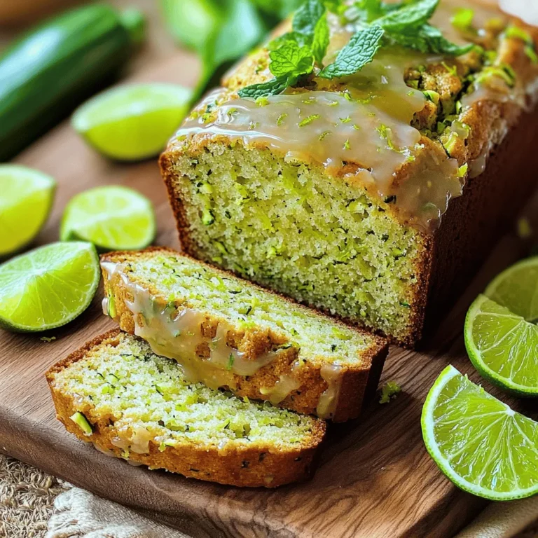 To make delicious Zucchini Lime Bread, gather these simple ingredients: - 2 cups grated zucchini - 1 cup all-purpose flour - 1 cup whole wheat flour - 1 teaspoon baking soda - 1/2 teaspoon baking powder - 1/2 teaspoon salt - 1 teaspoon ground cinnamon - 1/2 teaspoon ground nutmeg - 1 cup granulated sugar - 1/2 cup packed brown sugar - 1/2 cup vegetable oil - 3 large eggs - Zest of 2 limes - 2 tablespoons fresh lime juice - 1 teaspoon vanilla extract - 1/2 cup chopped walnuts or pecans (optional) These ingredients combine to create a moist and zesty bread. The zucchini adds moisture and nutrients. The lime zest and juice give it a refreshing flavor. You can adjust the sugars for sweetness, based on your taste. I love adding nuts for crunch, but it's not a must. Check the Full Recipe for detailed steps on how to mix and bake. Enjoy the process! - Preheat your oven to 350°F (175°C). Grease a 9x5 inch loaf pan. - Grate 2 medium zucchinis. Mix the grated zucchini with a pinch of salt. Let it sit for 10 minutes to release moisture. Squeeze out any extra liquid. - In a large bowl, mix all-purpose flour, whole wheat flour, baking soda, baking powder, salt, cinnamon, and nutmeg. Whisk until well combined. - In another bowl, combine granulated sugar, brown sugar, and vegetable oil. Mix until blended. Add eggs, lime zest, lime juice, and vanilla extract. Beat until smooth. - Carefully fold the dry mixture into the wet mixture. Mix until just combined. It’s okay if it’s lumpy. - Gently fold in the grated zucchini and chopped nuts, if using. Pour the batter into the prepared loaf pan. - Bake for 55-65 minutes. Check doneness by inserting a toothpick. If it comes out clean, it's done. - Remove from the oven and cool in the pan for 10 minutes. Then, transfer to a wire rack to cool completely. For a full recipe, check the details above. - Ensuring uniform baking: Start by preheating the oven to 350°F. Greasing your loaf pan helps the bread release easily. To promote even baking, place the pan in the center of the oven. - Evaluating doneness: To check if your bread is done, insert a toothpick into the center. If it comes out clean, your bread is ready. If it has batter on it, bake for a few more minutes. - Adding lime glaze: A lime glaze adds a sweet and tangy finish. Mix powdered sugar with fresh lime juice until smooth. Drizzle it over the cooled bread for a zesty kick. - Including spices or nuts: You can add spices like ginger or cardamom for extra warmth. Chopped walnuts or pecans add a nice crunch and nutty flavor. - Best serving methods: Slice the bread and serve it on a wooden cutting board. It tastes great warm or toasted. - Pairings with beverages: Enjoy your zucchini lime bread with tea or coffee. It also pairs well with a fresh glass of lemonade for a bright flavor contrast. {{image_2}} You can make this zucchini lime bread even more fun. Try adding chocolate chips for a sweet twist. Just fold in 1 cup of semi-sweet or dark chocolate chips before baking. They melt and create pockets of gooey goodness. You can also mix in fruits like blueberries. Blueberries add a burst of flavor and color. Use 1 cup of fresh or frozen blueberries. Just toss them in a little flour before adding them to the batter. This helps them stay suspended in the bread. Want a gluten-free zucchini lime bread? You can easily swap the flour. Use a gluten-free all-purpose flour blend instead. Make sure it has xanthan gum for the best texture. Baking time might change, so keep an eye on it. Start checking for doneness a few minutes early. You want the toothpick to come out clean. If you prefer a vegan zucchini lime bread, replace eggs with flax eggs. Mix 1 tablespoon of ground flaxseed with 2.5 tablespoons of water for each egg. Let it sit for a few minutes to thicken. For oils, consider using coconut oil or applesauce. Coconut oil gives a rich flavor, while applesauce adds moisture and sweetness. Choose what suits your taste best. Room temperature storage Store zucchini lime bread in an airtight container at room temperature. This keeps it fresh for up to three days. Make sure to keep it away from sunlight and heat. Refrigeration tips If you want to keep it longer, place the bread in the fridge. Wrap it tightly in plastic wrap or foil. It will stay fresh for about a week this way. Just remember to let it come to room temperature before serving. Freezing recommendations You can freeze zucchini lime bread for up to three months. Wrap it in plastic wrap or foil, then place it in a freezer bag. This prevents freezer burn and keeps it safe. Thawing methods To thaw, take it out of the freezer and leave it in the fridge overnight. If you need it fast, you can use the microwave on low power. Just be careful not to overheat it. Enjoy your delicious bread later with ease! To keep zucchini bread moist, follow these tips: - Use fresh, grated zucchini. - Squeeze out excess water before mixing. - Add oil for richness. - Avoid over-mixing the batter. These steps help retain moisture and create a tender loaf. The oil and zucchini work together to give you that soft texture. Remember, fresh ingredients are key! Yes, you can use frozen zucchini! Just follow these steps: - Thaw the zucchini first. - Squeeze out any extra water. - Mix it into your batter as you would fresh zucchini. Frozen zucchini maintains its flavor and nutrients. It’s a great way to use leftover zucchini from your garden or store. You can easily make zucchini bread healthier with these swaps: - Replace all-purpose flour with whole wheat flour. - Use less sugar or substitute with honey. - Add nuts or seeds for extra fiber. - Use applesauce instead of some oil. These changes keep the bread tasty while boosting its nutrition. You can enjoy a slice without guilt! Zucchini Lime Bread pairs well with: - Fresh fruit like berries or citrus. - A dollop of yogurt for creaminess. - A light salad for a refreshing bite. - A splash of herbal tea or coffee. These options match the bread’s zesty flavor. They add balance to your meal or snack time. Check out the Full Recipe for more tips! In this blog post, we explored how to make delicious Zucchini Lime Bread. We covered all the key ingredients and shared step-by-step instructions for mixing and baking. You learned tips for perfect baking, serving suggestions, and variations to try. Zucchini Lime Bread is versatile and can fit many diets. Whether you want it moist or gluten-free, there are options for you. With these recipes and tips, you can enjoy a tasty treat that’s both healthy and fun to make. Happy baking!