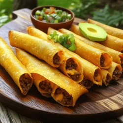 - 1 lb ground beef - 1 teaspoon cumin - 1 teaspoon chili powder - 1 teaspoon garlic powder - 1/2 teaspoon onion powder - Salt and pepper to taste - 1 cup shredded cheddar cheese - 1/2 cup chopped green onions - 10 small corn tortillas - Vegetable oil for frying - Optional toppings: salsa, sour cream, avocado slices When cooking, I like to be precise. Here are the measurement units I use: - Pounds (lb) for meat - Teaspoons (tsp) for spices - Cups for cheese and other solids - Half-cups for chopped items Toppings can make your taquitos special. Here are some tasty options: - Salsa adds a fresh kick. - Sour cream brings creaminess. - Avocado slices offer a rich texture. These toppings not only enhance flavor but also make your dish look amazing. For the full recipe, check out the detailed instructions. To start, heat a skillet over medium heat. Add 1 pound of ground beef. Cook until it turns brown, breaking it apart with a spatula. Drain any extra fat from the beef. This step keeps your taquitos from being too greasy. Next, season the beef with 1 teaspoon of cumin, 1 teaspoon of chili powder, 1 teaspoon of garlic powder, 1/2 teaspoon of onion powder, and salt and pepper to taste. Stir well and cook for another 2 minutes. This adds great flavor. Remove the skillet from heat and mix in 1 cup of shredded cheddar cheese and 1/2 cup of chopped green onions. Stir until melted and let the mixture cool a bit. While the beef mixture cools, heat about 1 inch of vegetable oil in a separate pan over medium-high heat. You want the oil shimmering but not smoking. Warm 10 small corn tortillas in the microwave for about 30 seconds. This makes them soft and easy to roll. Take 2 tablespoons of the beef mixture and place it at one end of a tortilla. Roll it tightly, and if needed, use a toothpick to hold it together. Repeat this with the rest of the tortillas and mixture. Once the oil is hot, carefully place 2-3 taquitos in the oil. Fry them until they are golden brown and crispy, about 2-3 minutes per side. Use tongs to turn them gently. Remove the taquitos and let them drain on paper towels. To get that perfect crunch, make sure your oil is hot enough. If it’s too cool, the taquitos will soak up oil and become soggy. Frying in small batches helps too. This keeps the oil temperature steady. Also, letting the taquitos drain on paper towels absorbs extra oil. This makes them crispy and delicious. For more tasty ideas, check out the Full Recipe. Enjoy your crispy beef taquitos! Timing is key for great taquitos. Cook the beef for about 8 to 10 minutes. This gives it time to brown well. After you season it, cook for 2 more minutes. This adds flavor and depth. Warm the tortillas for 30 seconds before rolling. This step makes them soft and easy to handle. For even crisping, use a deep pan with hot oil. Heat the oil until it shimmers, around 350°F. Carefully place 2-3 taquitos in the oil at a time. Don’t overcrowd the pan. Turn them after 2-3 minutes. This helps all sides brown evenly. Drain them on paper towels to remove excess oil. You can prepare taquitos ahead of time. After rolling them, place them on a baking sheet. Freeze them for about an hour. Once firm, transfer to a freezer bag. They can stay fresh for up to 3 months. When ready to cook, fry them straight from the freezer. Enjoy your crispy beef taquitos anytime! For the full recipe, check out the details provided earlier. {{image_2}} You can easily make taquitos without meat. Try using beans or lentils. Black beans work well and add a nice flavor. You can also use cooked sweet potatoes for a sweet touch. Mix in some spices like cumin and chili powder for extra taste. Don't forget to add cheese or a vegan option for creaminess. Want to change the flavor? Add different spices! Try smoked paprika for a smoky kick. You could also mix in some corn for a sweet crunch. For a spicy option, add diced jalapeños to the filling. If you love cheese, use pepper jack for more heat. You can even swap the beef for chicken or turkey if you prefer. Dipping sauces can make your taquitos even better! A creamy avocado dip is a great choice. Simply blend ripe avocados, lime juice, and salt. You can also make a quick salsa by mixing diced tomatoes, onions, and cilantro. For a fun twist, try a chipotle mayo. Mix mayo with chipotle peppers for a smoky flavor. Don't forget to explore different sauces to find your favorite! After enjoying your Crispy Beef Taquitos, let them cool. Place any leftovers in an airtight container. Store them in the fridge for up to three days. This keeps the flavors fresh and the taquitos safe to eat. If you use a glass container, it can help you see the food inside easily. To reheat your taquitos, use an oven for the best results. Preheat the oven to 375°F (190°C). Place the taquitos on a baking sheet. Bake for about 10 to 15 minutes, or until they are hot and crispy again. If you are in a hurry, you can use the microwave. Heat them in short bursts of 30 seconds but know they won’t be as crispy. You can freeze taquitos for later meals. First, let them cool completely. Wrap each taquito in plastic wrap. Then place them in a freezer bag. This way, they stay fresh for up to three months. When you want to eat them, thaw in the fridge overnight, and then reheat as mentioned above. This makes it easy to enjoy a tasty snack anytime! For the full recipe, check the section above. Crispy Beef Taquitos can last up to four days in the fridge. To store them, let them cool first. Place them in an airtight container. This keeps them fresh and tasty. When you want to eat them, just reheat them in the oven for the best texture. Yes, you can use flour tortillas. Flour tortillas are softer and easier to roll. They may not get as crispy as corn tortillas, but they still taste great. Just ensure you warm them up first to make rolling easier. You can get creative with your filling! Here are some ideas: - Black beans for added fiber - Diced bell peppers for crunch - Jalapeños for some heat - Cream cheese for creaminess - Fresh herbs like cilantro for flavor Feel free to mix and match to find your perfect blend. For more guidance, check out the Full Recipe for Crispy Beef Taquitos! Crispy beef taquitos are tasty, fun, and easy to make. We covered the key ingredients, from ground beef to optional toppings. The step-by-step instructions guide you through preparation and frying. You now have tips to achieve perfect crispiness and variations, including vegetarian options. Don't forget to store leftovers right and reheat them for later. Enjoy making these flavorful snacks for your family and friends. With these steps, your taquitos will impress everyone!