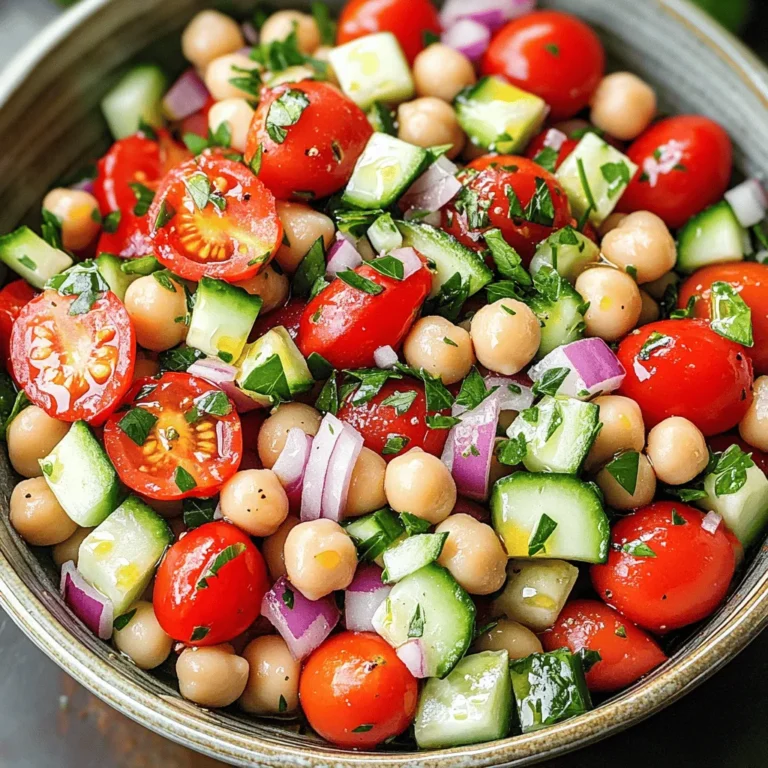 To make the Tomato and Herby Bean Salad, gather these simple ingredients: - 1 can (15 oz) chickpeas, drained and rinsed - 1 can (15 oz) cannellini beans, drained and rinsed - 2 cups cherry tomatoes, halved - 1 small red onion, finely diced - 1 cucumber, diced - 1/2 cup fresh parsley, chopped - 1/4 cup fresh basil, chopped - 3 tablespoons olive oil - 2 tablespoons balsamic vinegar - 1 clove garlic, minced - Salt and black pepper to taste You can easily swap some ingredients if you need to. Here are a few ideas: - Use black beans instead of chickpeas for a different taste. - Swap cannellini beans with navy beans if you want. - Green onions can replace red onion for a milder flavor. - If you don't have fresh herbs, try dried herbs like Italian seasoning. - Lemon juice can be used instead of balsamic vinegar for a zesty kick. Fresh ingredients bring brightness and crunch to the salad. Cherry tomatoes and cucumbers offer a lovely crispness. Fresh herbs give the dish a vibrant flavor. However, canned beans save time and are still healthy. They provide protein and fiber without much fuss. If you choose fresh beans, cook them until soft. Balance between fresh and canned can enhance your salad. I recommend using fresh herbs whenever possible for the best taste. For the complete recipe, you can refer to the Full Recipe. First, gather all your ingredients. Use these items for your fresh tomato and herby bean salad: - 1 can (15 oz) chickpeas, drained and rinsed - 1 can (15 oz) cannellini beans, drained and rinsed - 2 cups cherry tomatoes, halved - 1 small red onion, finely diced - 1 cucumber, diced - 1/2 cup fresh parsley, chopped - 1/4 cup fresh basil, chopped Make sure to rinse the beans well. This removes extra salt and keeps your salad light. Cut the cherry tomatoes in half. Dice the red onion and cucumber into small pieces. Finally, chop the parsley and basil finely for flavor. In a large mixing bowl, combine the drained chickpeas and cannellini beans. Add in the halved cherry tomatoes, diced red onion, and cucumber. Use a large spoon to mix gently. This helps keep the tomatoes intact. Look for a nice mix of colors and textures in your bowl. For the dressing, grab a small bowl. Whisk together these ingredients: - 3 tablespoons olive oil - 2 tablespoons balsamic vinegar - 1 clove garlic, minced - Salt and black pepper to taste Mix until the oil and vinegar blend well. The garlic adds a nice kick, while the vinegar gives it a tangy bite. Tasting the dressing is key. Adjust the salt and black pepper to fit your taste. Now, pour the dressing over your salad mixture. Add the chopped parsley and basil. Gently toss everything together until all parts are coated. The colors should pop, and the smell should make your mouth water! Let the salad sit for at least 15 minutes. This time allows the flavors to meld. The longer you wait, the better the taste. For the full recipe, check out the detailed instructions provided above. Enjoy your fresh flavor delight! To boost the taste of your Tomato and Herby Bean Salad, use fresh herbs. Fresh parsley and basil make a big difference. Try adding a squeeze of lemon juice for a zesty kick. You can also add a pinch of chili flakes for a little heat. Let the salad sit for at least 15 minutes before serving. This helps the flavors blend well. When selecting tomatoes, look for firm ones that feel heavy. Cherry tomatoes are sweet and juicy, perfect for this salad. If using larger tomatoes, choose ripe ones with no blemishes. The color should be bright and vibrant. Avoid tomatoes that are too soft or have dark spots. Serve this salad in a large, shallow bowl. Garnish with extra herbs to add color. You can sprinkle crumbled feta cheese on top for a tasty twist. This salad pairs well with grilled meats or crusty bread. It is also great as a light meal on its own. For the full recipe, check out the complete guide. {{image_2}} You can make the tomato and herby bean salad even better. Try adding some cheese, like feta or goat cheese. Cheese adds creaminess and tang. You can also toss in some nuts, like walnuts or almonds. Nuts give a nice crunch. These additions can change the texture and taste, making the salad more fun. While parsley and basil shine in this salad, other herbs can work well too. Try adding cilantro or dill for a different flavor. Mint also adds a fresh taste. Mix and match herbs to find your favorite combination. Using different herbs can bring new life to the same dish. You can turn this salad into a full meal. Add grilled chicken or shrimp for extra protein. For a vegetarian option, toss in some avocado or hard-boiled eggs. Quinoa or brown rice can also add fullness. These additions make the salad heartier and more satisfying. You’ll enjoy a complete dish that still feels light and fresh. Check out the Full Recipe for more ideas! To keep your Tomato and Herby Bean Salad fresh, store it in an airtight container. Glass containers work best here, as they help keep flavors intact. Before sealing, make sure the salad is cool. This prevents moisture from forming inside the container. You can also separate the dressing and salad if you want to keep it crisp. When stored properly, the salad lasts about 3 to 5 days in the fridge. If you see any signs of spoilage, like an off smell or mushy veggies, toss it out. For best taste, try to enjoy the salad within the first few days. This salad tastes best cold. If you want to refresh it, add a splash of olive oil or a squeeze of lemon. Mix it gently to bring back that fresh flavor. Avoid reheating, as it can make the beans mushy and the vegetables lose their crunch. For a little zing, sprinkle with fresh herbs before serving again. For the full experience, check the Full Recipe. For a herby bean salad, I love using chickpeas and cannellini beans. They provide great texture and taste. You can also use black beans or kidney beans for extra color and flavor. Each bean adds its own unique touch. The key is to choose beans you enjoy. Yes, you can make this salad a day ahead. It saves time when you have guests. Just store it in the fridge in a tight container. The flavors blend nicely overnight. Just be sure to give it a good stir before serving. Freshness is key! Letting the salad sit is a good idea. It helps the flavors combine. I recommend at least 15 minutes. This time lets the dressing soak in and enhances the taste. You can even let it rest longer if you wish. Just keep it cool. This salad is already vegan! All the ingredients are plant-based. The olive oil and vinegar dressing adds great taste without animal products. If you want more flavor, you can add vegan cheese or nuts. Enjoy the fresh flavors while keeping it plant-friendly. This blog post gave you a detailed guide on making a delicious Tomato and Herby Bean Salad. We covered the ingredients, step-by-step instructions, and useful tips. You learned how to choose fresh ingredients, mix flavors, and store leftovers properly. Try adding different herbs or proteins to make it your own. With these insights, you can create a flavorful meal that suits your taste. Enjoy making this salad and impress your family and friends!