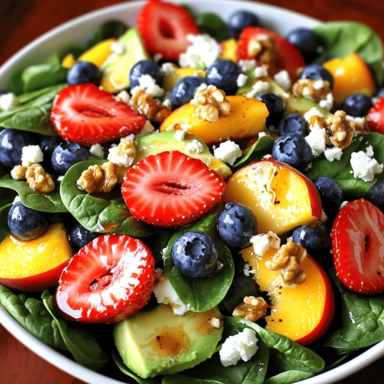 - 4 cups fresh baby spinach - 1 cup strawberries, halved - 1 cup blueberries - 1 ripe peach, diced - 1 avocado, diced - 1/4 cup feta cheese, crumbled - 1/4 cup walnuts, toasted - 2 tablespoons honey - 2 tablespoons balsamic vinegar - 1 tablespoon olive oil - Salt and pepper to taste How to choose ripe fruits Pick fruits that feel firm yet yield slightly when pressed. For peaches, look for a rich color and a pleasant smell. Strawberries should be bright red with no white patches. Blueberries should be plump and deep blue. This will ensure your salad bursts with flavor. Importance of fresh spinach quality Always choose bright green, crisp baby spinach. Avoid leaves that look wilted or yellow. The freshness of the spinach adds a vital touch to your salad. Fresh spinach also packs more nutrients, making your dish healthier and tastier. For more ideas, check out the [Full Recipe]. To make a great salad, start by cleaning the spinach well. Rinse it under cool water and shake off the excess. Pat it dry with a clean kitchen towel. This step is key to keeping your salad fresh. After that, place the spinach in a large bowl. Next, let's prepare the fruits. Dice the peach into small cubes. Halve the strawberries and make sure the blueberries are clean. The goal is to have bite-sized pieces for easy eating. Dicing correctly helps all the flavors mix well. Now it’s time to combine the fruits with the spinach. Add the strawberries, blueberries, diced peach, and avocado to the spinach in the bowl. This mix creates a colorful and tasty salad. For the dressing, take a small bowl and add honey, balsamic vinegar, and olive oil. Whisk these ingredients together until they blend smoothly. This dressing will add a sweet and tangy flavor to your salad. Drizzle the dressing over the salad mixture. Gently toss everything together. You want the dressing to coat all the ingredients evenly. This step ensures each bite is flavorful. Finally, sprinkle the crumbled feta cheese and toasted walnuts on top. These toppings add great texture and taste. Season with salt and pepper to your liking. Give it one last gentle toss to mix in the toppings. For serving, I suggest using a large salad bowl. It makes the salad easy to share. You can also serve it in individual bowls for a personal touch. I recommend using salad tongs or a large spoon for serving. These tools help you scoop up the salad without making a mess. Enjoy your fresh and tasty delight! For detailed steps, you can check the Full Recipe. To make your summer spinach and fruit salad pop, focus on seasoning. Use salt and pepper wisely. Just a pinch can bring out the flavors of the fruits and spinach. Taste as you go. This helps you find the right balance. Serve your salad right away for the best taste. If you want it chilled, put it in the fridge for about 30 minutes. This gives the flavors time to blend. However, don’t let it sit too long. Freshness is key! You can choose between homemade and store-bought dressings. Homemade dressings taste fresh and let you control flavors. For a quick option, grab a store-bought dressing. Both work well with this salad. Try different dressings like lemon vinaigrette or yogurt-based dressings. They add a unique twist. Experimenting can lead to your new favorite flavor! Add toppings to make your salad exciting. Consider nuts or seeds for extra crunch. Walnuts are great, but you could also use almonds or sunflower seeds. Both nuts and seeds add healthy fats and protein. They also change the texture, making every bite interesting. Mix and match to see what you enjoy most! For the full recipe, check out the Refreshing Summer Spinach and Fruit Salad . {{image_2}} In summer, many fruits shine and can brighten your salad. You can try adding nectarines or cherries for a sweet twist. Raspberries add a tart touch, while kiwi brings a fun pop of color. You can mix and match to find your favorite combo. Always look for fresh, ripe fruits at your local market. Adapting to seasonal ingredients keeps your salad fresh and exciting. If you're looking for vegan options, skip the feta cheese and use a plant-based alternative. You can also add chickpeas for protein. To make the salad nut-free, replace walnuts with sunflower seeds or pumpkin seeds. These swaps keep your salad tasty while meeting dietary needs. If you need to scale the recipe, it's easy. For a small gathering, cut the ingredients in half. For larger groups, double them. You can adjust flavors based on your taste. If you love sweetness, add more honey. Want a tangy kick? Increase the balsamic vinegar. Play around with the ingredients to create a salad that suits your palate. For the full recipe, check out the complete instructions above. To keep your salad fresh, store it in an airtight container. This helps prevent wilting. If you have leftover dressing, keep it separate. This way, your salad stays crisp and tasty. Spinach and fruits need to be fresh for the best taste. Fresh spinach lasts about three to five days in the fridge. Berries and peaches should be used within two to three days. Check for signs of spoilage, like brown spots or mushiness. Refreshing a chilled salad is simple. Just add a splash of lemon juice or vinegar. This brings back some flavor. If you need to reheat leftovers, do it gently. Use low heat in a pan. Avoid microwaving, as it can make the salad soggy. Enjoy your Summer Spinach and Fruit Salad fresh and vibrant! For the full recipe, check out the detailed guide. Can I make this salad in advance? Yes, you can make this salad ahead of time. I suggest not adding the dressing until you are ready to serve. This keeps the spinach fresh and crisp. You can store it in the fridge for up to a day. What are some protein options to add? You can boost your salad with some protein. Grilled chicken, shrimp, or chickpeas work great. Tofu is also an excellent choice for a vegetarian option. Just add about a cup of your chosen protein to the salad. Breakdown of health benefits This salad is packed with nutrients. Spinach is rich in iron, vitamins, and minerals. Fruits like strawberries and blueberries are high in antioxidants. Avocado adds healthy fats, while walnuts provide omega-3s. Feta cheese gives you calcium and protein. Calorie count per serving Each serving of this salad has around 250 calories. This can vary based on added protein or dressing. It is a light meal, perfect for hot summer days. What fruits pair best with spinach? Berries are a great choice. Strawberries, blueberries, or raspberries all work well. You can also try apples or pears for a crunch. Citrus fruits like oranges add a refreshing zing. Can I swap out ingredients for what I have on hand? Absolutely! You can use any fruits you like. If you don’t have walnuts, try pecans or almonds. For cheese, goat cheese works well too. The key is to keep it fresh and fun. This article covered how to make a fresh summer spinach and fruit salad. You learned about selecting ripe, tasty ingredients and how to prepare them. We shared tips for mixing flavors and enhancing texture while offering various dressing options. You can customize the recipe to fit your needs and store leftovers properly. Embrace the fun of making this salad to enjoy fresh flavors all summer long. With these tips, you’ll create healthy and tasty meals everyone will love.