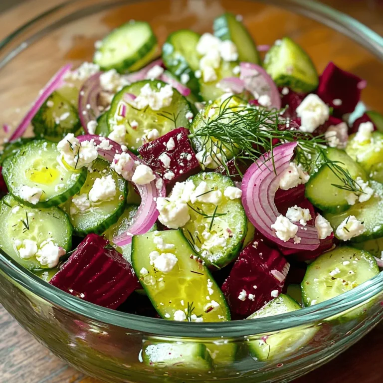 - 2 medium beets, roasted and diced - 1 large cucumber, diced - 1 cup feta cheese, crumbled - 1/4 red onion, finely sliced - 1/4 cup fresh dill, chopped - 2 tablespoons olive oil - 2 tablespoons apple cider vinegar - Salt and pepper to taste - 1 tablespoon honey (optional for sweetness) When I create my Beet and Feta Cucumber Salad, I focus on fresh ingredients. Each item adds unique taste and texture. The beets bring a sweet earthiness. They also give the dish a beautiful color. Cucumbers add crispness. Their coolness balances the rich feta cheese. I love using crumbled feta. It adds a salty, creamy flavor that pairs perfectly with the beets. Red onion gives a sharp bite. It also adds a pop of color. Fresh dill brings a herby brightness. I often choose fresh over dried for better flavor. The dressing is simple yet effective. Olive oil and apple cider vinegar create a tangy base. I adjust the salt and pepper to enhance all the flavors. If I want sweetness, I add honey. This balance makes the salad truly special. A serving of this salad has about 200 calories. It contains 10 grams of fat, 20 grams of carbs, and 6 grams of protein. This makes it a great light meal or side dish. - Beets: They support heart health and improve blood flow. - Feta Cheese: It provides protein and calcium. - Cucumber: It hydrates and is low in calories. - Dill: This herb has antioxidants and can aid digestion. These ingredients not only taste great but also offer health benefits. The salad is a delightful way to enjoy them all. For the full recipe, check out the Beet & Feta Cucumber Delight 🥗. Roasting beets is simple and rewarding. First, preheat your oven to 400°F (200°C). Wrap each beet in aluminum foil. Place them directly on the oven rack. Roast for 45 to 60 minutes. Check for tenderness by piercing with a fork. Once soft, remove them from the oven and let them cool. After cooling, peel the skins off. Dice the beets into small cubes for your salad. In a large mixing bowl, combine the diced beets, diced cucumber, crumbled feta cheese, finely sliced red onion, and chopped dill. Ensure all ingredients are evenly spread. This mix brings a bright, colorful look to your salad. The flavors blend well, adding a fresh taste to each bite. To make the dressing, grab a small jar or bowl. Add 2 tablespoons of olive oil and 2 tablespoons of apple cider vinegar. If you prefer some sweetness, add 1 tablespoon of honey. Season with salt and pepper. Shake or whisk until well combined. Pour this dressing over your salad mixture. Gently toss everything together for even coating. Let the salad chill in the refrigerator for at least 15 to 30 minutes. This helps the flavors meld beautifully. For the full recipe, check the original source. To roast beets perfectly, start with good-sized beets. Choose beets that are firm and smooth. Here’s how to roast them well: - Preheat your oven to 400°F (200°C). - Wrap each beet in aluminum foil. - Place the wrapped beets directly on the oven rack. - Roast for 45-60 minutes. Check for doneness with a fork. - Let them cool, then peel and dice. This method keeps the beets moist and flavorful. Roasting brings out their natural sweetness and adds depth to your salad. Flavor starts with fresh ingredients. Here are some tips to boost taste: - Use ripe cucumbers for crunch. - Choose high-quality feta cheese for creaminess. - Add fresh dill to brighten the dish. - Season with salt and pepper before mixing. - Drizzle olive oil and apple cider vinegar for a tasty dressing. Mixing these elements together creates a fresh burst of flavor. Don't forget, a touch of honey can balance the tanginess if desired. A beautiful salad makes eating more fun. Here are some creative ways to serve it: - Use a clear glass bowl to show off the vibrant colors. - Layer the ingredients for a colorful display. - Garnish with extra feta and a sprig of dill on top. - Serve with a side of crusty bread for added texture. These simple ideas make your Beet and Feta Cucumber Salad not just tasty but also a feast for the eyes. To see the full recipe, check out the Beet & Feta Cucumber Delight. {{image_2}} You can boost the nutrition of this salad by adding protein. Grilled chicken works well. Simply slice it and mix it into the salad. If you want a vegetarian option, try chickpeas. Rinse a can of chickpeas and add them in for a hearty touch. This addition makes the salad filling and satisfying. Don't be afraid to switch up the flavors! You can try different cheeses. Goat cheese adds a tangy twist. Or, for something creamier, opt for ricotta. You can also change the dressing. A lemon vinaigrette gives a fresh zing. Experiment with what you have at home to find your favorite mix. Seasonal fruits and veggies can enhance your salad. In summer, add sweet cherry tomatoes or crisp radishes. In fall, try diced apples or pears for sweetness. You can also add nuts like walnuts or pecans for crunch. These add-ins keep the salad exciting and fresh, reflecting the seasons. Store your Beet and Feta Cucumber Salad in a sealed container. This keeps it fresh and prevents odors in your fridge. If you have separate ingredients, store them apart to keep flavors intact. This salad stays fresh in the fridge for up to 3 days. After that, the ingredients may lose their crunch, and the flavors may fade. Freezing is tricky with this salad, as it contains cucumbers and feta, which do not freeze well. Instead, consider freezing only the beets. Cooked beets can last up to 6 months in the freezer. Just ensure they are in an airtight container. When ready, thaw them in the fridge before mixing into the salad. Yes, you can make this salad ahead of time. I suggest prepping it a few hours before serving. This allows the flavors to blend well. Keep it in the fridge until you're ready to eat. If you want to make it a day ahead, that's fine too. Just remember to stir it well before serving. This salad pairs well with many dishes. You can serve it with grilled chicken for a hearty meal. It also goes great with fish, like salmon or tilapia. If you want a vegetarian option, try it alongside quinoa or lentils. Fresh bread is a nice touch too. Absolutely! This salad is perfect for meal prep. You can portion it into containers for the week. Just keep the dressing separate until you're ready to eat. This way, the salad stays fresh and crisp. Each portion is an easy grab-and-go lunch or snack. For the complete recipe, check out the [Full Recipe]. In this blog post, we explored a vibrant beet and feta cucumber salad. We discussed essential ingredients and their health benefits. You learned how to roast beets, assemble the salad, and create a tasty dressing. I shared tips for roasting and enhancing flavor. Additionally, we looked at variations, storage, and FAQs. Try making this salad as a fresh side dish or meal prep option. Enjoy the colors and flavors that boost your health!