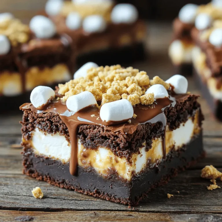 - 1 cup unsalted butter (2 sticks) - 2 cups granulated sugar - 4 large eggs - 1 teaspoon vanilla extract - 1 cup all-purpose flour - 1 cup unsweetened cocoa powder - 1/2 teaspoon baking powder - 1/4 teaspoon salt - 1 cup chocolate chips - 1 cup mini marshmallows - 1 cup crushed graham crackers These ingredients bring the magic to S'mores brownies. The unsalted butter gives a smooth base. Sugar adds sweetness and helps with texture. Eggs provide moisture and help the brownies rise. Vanilla extract enhances flavor. Flour and cocoa powder create a rich, fudgy texture. Baking powder helps them puff up. The salt balances the sweetness. Chocolate chips make each bite gooey. Mini marshmallows add a fun, toasted flavor. Crushed graham crackers give that classic S'mores crunch. - Alternatives for unsalted butter: You can use coconut oil or margarine. Both give similar results. - Egg substitutes for a vegan option: Use applesauce or flaxseed meal mixed with water. Each works well in brownies. - Low-sugar alternatives for healthier brownies: Try using coconut sugar or a sugar substitute like stevia. These keep the sweetness without all the calories. These substitutions let you customize your S'mores brownies. Whether you want them dairy-free or lower in sugar, there's a way to enjoy them! For the complete recipe, check the Full Recipe section above. - Preheat the oven to 350°F. - Prepare a 9x13 inch baking pan. Grease it or line it with parchment paper. - Start by melting 1 cup of unsalted butter in a medium saucepan over low heat. - Once melted, stir in 2 cups of granulated sugar until mixed well. - Allow this mixture to cool slightly. Then add 4 large eggs, one at a time. Mix well after each egg. - Stir in 1 teaspoon of vanilla extract. - In a separate bowl, whisk together 1 cup of all-purpose flour, 1 cup of unsweetened cocoa powder, 1/2 teaspoon of baking powder, and 1/4 teaspoon of salt. - Gradually mix the dry ingredients into the wet ingredients. Stir until just combined. A few lumps are okay. - Fold in 1 cup of chocolate chips evenly throughout the batter. - Pour half of the brownie batter into the prepared pan. Spread it evenly. - Sprinkle half of the crushed graham crackers over this first layer. Then add half of the mini marshmallows. - Pour the rest of the brownie batter over the marshmallow and graham cracker layer. Smooth it out gently. - Top with the remaining graham cracker crumbs and mini marshmallows. - Bake in the preheated oven for 30-35 minutes. - Look for moist crumbs on a toothpick inserted into the center. It should not have wet batter. To make your S'mores Brownies perfectly fudgy, follow these steps: - Use room temperature eggs: This helps mix better and creates a smoother batter. - Don’t overmix the batter: Mix just until the dry and wet ingredients combine. Some lumps are okay. Overmixing can make brownies dense. These tips ensure a soft, moist texture that melts in your mouth. When serving S'mores Brownies, make them look extra special: - Garnish with extra mini marshmallows: Add them on top and even toast them slightly for that campfire feel. - Pair with ice cream: A scoop of vanilla ice cream on the side makes it a delightful treat. Drizzle some chocolate sauce over the top for an added touch. These simple steps will impress your guests and make your brownies shine. Having the right tools makes baking easier: - Essential baking tools: Use a good mixing bowl, spatula, and whisk. These help combine your ingredients well. - Recommended pans: A 9x13 inch baking pan is perfect for this recipe. Parchment paper helps with easy removal. Using the right tools helps you achieve the best results with your S'mores Brownies. {{image_2}} You can make S'mores Brownies even more fun! Adding peanut butter gives a tasty twist. Just mix in half a cup of creamy peanut butter with the butter and sugar. This blend adds a nutty flavor that pairs perfectly with chocolate. You can also use different chocolate chips. Try dark chocolate for a rich taste or white chocolate for a sweet touch. Each choice changes the flavor, making it your own. If you need gluten-free options, swap the all-purpose flour for a gluten-free blend. This keeps the brownies just as tasty without the gluten. Make sure your chocolate chips and graham crackers are also gluten-free. For a dairy-free version, use coconut oil instead of butter. You can find dairy-free chocolate chips too. This way, everyone can enjoy these brownies without worry. You can add seasonal toppings for fun! In fall, try chopped apples or cinnamon. For winter holidays, sprinkle some peppermint candies on top. These touches make your brownies festive. S'mores Brownies are great for special occasions. They are perfect for birthday parties or family gatherings. Everyone loves brownies, and these will be a hit! To keep your S'mores Brownies fresh, store them in an airtight container. This helps maintain their soft texture. You can also use plastic wrap to cover them. I prefer glass containers because they do not absorb odors. Layer parchment paper between brownie layers to prevent sticking. Freezing S'mores Brownies is easy and keeps them tasty. Here’s how: 1. Let the brownies cool completely. 2. Cut them into squares. 3. Wrap each square tightly in plastic wrap. 4. Place the wrapped brownies in a freezer-safe bag or container. 5. Label with the date and freeze. When you're ready to enjoy them, follow these tips: - Thaw brownies in the fridge overnight. - For a warm treat, microwave a square for 10-15 seconds. S'mores Brownies last about a week at room temperature. Keep them in a cool, dry place. If stored in the fridge, they can last up to two weeks. Signs that the brownies have gone bad include a dry texture or a sour smell. Always check before eating! What temperature should brownies be when baked? Brownies should bake at 350°F (175°C). This temperature helps them cook evenly. Higher temps can burn the edges before the center is done. A lower temp might leave them too gooey. So stick to this range for the best results! Why are my brownies dry? Brownies can become dry for a few reasons. Overbaking is the main cause. Always check them a bit early with a toothpick. If it comes out clean, they are done. Also, using too much flour can dry them out. Make sure to measure carefully for success! How to know when brownies are done? To know if brownies are done, use a toothpick. Insert it into the center. If it comes out with a few moist crumbs, they are ready. If it comes out clean, they may be overbaked. Trust your instincts and check them at the lowest baking time. Can I make S'mores Brownies ahead of time? Yes, you can make S'mores Brownies ahead of time. Bake them and cool completely. Then, cover them well. Store them in the fridge for up to three days. For longer storage, freeze them. They will taste great even after thawing! Can I use cocoa powder instead of chocolate? Yes, you can use cocoa powder instead of chocolate. Just make sure to adjust the recipe. You’ll need to add a bit more fat to keep it rich. Use about 1/2 cup cocoa powder and add extra butter or oil. This helps keep the brownies moist and tasty. What if I don’t have graham crackers? If you don’t have graham crackers, use other cookies. Digestive biscuits or vanilla wafers work well too. You can even crush up chocolate cookies for a twist. Just aim for a similar texture for the layers. This keeps the S'mores theme alive! - Full Recipe for S'mores Brownies: Detailed instructions and ingredients list included in the recipe section. You’ve learned how to make S'mores Brownies. We discussed key ingredients, variations, and tips for baking. Remember, using quality ingredients leads to the best results. Don't forget to store your brownies correctly for lasting freshness. Try the different variations and find your favorite twist! Baking can be fun and rewarding. Enjoy every bite of your delicious S'mores Brownies!