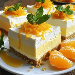 To create the No-Bake Orange Creamsicle Cheesecake, you will need the following: - 1 ½ cups graham cracker crumbs - ¼ cup granulated sugar - ½ cup unsalted butter, melted - 16 oz cream cheese, softened - ¾ cup powdered sugar - 2 teaspoons vanilla extract - 1 cup heavy whipping cream - ½ cup freshly squeezed orange juice - Zest of 1 orange - ¼ teaspoon orange extract (optional) These ingredients come together to form a creamy and zesty cheesecake that reminds me of summer days. The graham cracker crust adds a nice crunch, while the cream cheese filling is rich and smooth. You can enhance your cheesecake with these fun garnishes: - Fresh orange segments - Mint leaves - Orange syrup Adding fresh orange segments and mint leaves gives a fresh touch. Orange syrup adds sweetness and a lovely finish. These garnishes make your cheesecake look even more inviting. If you follow the Full Recipe, you’ll have a delightful dessert that everyone will love. - Combine 1 ½ cups graham cracker crumbs, ¼ cup granulated sugar, and ½ cup melted unsalted butter in a bowl. - Mix until it looks like wet sand. - Press this mixture firmly into the bottom of a 9-inch springform pan. - Chill the crust in the fridge while you work on the filling. - In a large bowl, beat 16 oz of softened cream cheese until very smooth. - Add ¾ cup powdered sugar and 2 teaspoons vanilla extract to the cream cheese. - Mix well until fully combined. - Pour in ½ cup of freshly squeezed orange juice, the zest of 1 orange, and ¼ teaspoon orange extract (if using). - Stir until the mixture is smooth and creamy. - In a separate bowl, whip 1 cup of heavy cream until stiff peaks form. - Gently fold the whipped cream into the cheesecake mixture. - Be careful not to deflate the whipped cream as you mix. - Spoon the smooth filling over the chilled crust. - Spread it evenly with a spatula. - Cover the cheesecake with plastic wrap and refrigerate for at least 4 hours, or overnight for the best results. - Once it sets, carefully remove the sides of the springform pan. - You can garnish it with extra orange zest or segments for a fresh look. Follow these steps carefully to make the No-Bake Orange Creamsicle Cheesecake Delight come out perfectly! For further details, check the Full Recipe. To get the best texture for your No-Bake Orange Creamsicle Cheesecake, start with soft cream cheese. If the cream cheese is cold, it will be hard to mix. Take it out of the fridge and let it sit for about 30 minutes before you start. This way, it will blend smoothly. When you whip the heavy cream, make sure to whip it until stiff peaks form. Then, when you fold the whipped cream into the cream cheese mixture, do it gently. This keeps the air in the whipped cream, making your cheesecake light and fluffy. For a beautiful presentation, use a hot knife to slice the cheesecake. A hot knife will cut through the cream easily and give you clean slices. After cutting, you can garnish the slices just before serving. This keeps the garnish fresh and colorful. A sprinkle of orange zest or a few fresh orange segments on top adds a lovely touch. This cheesecake pairs well with fresh fruit, like berries or orange slices. The fruit adds a nice contrast to the creamy cheesecake. For drinks, consider serving it with a light tea or a refreshing lemonade. These beverages complement the sweet and tart flavors of the cheesecake. For more detailed instructions, check the Full Recipe. {{image_2}} You can change the flavor of this cheesecake easily. Try adding different fruit juices. Lemon and mango work great. They give a fresh and unique taste. You can also add a chocolate layer. Just melt some chocolate and pour it over the crust. Let it cool before adding the filling. This twist adds richness and depth. If you need a gluten-free option, use gluten-free graham crackers. They work well in the crust and keep the taste. For a vegan version, swap cream cheese and whipped cream for vegan alternatives. Look for brands that taste rich and creamy. This way, everyone can enjoy the dessert without worry. You can make mini cheesecakes for fun, individual servings. Use muffin tins or small jars. Just press the crust into each cup and fill with the cheesecake mix. Adjust the chilling time to about 2 hours. This way, they set faster. Plus, mini cheesecakes are perfect for parties and gatherings. They are easy to serve and eat. For the full recipe, check out the main section! To keep your No-Bake Orange Creamsicle Cheesecake fresh, store it in the fridge. Use an airtight container to prevent it from drying out or absorbing other smells. You can also cover the cheesecake with plastic wrap if you don't have a container. Make sure to consume leftovers within three to four days for the best taste. If you want to freeze the cheesecake, you can do that too. First, let it set completely in the fridge. Then, wrap it tightly in plastic wrap and place it in a freezer-safe container. This helps keep the texture nice. To defrost, move it to the fridge for several hours or overnight. Avoid thawing it at room temperature, as this can make it watery. After freezing, the cheesecake may be a bit softer, but it will still taste great! Yes, you can make this cheesecake ahead of time. I recommend preparing it a day in advance. This allows the flavors to blend nicely. Plus, chilling overnight makes the cheesecake even firmer. Store it in the refrigerator, tightly covered. This way, it stays fresh and delicious. The cheesecake needs to chill for at least four hours. However, for the best results, I suggest letting it set overnight. This allows the filling to firm up fully. A longer chill time ensures easy slicing. It also helps the flavors develop more. If you want a substitute for heavy cream, try using coconut cream. It gives a nice richness and flavor. Another option is using whipped topping, which is lighter. Greek yogurt can also work, but it changes the texture a bit. Choose what fits your taste and needs best. Yes, you can make a dairy-free version of this cheesecake. Use vegan cream cheese instead of regular cream cheese. Substitute coconut cream for heavy cream. For the crust, ensure you use dairy-free butter or oil. This way, you can enjoy the same great taste without dairy! This cheesecake recipe combines simple ingredients and steps for a delicious treat. You learned how to prepare the crust, make the creamy filling, and present your dessert beautifully. You can even try new flavors or dietary options. Remember to store leftovers properly for best freshness. Embrace your creativity with this recipe and enjoy every bite of your homemade cheesecake. It’s a fun and rewarding experience that you can share with friends and family.
